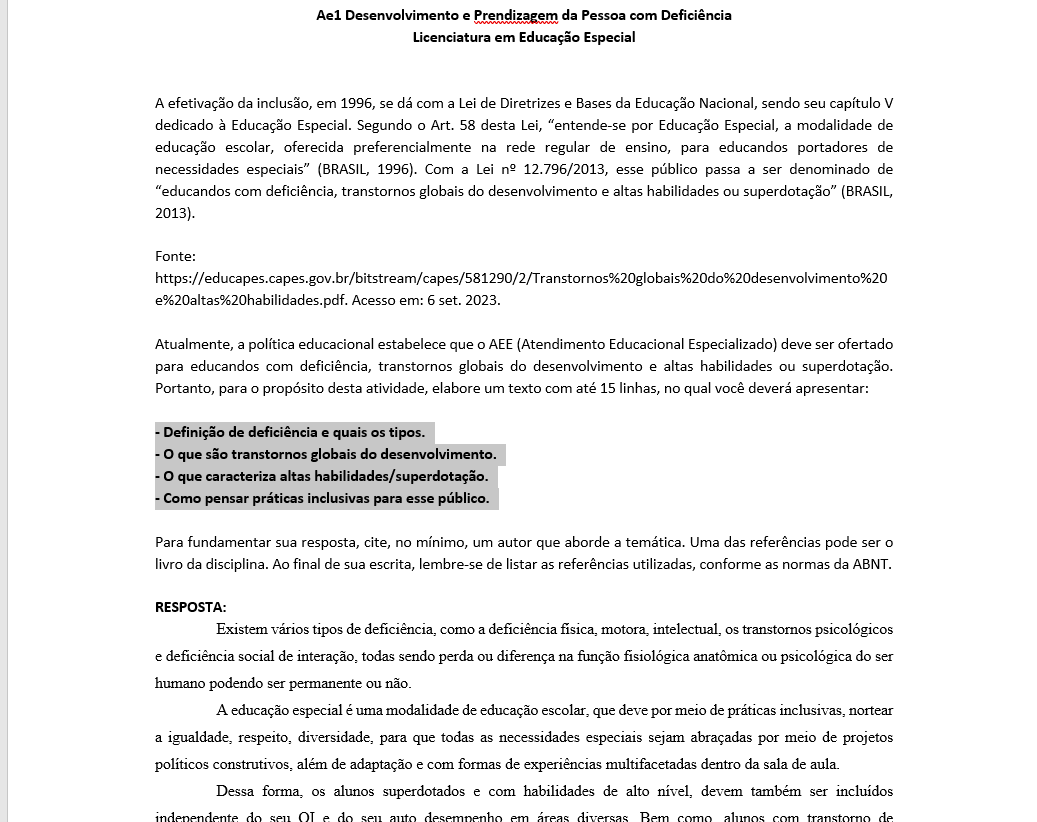 Ae1 Desenvolvimento e Prendizagem da Pessoa com Deficiência Licenciatura em Educação Especial