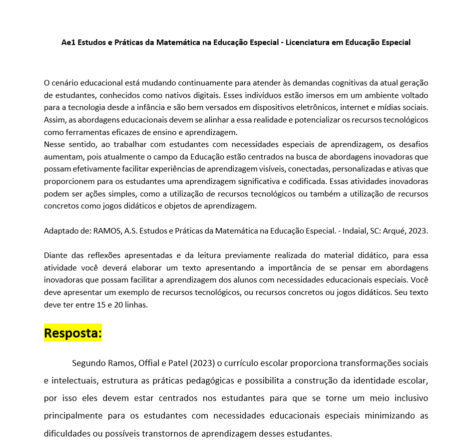 Ae1 Estudos e Práticas da Matemática na Educação Especial - Licenciatura em Educação Especial