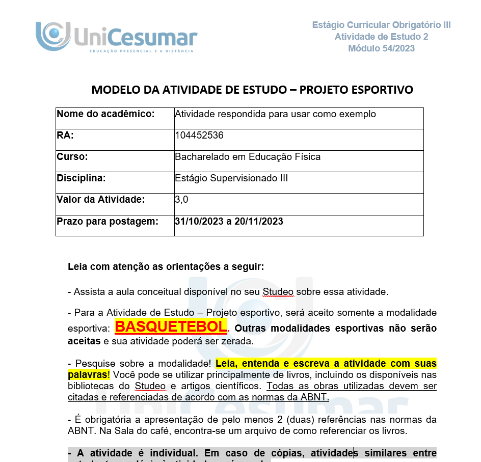 Estágio unicesumar lll projeto esportivo