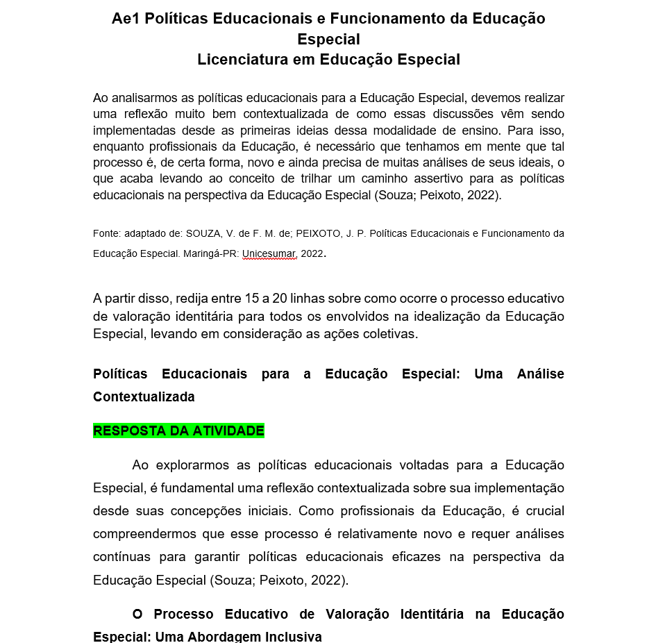 Ae1 Políticas Educacionais e Funcionamento da Educação Especial Licenciatura em Educação Especial