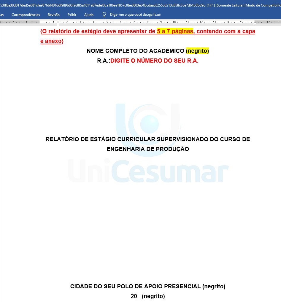 RELATÓRIO DE ESTÁGIO CURRICULAR SUPERVISIONADO DO CURSO DE ENGENHARIA DE PRODUÇÃO