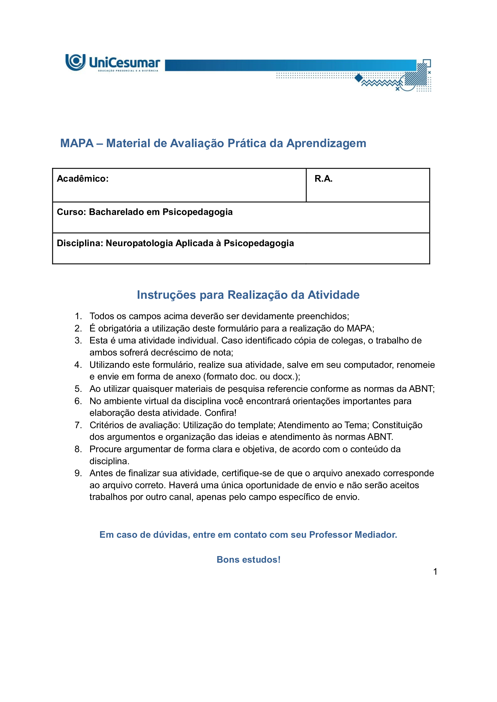 Resposta Atividade Mapa: Neuropatologia Aplicada à Psicopedagogia