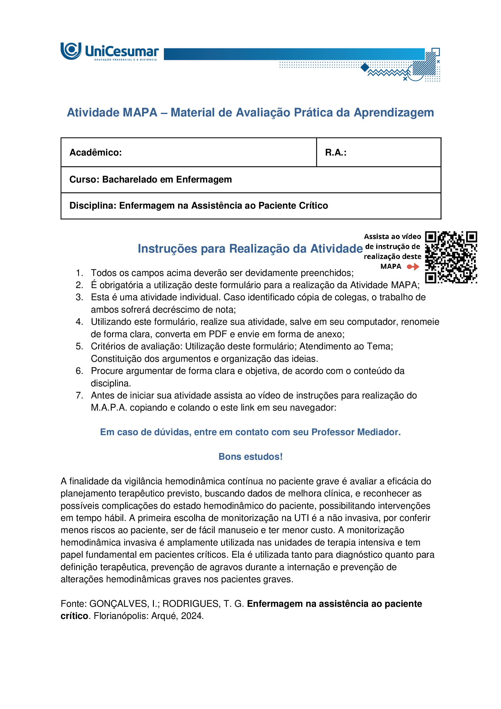 MAPA: Enfermagem na Assistência ao Paciente Crítico