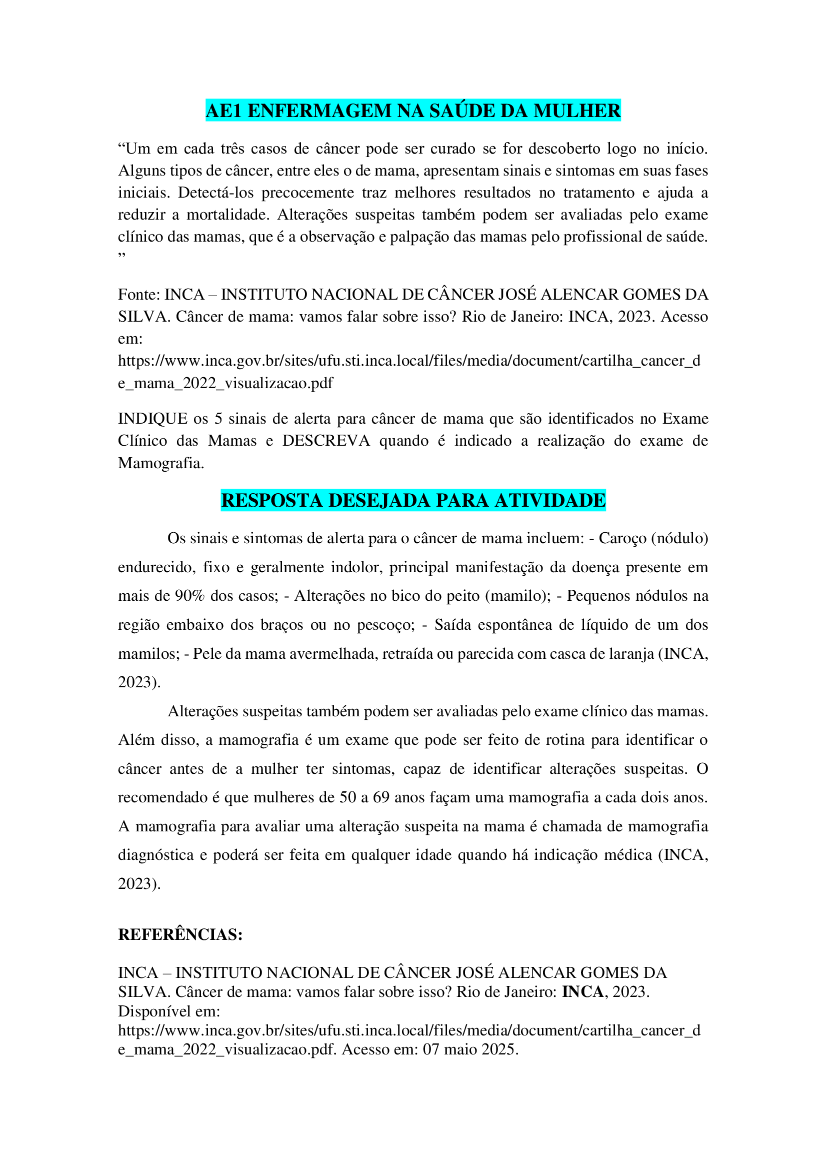 Atividade de Estudo 1: Enfermagem na Saúde da Mulher