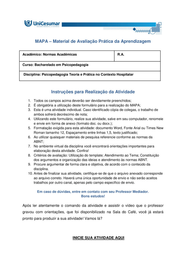 Resposta Mapa: Psicopedagogia Teoria e Prática no Contexto Hospitalar Módulo 52/2025
