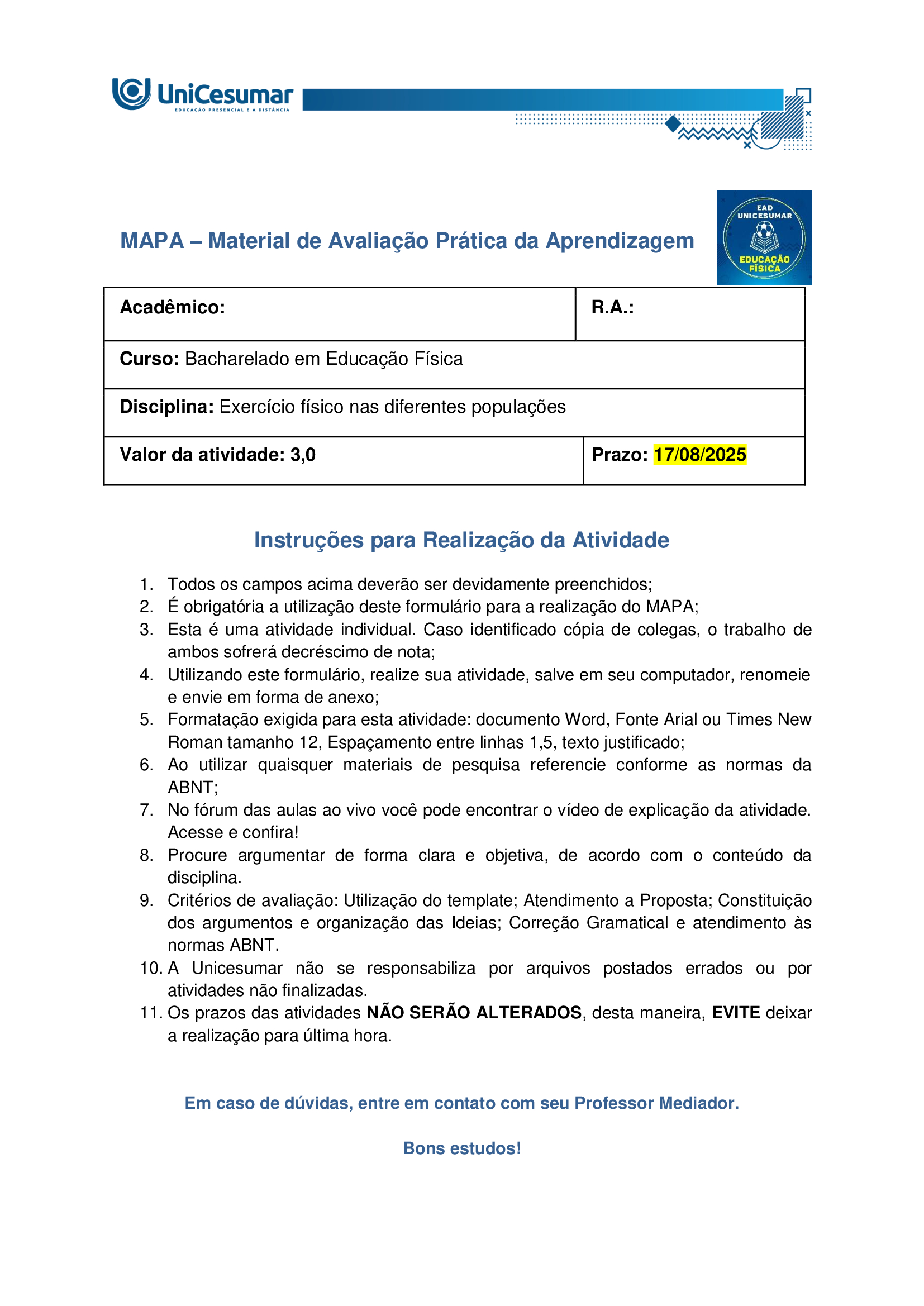 Resposta: Mapa Exercício Físico Nas Diferentes Populações 53/2025