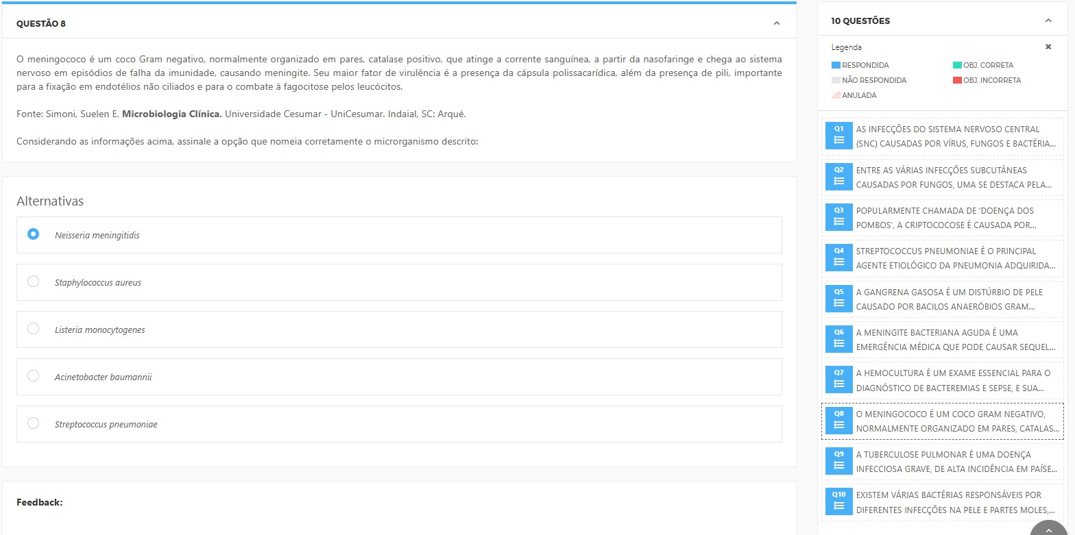 O microrganismo descrito como coco gram-negativo em pares, catalase positivo, capsulado, com pili para fixação na nasofaringe e capaz de causar meningite é: Neisseria meningitidis Staphylococcus aureus Listeria monocytogenes Acinetobacter baumannii Streptococcus pneumoniae