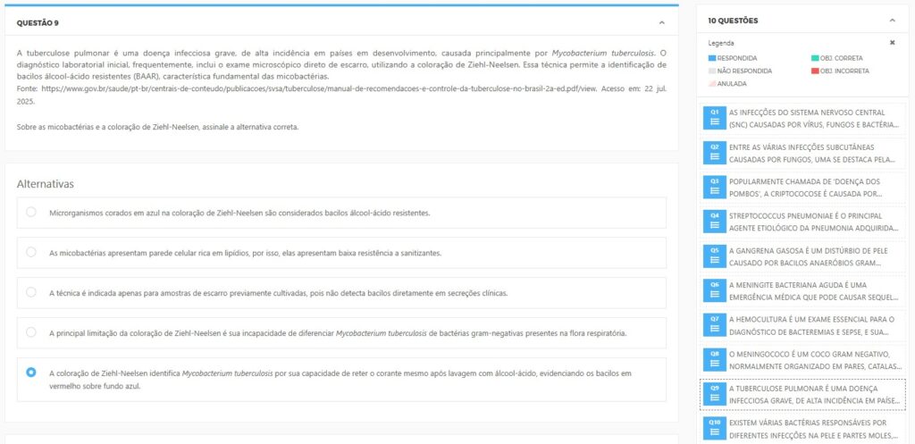 Sobre micobactérias e a coloração de Ziehl-Neelsen, assinale a correta.  Elementos azuis no ZN são BAAR. Parede rica em lipídios confere baixa resistência a sanitizantes. O ZN só é indicado após cultura prévia do escarro.
A principal limitação é confundir M. tuberculosis com Gram-negativos.  BAAR retêm o corante após álcool-ácido, aparecendo vermelhos sobre fundo azul.
