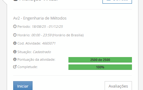 1) Um ponto importante e de preocupação no ambiente de trabalho é a carga de trabalho e a saúde do trabalhador, que estão diretamente relacionadas à satisfação com trabalho e, consequentemente, à produtividade da empresa. Portanto, em relação a carga de trabalho avalie as afirmativas a seguir: I - A carga de trabalho também envolve os fatores nocivos e de riscos ocupacionais a que os trabalhadores estão sujeitos e que podem produzir complicações à sua saúde. II - A carga de trabalho surge da interação entre as exigências da tarefa e a capacidade da realização pelo trabalhador. III - A distribuição da carga de trabalho ocorre de forma dinâmica na empresa e é preciso buscar o equilíbrio entre as exigências solicitadas ao trabalhador e a capacidade que ele tem de suportá-las ou administrá-las, diante desse ambiente cheio de tensões onde são realizadas as tarefas. Considerando o contexto apresentado, é correto o que se afirma em: ________________________________________ Alternativas: a) I, apenas. b) II, apenas. c) III, apenas. d) I e II, apenas. e) I, II e III. 2) O treinamento organizacional desempenha um papel fundamental no desenvolvimento dos colaboradores e na melhoria dos processos produtivos. Além de contribuir para o aprimoramento das habilidades técnicas e comportamentais, o treinamento também possibilita o crescimento pessoal e profissional dentro da empresa. Diante desse contexto, assinale a alternativa que apresenta corretamente um dos principais objetivos do treinamento: ________________________________________ Alternativas: a) Aumentar a carga de trabalho dos colaboradores para que eles desenvolvam resistência e consigam realizar suas atividades sob pressão. b) Proporcionar oportunidades para o contínuo desenvolvimento pessoal, não apenas em seus cargos atuais, mas também em outras funções para as quais a pessoa pode ser considerada. c) Tornar os colaboradores especialistas apenas na função atual, impedindo a diversificação de conhecimentos que possam ser utilizados em outros setores da empresa. d) Eliminar a necessidade de supervisão e acompanhamento dos funcionários, pois, após o treinamento, todos devem desempenhar suas funções sem qualquer tipo de monitoramento. e) Reduzir o tempo de execução das tarefas a qualquer custo, independentemente da qualidade do trabalho, focando apenas na eficiência operacional. 3) Segundo Groover (2001), a automação é uma tecnologia que envolve a aplicação de mecânica, eletrônica e sistemas computacionais para operar e controlar processos produtivos de forma eficiente e integrada. Logo, a automação pode ser classificada em: automação fixa, automação programável e automação flexível. Portanto, associe os tipos de automação, relacionadas na Coluna 1, com suas respectivas especificidades, relacionadas na Coluna 2: Coluna 1: 1 – Automação fixa. 2 – Automação programável. 3 – Automação flexível Coluna 2: A – Está baseada em uma linha de produção especialmente projetada para a fabricação de um produto específico e determinado. B – Está alicerçada pela utilização de equipamentos capazes de fabricar diversos produtos com diferentes propriedades e características, de acordo com um programa de instruções previamente inserido C – Também é conhecida como sistema de Manufatura Integrada por Computador (CIM) e, em geral, parece ser mais indicado para o volume médio de produção. Assinale a alternativa que contempla corretamente a associação das colunas. ________________________________________ Alternativas: a) 1-A; 2-B; 3-C. b) 1-A; 2-C; 3-B. c) 1-B; 2-A; 3-C. d) 1-B; 2-C; 3-A. e) 1-C; 2-A; 3-B. 4) Você trabalha no setor de engenharia de processos de uma empresa que busca otimizar seus processos produtivos. A empresa atua 8 horas por dia (480 minutos). Durante um estudo de tempos e movimentos, foi necessário determinar o tempo padrão de uma operação realizada frequentemente na linha de produção. Para isso, você realizou 10 medições do tempo de execução da tarefa, obtendo os seguintes valores (em segundos): Tempos cronometrados: 45; 47; 46; 44; 48; 45; 47; 46; 44; 48. No momento da cronometragem o operador executava o seu trabalho com um Fator de Ritmo (FR) de 100%. A empresa determinou 96 minutos por dia de tolerância. Com base nesses dados, qual é o Tempo Padrão (TP) da atividade? ________________________________________ Alternativas: a) 46 segundos. b) 48,75 segundos. c) 55,2 segundos. d) 57,5 segundos. e) 60,5 segundos. 5) O treinamento dos funcionários torna-se necessário quando há a necessidade de aprimorar processos, adaptá-los a novas exigências ou instruir sobre uma nova operação no ambiente de trabalho e está estruturado em quatro fundamentos básicos: Funcionários Novos; Funcionários existentes; Introdução tecnológica; e Desempenho de um novo cargo. Portanto, associe os termos da coluna 1, com suas respectivas características, relacionadas na Coluna 2: Coluna 1: 1 – Funcionários Novos. 2 – Funcionários existentes. 3 – Introdução tecnológica. 4 – Desempenho de um novo cargo. Coluna 2: A – acontece na admissão de uma pessoa, quando serão apresentadas a estrutura organizacional e a cultura da empresa. Aqui também são mostrados a missão, a visão, as regras, os regulamentos e as condições de trabalho da empresa. B – voltado para aqueles que já atuam na empresa e que buscam aprimorar seus conhecimentos, colocando-os em sintonia com a posição atual no mercado onde a empresa atua para se tornarem competitivos. C – acontece toda vez que se adquire um novo equipamento e que será necessária alguma mudança na sua operação. D – voltado para o crescimento profissional, com a preparação dos funcionários para assumir novas responsabilidades em níveis superiores. Assinale a alternativa que contempla corretamente a associação das colunas. ________________________________________ Alternativas: a) 1-A; 2-B; 3-C; 4-D. b) 1-B; 2-C; 3-D; 4-A. c) 1-B; 2-D; 3-A; 4-C. d) 1-C; 2-A; 3-B; 4-D. e) 1-D; 2-A; 3-C; 4-B.