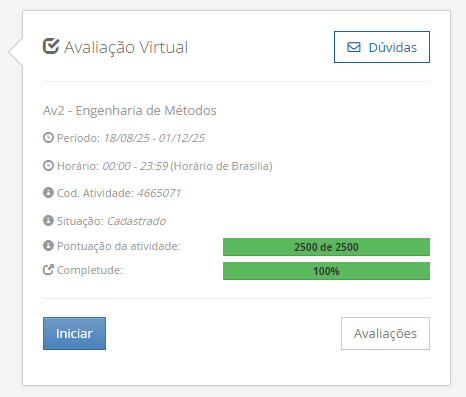 1) Um ponto importante e de preocupação no ambiente de trabalho é a carga de trabalho e a saúde do trabalhador, que estão diretamente relacionadas à satisfação com trabalho e, consequentemente, à produtividade da empresa. Portanto, em relação a carga de trabalho avalie as afirmativas a seguir: I - A carga de trabalho também envolve os fatores nocivos e de riscos ocupacionais a que os trabalhadores estão sujeitos e que podem produzir complicações à sua saúde. II - A carga de trabalho surge da interação entre as exigências da tarefa e a capacidade da realização pelo trabalhador. III - A distribuição da carga de trabalho ocorre de forma dinâmica na empresa e é preciso buscar o equilíbrio entre as exigências solicitadas ao trabalhador e a capacidade que ele tem de suportá-las ou administrá-las, diante desse ambiente cheio de tensões onde são realizadas as tarefas. Considerando o contexto apresentado, é correto o que se afirma em: ________________________________________ Alternativas: a) I, apenas. b) II, apenas. c) III, apenas. d) I e II, apenas. e) I, II e III. 2) O treinamento organizacional desempenha um papel fundamental no desenvolvimento dos colaboradores e na melhoria dos processos produtivos. Além de contribuir para o aprimoramento das habilidades técnicas e comportamentais, o treinamento também possibilita o crescimento pessoal e profissional dentro da empresa. Diante desse contexto, assinale a alternativa que apresenta corretamente um dos principais objetivos do treinamento: ________________________________________ Alternativas: a) Aumentar a carga de trabalho dos colaboradores para que eles desenvolvam resistência e consigam realizar suas atividades sob pressão. b) Proporcionar oportunidades para o contínuo desenvolvimento pessoal, não apenas em seus cargos atuais, mas também em outras funções para as quais a pessoa pode ser considerada. c) Tornar os colaboradores especialistas apenas na função atual, impedindo a diversificação de conhecimentos que possam ser utilizados em outros setores da empresa. d) Eliminar a necessidade de supervisão e acompanhamento dos funcionários, pois, após o treinamento, todos devem desempenhar suas funções sem qualquer tipo de monitoramento. e) Reduzir o tempo de execução das tarefas a qualquer custo, independentemente da qualidade do trabalho, focando apenas na eficiência operacional. 3) Segundo Groover (2001), a automação é uma tecnologia que envolve a aplicação de mecânica, eletrônica e sistemas computacionais para operar e controlar processos produtivos de forma eficiente e integrada. Logo, a automação pode ser classificada em: automação fixa, automação programável e automação flexível. Portanto, associe os tipos de automação, relacionadas na Coluna 1, com suas respectivas especificidades, relacionadas na Coluna 2: Coluna 1: 1 – Automação fixa. 2 – Automação programável. 3 – Automação flexível Coluna 2: A – Está baseada em uma linha de produção especialmente projetada para a fabricação de um produto específico e determinado. B – Está alicerçada pela utilização de equipamentos capazes de fabricar diversos produtos com diferentes propriedades e características, de acordo com um programa de instruções previamente inserido C – Também é conhecida como sistema de Manufatura Integrada por Computador (CIM) e, em geral, parece ser mais indicado para o volume médio de produção. Assinale a alternativa que contempla corretamente a associação das colunas. ________________________________________ Alternativas: a) 1-A; 2-B; 3-C. b) 1-A; 2-C; 3-B. c) 1-B; 2-A; 3-C. d) 1-B; 2-C; 3-A. e) 1-C; 2-A; 3-B. 4) Você trabalha no setor de engenharia de processos de uma empresa que busca otimizar seus processos produtivos. A empresa atua 8 horas por dia (480 minutos). Durante um estudo de tempos e movimentos, foi necessário determinar o tempo padrão de uma operação realizada frequentemente na linha de produção. Para isso, você realizou 10 medições do tempo de execução da tarefa, obtendo os seguintes valores (em segundos): Tempos cronometrados: 45; 47; 46; 44; 48; 45; 47; 46; 44; 48. No momento da cronometragem o operador executava o seu trabalho com um Fator de Ritmo (FR) de 100%. A empresa determinou 96 minutos por dia de tolerância. Com base nesses dados, qual é o Tempo Padrão (TP) da atividade? ________________________________________ Alternativas: a) 46 segundos. b) 48,75 segundos. c) 55,2 segundos. d) 57,5 segundos. e) 60,5 segundos. 5) O treinamento dos funcionários torna-se necessário quando há a necessidade de aprimorar processos, adaptá-los a novas exigências ou instruir sobre uma nova operação no ambiente de trabalho e está estruturado em quatro fundamentos básicos: Funcionários Novos; Funcionários existentes; Introdução tecnológica; e Desempenho de um novo cargo. Portanto, associe os termos da coluna 1, com suas respectivas características, relacionadas na Coluna 2: Coluna 1: 1 – Funcionários Novos. 2 – Funcionários existentes. 3 – Introdução tecnológica. 4 – Desempenho de um novo cargo. Coluna 2: A – acontece na admissão de uma pessoa, quando serão apresentadas a estrutura organizacional e a cultura da empresa. Aqui também são mostrados a missão, a visão, as regras, os regulamentos e as condições de trabalho da empresa. B – voltado para aqueles que já atuam na empresa e que buscam aprimorar seus conhecimentos, colocando-os em sintonia com a posição atual no mercado onde a empresa atua para se tornarem competitivos. C – acontece toda vez que se adquire um novo equipamento e que será necessária alguma mudança na sua operação. D – voltado para o crescimento profissional, com a preparação dos funcionários para assumir novas responsabilidades em níveis superiores. Assinale a alternativa que contempla corretamente a associação das colunas. ________________________________________ Alternativas: a) 1-A; 2-B; 3-C; 4-D. b) 1-B; 2-C; 3-D; 4-A. c) 1-B; 2-D; 3-A; 4-C. d) 1-C; 2-A; 3-B; 4-D. e) 1-D; 2-A; 3-C; 4-B.