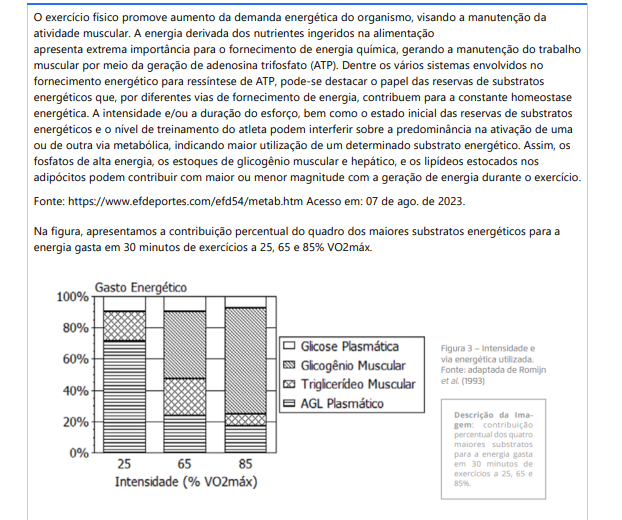 1ª QUESTÃOO exercício físico promove aumento da demanda energética do organismo, visando a manutenção da atividade muscular. A energia derivada dos nutrientes ingeridos na alimentação apresenta extrema importância para o fornecimento de energia química, gerando a manutenção do trabalho muscular por meio da geração de adenosina trifosfato (ATP). Dentre os vários sistemas envolvidos no fornecimento energético para ressíntese de ATP, pode-se destacar o papel das reservas de substratos energéticos que, por diferentes vias de fornecimento de energia, contribuem para a constante homeostase energética. A intensidade e/ou a duração do esforço, bem como o estado inicial das reservas de substratos energéticos e o nível de treinamento do atleta podem interferir sobre a predominância na ativação de uma ou de outra via metabólica, indicando maior utilização de um determinado substrato energético. Assim, os fosfatos de alta energia, os estoques de glicogênio muscular e hepático, e os lipídeos estocados nos adipócitos podem contribuir com maior ou menor magnitude com a geração de energia durante o exercício.Fonte: https://www.efdeportes.com/efd54/metab.htm Acesso em: 07 de ago. de 2023.Na figura, apresentamos a contribuição percentual do quadro dos maiores substratos energéticos para a energia gasta em 30 minutos de exercícios a 25, 65 e 85% VO2máx. Fonte: PAGAN, Bruno Guilherme Morais; PAGAN, Daniela Aparecida Capelato. Nutrição Esportiva. IndaialSC: Arqué, 2023. (Página 32). Considerando as vias energéticas ao longo do treinamento, analise as afirmações abaixo: I. A 25% do VO2 máx. a principal via de energização em nosso corpo é a de AGL plasmático. II. A 65% do VO2 máx. a via energética mais utilizada é a de glicogênio muscular. III. A 85% do VO2 máx. a principal fonte de energia para o músculo em atividade é proveniente de carboidratos. IV. Quando estamos em exercício físico mais intenso, ou seja, maior % VO2, a principal demanda energética é proveniente dos carboidratos. É correto o que se afirma em: ALTERNATIVAS a) I, apenas. b) II e III, apenas. c) III e IV, apenas. d) II, III e IV, apenas. e) I, II, III e IV.