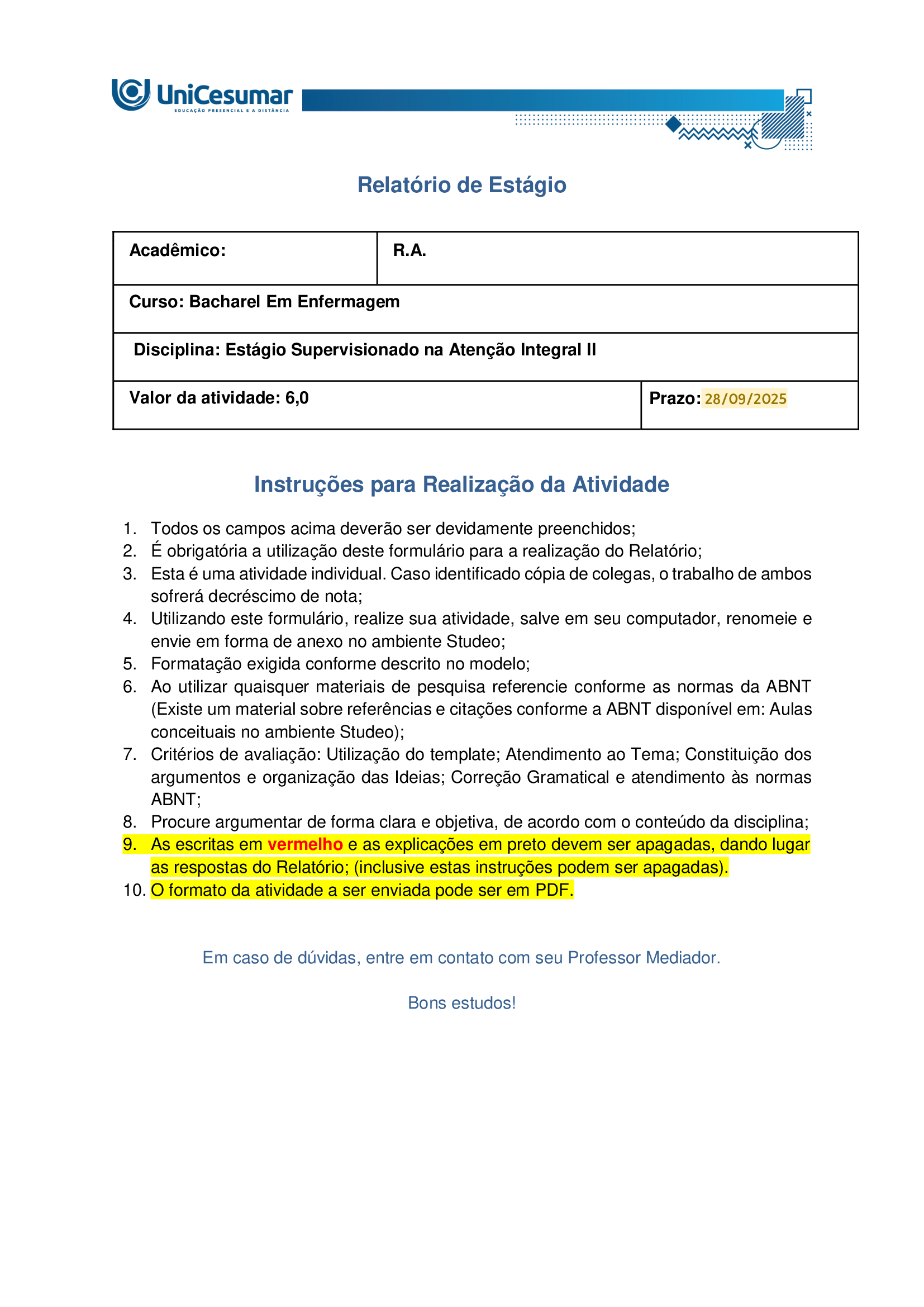 RESPOSTA RELATÓRIO DE ESTÁGIO SUPERVISIONADO NA ATENÇÃO INTEGRAL II