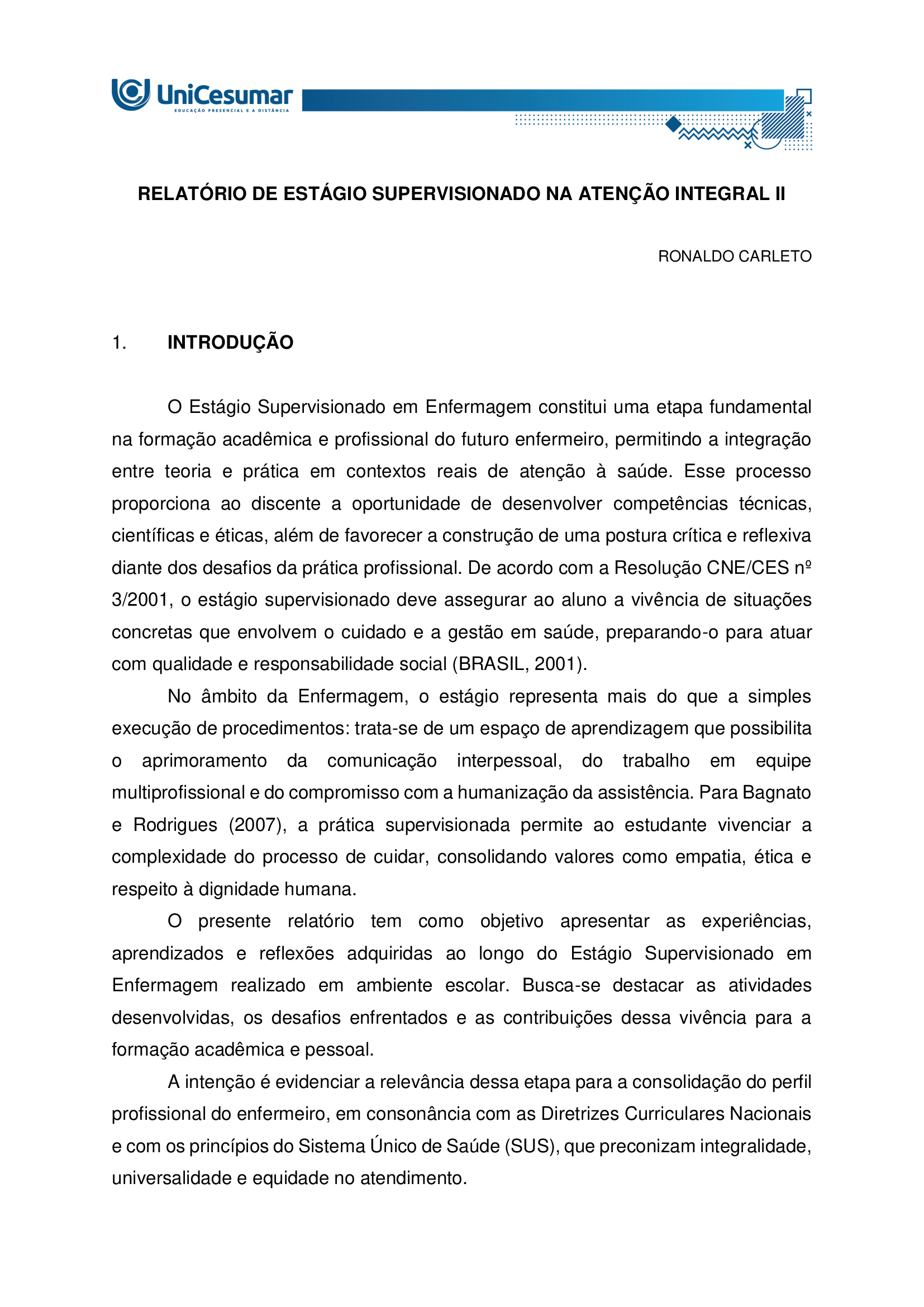 RELATÓRIO DE ESTÁGIO SUPERVISIONADO NA ATENÇÃO INTEGRAL II