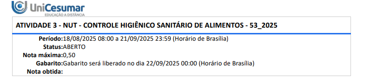 1ª QUESTÃO “O uso de uniforme apropriado, exclusivo para área de produção e limpo é fundamental para evitar uma contaminação cruzada. É uma regra básica para manipulação segura de alimentos. A indústria de alimentos é regida por um conjunto abrangente de normas e regulamentações, muitas das quais incluem diretrizes específicas sobre o uso de uniformes pelos trabalhadores envolvidos na manipulação e preparação de alimentos. Essas legislações são fundamentais para garantir a segurança dos alimentos e proteger a saúde dos consumidores”. NEVES, Keli Lima. Uso de uniformes na indústria de alimentos. 2024. SEMEAR – food safety culture. Disponível: https://semearfoodsafetyculture.com.br/uniforme-na-industria-de-alimentos/. Acesso em: 06/07/2025. Com base nas recomendações sobre o uso de uniformes feitas pela ANVISA e Organização Pan Americana da Saúde, analise as afirmativas a seguir. I. O uso de uniformes, incluindo aventais e toucas, não deve ocorrer fora do local trabalho. II. O uniforme dos manipuladores de alimentos deve ser trocado de quatro em quatro dias para que se mantenha a higienização. III. A vestimenta deve ser, preferencialmente, em cores claras, para permitir melhor visualização do seu estado de limpeza. IV. O calçado pode ser o mesmo utilizado em ambiente externo a área de manipulação de alimentos, mas deve ser fechado. É correto o que se afirma em: ALTERNATIVAS a) II, apenas. b) IV, apenas. c) I e II, apenas. d) I e III, apenas. e) I, II, III e IV. 2ª QUESTÃO A expressão “doenças de origem alimentar” é vulgar e tradicionalmente utilizada para designar um quadro sintomatológico caracterizado por um conjunto de perturbações gástricas, envolvendo, geralmente, vômitos, diarreia, febre e dores abdominais, que podem ocorrer individualmente ou em combinação. As doenças de origem alimentar podem ser provocadas por diversos grupos de microrganismos, incluindo bactérias, bolores, protozoários e vírus. As bactérias, pela sua diversidade e patogenicidade, constituem, de longe, o grupo microbiano mais importante e mais vulgarmente associado às doenças transmitidas pelos alimentos. Fonte: https://www.vico.ufscar.br/arquivos/ma/doencas-de-origem-microbiana-transmitidas-pelosalimentos.pdf. Acesso em: 25 jul. 2025. A diversidade de microrganismos causadores de doenças, que podem ser transmitidos por água ou alimentos, exige que os profissionais da área da saúde e de alimentos tenham o mínimo de conhecimento para reconhecê-los, prevenir suas infecções e tratar as consequências de uma contaminação, quando necessário. Com base nas características dos diferentes microrganismos causadores de doenças transmitidos por água e alimentos, analise as afirmativas a seguir: I. A salmonelose é uma doença causada por bactérias do gênero Salmonella, pertencentes às enterobactérias, caracterizadas como bastonetes Gram-negativos e anaeróbios facultativos. II. O Staphylococcus aureus pode ser caracterizado como uma levedura responsável por causar infecção intestinal, comumente encontrado na pele e mucosas de manipuladores de alimentos e que pode ser transmitido para alimentos pelo contato direto, espirros e tosse. III. O gênero Clostridium abriga bactérias Gram-positivas, anaeróbias, em forma de bastonetes e formadoras de esporos, responsáveis por intoxicações alimentares devido à produção de diversas toxinas. IV. As gastroenterites causadas por vírus podem ser transmitidas por alimentos quando os vírus encontram condições necessárias para se multiplicar nesses alimentos, alcançando a dose infectante necessária. É correto o que se afirma em: ALTERNATIVAS a) II, apenas. b) III, apenas. c) I e III, apenas. d) II e IV, apenas. e) I, II, III e IV. 3ª QUESTÃO “De modo geral, a higienização é baseada em uma sequência de etapas... A primeira etapa é o pré-enxague. Ao usar apenas a água, tem-se como objetivo a redução da quantidade de resíduos presentes nas superfícies dos equipamentos e utensílios... a segunda etapa, a limpeza com detergentes. Os detergentes desempenham um papel básico nos processos de limpeza nas indústrias, sendo capazes de separar as partículas residuais presentes na superfície... Após a aplicação dos detergentes, é necessário realizar o enxágue (visto que os detergentes também precisam da água para concluir sua ação)... Após o enxágue intermediário, outra etapa imprescindível é realizada, a desinfecção”. RITTER, Ana Carolina; NIGRO, Thanise Pitelli de. Controle higiênico-sanitário de alimentos. Florianópolis, SC: Arqué, 2024. pp. 151 a 155. Com base nas características dos meios físicos e químicos utilizados para a desinfecção, analise as afirmativas a seguir: I. O calor é um meio físico utilizado para a desinfecção por meio de ar quente, vapor ou água quente, em temperaturas que variam de 77 a 93°C. II. A radiação ultravioleta, na forma de UVA, UVB ou UVC é usada como um meio físico para redução de microrganismos exclusivamente em áreas de manipulação de alimentos devido ao baixo custo. III. O álcool etílico é um composto utilizado como meio químico para desinfecção, sendo efetivo na concentração pura, ou seja, em soluções com 99% de etanol. IV. O cloro é o agente mais utilizado como meio químico de desinfecção, onde sua atividade germicida se deve à combinação com radicais oxidáveis. É correto o que se afirma em: ALTERNATIVAS a) II, apenas. b) IV, apenas. c) I e IV, apenas. d) I, II e III, apenas. e) I, II, III e IV. 4ª QUESTÃO Microrganismos indicadores são aqueles utilizados para avaliar a qualidade higiênico-sanitária de alimentos, água e ambientes de processamento. Esses microrganismos não são necessariamente patogênicos, mas sua presença em altas quantidades pode indicar condições favoráveis ao crescimento de patógenos ou à presença de contaminação fecal. Fonte: RITTER, A. C.; NIGRO, T. P. de. Controle higiênico-sanitário de alimentos. Florianópolis: Arqué, 2024. Com relação às características dos microrganismos indicadores, analise as afirmativas a seguir: I. Um microrganismo indicador de segurança alimentar deve ser facilmente distinguível de outros membros da flora do alimento. II. Coliformes totais são microrganismos indicadores representados por espécies dos gêneros Enterobacter, Citrobacter, Escherichia e Klebsiella e, quando presentes, na ausência de E. coli, indicam contaminação ambiental. III. Os coliformes fecais, representados principalmente pela E. coli, indicam contaminação fecal no alimento. IV. Uma característica importante para um microrganismo utilizado como indicador é possuir fácil e rápida detecção. É correto o que se afirma em: ALTERNATIVAS a) I, apenas. b) III, apenas. c) II e IV, apenas. d) I, III e IV, apenas. e) I, II, III e IV. 5ª QUESTÃO A higienização é feita obedecendo a duas etapas: limpeza e sanitização. Na etapa de limpeza, é feita a remoção dos resíduos orgânicos e minerais presentes nas superfícies e, na sanificação, é feita a redução da carga microbiana em níveis satisfatórios, havendo eliminação dos microrganismos patogênicos. O procedimento geral de higienização é feito em quatro etapas. A primeira é a pré-lavagem, na qual é realizada a remoção de 90% de sujidades com a temperatura em torno de 40 °C. A etapa seguinte é a lavagem, que é feita com o uso de detergentes, e que tem como finalidade retirar as sujidades aderidas nas superfícies a serem limpas. Após, no enxágue, é feita a remoção dos resíduos e do detergente aplicado na limpeza. Como última etapa, é feita a sanificação imediatamente após o uso do equipamento. Disponível em: https://www.embrapa.br/agencia-de-informacao-tecnologica/tematicas/tecnologia-dealimentos/seguranca/higienizacao. Aceso em: 25 jun. 2025. O texto descreve procedimentos de higienização que podem ser aplicados a diversas áreas da produção e preparo de alimentos. Com base nas características dos cuidados para o preparo e o armazenamento dos alimentos, analise as asserções a seguir e a relação proposta entre elas: I. Um ambiente propício para o preparo de alimentos não deve ter como característica a eliminação total de microrganismos, mas ser um ambiente com inocuidade. PORQUE II. A inocuidade pode ser entendida como a ausência de perigos físicos, químicos e biológicos em níveis que possam ocasionar danos à saúde do consumidor. A respeito dessas asserções, assinale a opção correta: ALTERNATIVAS a) As asserções I e II são proposições verdadeiras, e a II é uma justificativa correta da I. b) As asserções I e II são proposições verdadeiras, mas a II não é uma justificativa correta da I. c) A asserção I é uma proposição verdadeira, e a II é uma proposição falsa. d) A asserção I é uma proposição falsa, e a II é uma proposição verdadeira. e) As asserções I e II são proposições falsas. 6ª QUESTÃO As Boas Práticas de Higiene, também conhecidas como BPH, são todas as medidas e condições necessárias para garantir a segurança em toda a indústria alimentar, ou seja, em todos os processos, desde o campo ou da produção primária, até o momento em que chega à mesa do consumidor final. É uma longa jornada levar o alimento do cultivo até a mesa. Os alimentos devem passar por diferentes processos e pessoas, incluindo: cultivo, transporte, fabricação, embalagem, armazenamento, distribuição e venda ou preparação de alimentos ao consumidor. Disponível em: https://www.winterhalter.com/br-pt/blog-winterhalter/boas-praticas-de-higiene-naindustria-de-alimentos/. Acesso em: 01 jul. 2025. Os cuidados com preparo e armazenamento de alimentos envolvem muitos processos, tanto para os indivíduos envolvidos quanto para o ambiente. Em relação aos termos que definem esses processos, os meios utilizados ou seus resultados, analise as afirmativas a seguir: I. A limpeza de um ambiente pode ser definida como a operação de remoção de substâncias minerais e/ou orgânicas indesejáveis. II. A desinfecção pode ser definida como a operação de redução, por método físico e/ou agente químico, do número de microrganismos ao nível que não comprometa a qualidade higiênico-sanitária do alimento. III. A antissepsia corresponde à redução de microrganismos presentes em bancadas de preparo de alimentos em níveis seguros. IV. Saneante é o nome dado às substâncias ou preparações destinadas à higienização e desinfecção, em ambientes coletivos e/ou públicos, em lugares de uso comum e no tratamento de água. É correto o que se afirma em: ALTERNATIVAS a) II, apenas. b) III, apenas. c) I e III, apenas. d) I, II e IV, apenas. e) I, II, III e IV. 7ª QUESTÃO As conhecidas DTA (Doenças Transmitidas por Alimentos), recentemente, têm recebido uma nova determinação, DTHA (Doenças de Transmissão Hídrica e Alimentar), sendo “aquelas causadas pela ingestão de água e/ou alimentos contaminados. Existem mais de 250 tipos de DTHA no mundo, podendo ser causadas por bactérias e suas toxinas, vírus, parasitas intestinais oportunistas ou substâncias químicas. É considerado surto de DTHA quando duas ou mais pessoas apresentam doença ou sinais e sintomas semelhantes após ingerirem alimentos e/ou água da mesma origem, normalmente em um mesmo local”. Fonte: https://www.gov.br/saude/pt-br/assuntos/saude-de-a-a-z/d/dtha. Acesso em: 25 jul. 2025. As DTA ou DTHA podem ser ocasionadas de diferentes formas. Dependendo da origem e agente causador da doença, esta recebe uma denominação diferente, podendo ser: infecção, intoxicação ou toxinfecção. Com base nesse assunto, avalie as asserções a seguir e a relação proposta entre elas: I. O Clostridium botulinum é uma bactéria capaz de produzir e secretar uma potente neurotoxina, sendo a responsável por causar a doença, quando é ingerida junto com o alimento, permitindo classificar esse tipo de doença como infecção. PORQUE II. Uma doença transmitida por alimento será classificada como infecção quando o indivíduo ingerir organismos viáveis, capazes de se multiplicar e colonizar ou invadir os tecidos deste indivíduo, gerando um quadro clínico, geralmente incluindo febre e diarreia. A respeito das asserções, assinale a alternativa correta: ALTERNATIVAS a) As asserções I e II são proposições verdadeiras, e a II é uma justificativa correta da I. b) As asserções I e II são proposições verdadeiras, mas a II não é uma justificativa correta da I. c) A asserção I é uma proposição verdadeira, e a II é uma proposição falsa. d) A asserção I é uma proposição falsa, e a II é uma proposição verdadeira. e) As asserções I e II são proposições falsas. 8ª QUESTÃO “O controle de qualidade de um alimento deve ser sistematizado de forma a abranger todas as etapas do preparo de um alimento: do recebimento de uma matéria-prima, passando pelo armazenamento, que pode ser seco ou a temperatura controlada, às etapas de pré-preparo, preparo, até a distribuição dos alimentos preparados, visando à prevenção da contaminação dos alimentos de maneira completa, visto que o alimento pode ser contaminado em qualquer uma das etapas descritas anteriormente”. RITTER, Ana Carolina; NIGRO, Thanise Pitelli de. Controle higiênico-sanitário de alimentos. Florianópolis, SC: Arqué, 2024. p. 205. Conforme abordado no texto, o controle da qualidade do alimento depende de um controle geral de todas as etapas do preparo dos alimentos, sendo, portanto, essencial conhecer cada uma destas etapas. Com base nas características das etapas de preparo dos alimentos, analise as afirmativas a seguir. I. O armazenamento de alimentos sob refrigeração, corresponde a etapa em que alimentos são armazenados a temperaturas de 0 a 10°C. II. A reconstituição corresponde a etapa na qual os alimentos recebem água para serem consumidos imediatamente. III. A etapa de dessalgue corresponde a retirada do sal de carnes salgadas, sob condições de segurança. IV. A cocção corresponde a etapa em que o alimento deve atingir, no mínimo, 74°C no seu centro geométrico. É correto o que se afirma em: ALTERNATIVAS a) II, apenas. b) IV, apenas. c) I e II, apenas. d) I e III, apenas. e) I, II, III e IV. 9ª QUESTÃO Segundo a RDC 216/2004 da ANVISA determina que “Os serviços de alimentação devem implementar Procedimentos Operacionais Padronizados relacionados aos seguintes itens: a) higienização de instalações, equipamentos e móveis; b) controle integrado de vetores e pragas urbanas; c) higienização do reservatório; d) higiene e saúde dos manipuladores”. BRASIL. Ministério da Saúde. Agência Nacional de Vigilância Sanitária – Anvisa. Resolução RDC nº 216, de 15 de setembro de 2004. Dispõe sobre Regulamento Técnico de Boas Práticas para Serviços de Alimentação. Diário Oficial da União, Brasília, DF, 16 set. 2004. Com base nas características que devem abranger os POPs mencionados na RDC 216/2004, analise as afirmativas a seguir. I. O POP referente a higienização de instalações, equipamentos e móveis deve ser elaborado de forma específica para cada tipo de material das superfícies a serem higienizadas. II. O POP deve especificar qual o produto químico será utilizado na ação descrita, informando sua concentração ideal. III. O POP deve listar os EPIs necessários para cada atividade a ser realizada. IV. O POP deve orientar a limpeza de equipamentos, especificando os métodos de higienização, mas o desmonte e remonte dos equipamentos é função do fabricante constando em manual próprio, sendo que o POP deverá conter a indicação “consulte o manual do fabricante”. É correto o que se afirma em: ALTERNATIVAS a) II, apenas. b) IV, apenas. c) I e III, apenas. d) I, II e III, apenas. e) I, II, III e IV. 10ª QUESTÃO “A Resolução da Diretoria Colegiada (RDC) número 216, de 2004, da Agência Nacional de Vigilância Sanitária (Anvisa), determina que manipulador de alimentos é toda e qualquer pessoa do serviço de alimentação que entra em contato, seja ele direto ou indiretamente, com o alimento (Brasil, 2004). De acordo com a Organização Pan Americana da Saúde (2022), a principal causa da contaminação de alimentos é a falta de higiene na manipulação, por isso, os manipuladores de alimentos desempenham um papel importante para corrigir essa situação”. RITTER, Ana Carolina; NIGRO, Thanise Pitelli de. Controle higiênico-sanitário de alimentos. Florianópolis, SC: Arqué, 2024. p. 177. Leia o relato a seguir: “Carla tem vinte e cinco anos e recentemente começou a trabalhar, em meio período, em uma cozinha industrial, ajudando diretamente no preparo de alimentos. Como está próximo de seu aniversário, na manhã de hoje, antes do trabalho, Carla resolveu ir ao salão de beleza, fez as unhas e pintou com um esmalte de cor vermelha, além de cortar a alisar o cabelo, em um procedimento onde não poderia prender os cabelos por no mínimo doze horas. Ao chegar ao trabalho, vestiu seu avental, tirou anéis, relógios, pulseiras, brincos e colar e se dirigiu à cozinha, onde começou a picar a carne que seria utilizada na refeição. Imediatamente sua coordenadora a repreendeu com uma advertência”. Com base no relato e nas características das regras de higiene pessoal determinadas pela ANVISA para manipuladores de alimentos, analise as asserções a seguir e a relação proposta entre elas: I. Carla foi repreendida pela coordenadora por se encontrar com os cabelos soltos e com esmalte nas unhas. PORQUE II. Os cabelos devem ser mantidos presos para não cair sobre os alimentos, uma vez que possuem milhares de microrganismos por milímetros; da mesma forma, as unhas não devem ser esmaltadas, pois, o esmalte é uma fonte de contaminação física e química. A respeito das asserções e a relação proposta entre elas, assinale a alternativa correta. ALTERNATIVAS a) As asserções I e II são proposições verdadeiras, e a II é uma justificativa correta da I. b) As asserções I e II são proposições verdadeiras, mas a II não é uma justificativa correta da I. c) A asserção I é uma proposição verdadeira, mas a asserção II é uma proposição falsa. d) A asserção I é uma proposição falsa, mas a asserção II é uma proposição verdadeira. e) As asserções I e II são proposições falsas.