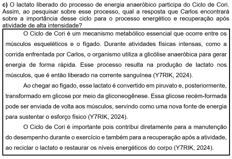 c) O lactato liberado do processo de energia anaeróbico participa do Ciclo de Cori. Assim, ao pesquisar sobre esse processo, qual a resposta que Carlos encontrará sobre a importância desse ciclo para o processo energético e recuperação após atividade de alta intensidade?