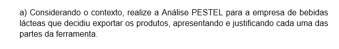 a) Considerando o contexto, realize a Análise PESTEL para a empresa de bebidas lácteas que decidiu exportar os produtos, apresentando e justificando cada uma das partes da ferramenta. - Político: acordos comerciais e barreiras tarifárias em países–alvo na América Latina e na Ásia podem acelerar ou frear as exportações; estabilidade política e incentivos governamentais influenciam a viabilidade logística. - Econômico: variações cambiais e índices de inflação afetam o custo da matéria-prima, do transporte internacional e a competitividade do preço final; o crescimento de renda nos mercados-alvo define o potencial de demanda por bebidas lácteas. - Social: tendências de consumo (saúde, bem-estar, intolerância à lactose) exigem adaptações do portfólio e de embalagens; hábitos regionais podem ditar sabores, formatos e frequência de compra. - Tecnológico: tecnologias de refrigeração, embalagem de longa vida e rastreabilidade em tempo real (IoT) são essenciais para manter a qualidade do produto na exportação; automação nos CDs aumenta eficiência. - Ambiental: pressão para reduzir a pegada de carbono no transporte refrigerado e atender a regulamentações de resíduos de embalagens; práticas sustentáveis (e.g., bioplásticos) reforçam a imagem da marca. - Legal: conformidade com normas internacionais de segurança alimentar, licenças sanitárias, regras de rotulagem e procedimentos aduaneiros determinam o tempo e o custo de entrada em cada mercado.