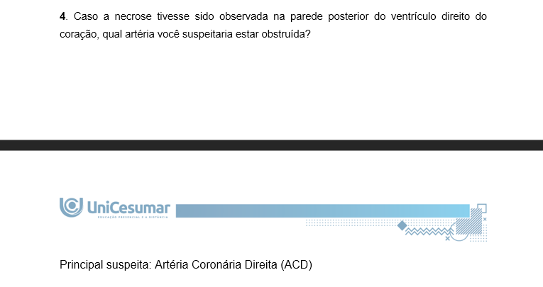 4. Caso a necrose tivesse sido observada na parede posterior do ventrículo direito do coração, qual artéria você suspeitaria estar obstruída? Principal suspeita: Artéria Coronária Direita (ACD) - Irriga o ventrículo direito, parede inferior e posterior do ventrículo esquerdo, além do sistema de condução. - Obstruções próximas à origem podem afetar também a parede posterior do ventrículo direito. Alternativa anatômica: Artéria Circunflexa - Em cerca de 15% das pessoas, ela é dominante e pode irrigar a parede posterior. Diagnóstico no ECG: - Pode ser difícil de identificar. - Alterações podem aparecer como reflexos em V1–V3 ou exigir derivações posteriores (V7–V9).
