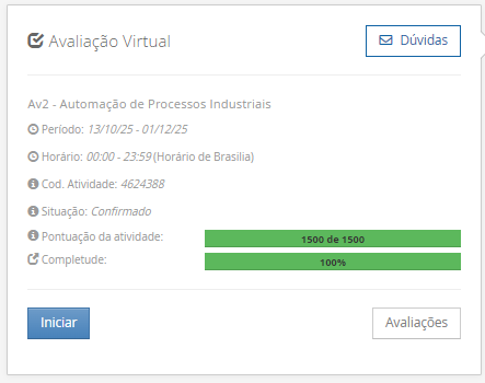 1) Um engenheiro de automação está desenvolvendo a lógica de controle para um sistema de mistura de ingredientes em uma fábrica de alimentos. O processo deve seguir a seguinte sequência: ao pressionar um botão "Início", uma válvula (V1) deve abrir para encher um tanque com o ingrediente A. Um sensor de nível alto (SNA) detecta quando o tanque está cheio, fechando V1 e ligando um motor misturador (M1) por 30 segundos. Após a mistura, uma válvula de saída (V2) deve abrir para esvaziar o tanque. Um sensor de nível baixo (SNB) indica que o tanque está vazio, fechando V2 e finalizando o ciclo. O engenheiro precisa implementar essa lógica utilizando a linguagem de programação Ladder, incluindo o uso de um temporizador para o tempo de mistura. Considerando a sequência do processo de mistura e os elementos da linguagem Ladder, analise as afirmativas a seguir. I. O botão "Início" e o sensor de nível baixo (SNB) podem ser programados em série para iniciar o ciclo, garantindo que o tanque não esteja previamente preenchido. II. Um temporizador do tipo TON (Timer On-Delay) deve ser acionado pelo sensor de nível alto (SNA) para contar os 30 segundos da mistura. III. A saída que aciona o motor misturador (M1) deve ser ativada enquanto o temporizador estiver contando e desativada quando a contagem terminar. IV. A válvula de saída (V2) deve ser acionada pelo contato do temporizador que indica o fim da contagem dos 30 segundos. Com base na análise das afirmativas, assinale a alternativa que apresenta apenas as afirmativas corretas. ________________________________________ Alternativas: a) I e II. b) I, II e IV. c) II e III. d) I, III e IV. e) I, II, III e IV. 2) Em uma indústria química, a manutenção de um reator é uma atividade de alto risco e custo. Uma parada não programada para manutenção corretiva pode interromper a produção por dias. Para evitar isso, a empresa investiu em um sistema de automação que monitora continuamente a vibração e a temperatura dos mancais do motor que aciona o agitador do reator. Os dados são coletados e analisados por um software que utiliza algoritmos para identificar padrões que antecedem uma falha. Quando o sistema detecta um aumento gradual na vibração que foge do padrão normal de operação, ele gera um alerta para a equipe de manutenção, permitindo que uma intervenção seja planejada e executada durante uma parada programada, antes que a falha catastrófica ocorra. O tipo de estratégia de manutenção implementada pela indústria química, baseada no monitoramento contínuo e na análise de dados para prever falhas, é corretamente classificado como: ________________________________________ Alternativas: a) Manutenção Corretiva, pois a ação só é tomada após a detecção de um sintoma de falha. b) Manutenção Preventiva, pois as intervenções são realizadas em intervalos de tempo fixos, independentemente da condição do equipamento. c) Manutenção Detectiva, focada exclusivamente em testar os sistemas de alarme e proteção do equipamento. d) Manutenção de Oportunidade, que consiste em realizar reparos somente quando o equipamento já está parado por outro motivo. e) Manutenção Preditiva, pois se baseia na análise de dados em tempo real para prever a degradação e determinar o momento ideal para a intervenção. 3) Uma pequena empresa de manufatura deseja automatizar uma prensa para estampar peças metálicas. O processo é simples: um operador posiciona a peça, afasta-se e pressiona dois botões simultaneamente (um para cada mão, como medida de segurança). A prensa então avança, estampa a peça por 5 segundos e recua. Para este projeto, a equipe de engenharia precisa escolher um Controlador Lógico Programável (CLP). As necessidades de entradas e saídas são fixas e bem definidas: três entradas digitais (botão 1, botão 2, sensor de prensa recuada) e duas saídas digitais (motor de avanço, motor de recuo). O orçamento é limitado e não há previsão de expansão futura para este equipamento específico. A simplicidade na instalação e manutenção é um fator prioritário. Com base nas características do processo e nos requisitos do projeto da prensa, qual tipo de CLP seria o mais adequado para esta aplicação? ________________________________________ Alternativas: a) Um CLP modular, pois permite a adição futura de módulos de comunicação em rede para integração com outros sistemas da fábrica. b) Um CLP compacto, pois integra em uma única unidade a CPU, a fonte de alimentação e um número fixo de entradas e saídas, atendendo aos requisitos com menor custo. c) Um CLP de grande porte com alta capacidade de processamento, para garantir a execução precisa da temporização de 5 segundos. d) Um CLP modular, pois oferece maior flexibilidade para trocar a CPU por uma mais potente caso o processo se torne mais complexo. e) Um CLP baseado em software executado em um computador industrial, pois elimina a necessidade de hardware dedicado para controle. 4) Uma indústria de cosméticos está automatizando seu processo de fabricação de emulsões, que envolve a mistura precisa de múltiplos ingredientes líquidos e em pó em um reator. O processo é complexo e não se limita a uma sequência simples de ligar e desligar válvulas. O CLP responsável pelo controle deve executar algoritmos para calcular a massa exata de cada componente com base em uma receita selecionada em uma IHM, corrigindo as quantidades em tempo real de acordo com a densidade do material, que varia com a temperatura. Além disso, o sistema deve executar laços de repetição (loops) para dosagens fracionadas, manipular vetores de dados (arrays) para armazenar os parâmetros de cada lote e gerar um relatório de produção com cálculos estatísticos ao final do processo. A equipe de engenharia de automação busca a linguagem de programação que ofereça maior flexibilidade e poder computacional para implementar essas tarefas. Considerando a complexidade da aplicação, que envolve cálculos matemáticos avançados, manipulação de estruturas de dados e algoritmos complexos, qual linguagem de programação, dentre as padronizadas pela norma IEC 61131-3, é a mais adequada para programar o CLP? ________________________________________ Alternativas: a) A linguagem Ladder (LD), pois sua estrutura gráfica baseada em contatos e bobinas é ideal para a execução de cálculos matemáticos e manipulação de vetores de dados. b) A linguagem Grafcet (SFC), pois sua principal finalidade é a implementação de algoritmos de controle de processo e funções matemáticas complexas. c) A linguagem Texto Estruturado (ST), pois é uma linguagem de alto nível, com sintaxe similar a linguagens como o Pascal, projetada para tarefas que exigem algoritmos complexos, laços condicionais e cálculos. d) O Diagrama de Blocos de Função (FBD), pois é a linguagem mais eficiente para criar lógicas sequenciais que dependem de múltiplas receitas e parâmetros variáveis. e) A Lista de Instruções (IL), pois é a linguagem de mais baixo nível, o que a torna a mais simples e intuitiva para programadores implementarem funções de tratamento de dados. 5) Uma usina hidrelétrica opera com múltiplas turbinas e geradores distribuídos por uma grande área. A equipe de operação precisa monitorar continuamente variáveis críticas como o nível do reservatório, a vazão da água, a velocidade de rotação das turbinas, a temperatura dos rolamentos e a potência gerada. Além do monitoramento, é essencial que os operadores possam, a partir de uma sala de controle central, ligar ou desligar geradores, ajustar a abertura das comportas e responder rapidamente a alarmes de condições anormais, como uma sobretemperatura. O sistema deve também registrar todos esses dados ao longo do tempo para análises de eficiência e planejamento de manutenção, além de apresentar as informações de forma gráfica e intuitiva. Com base na descrição da necessidade de controle e monitoramento da usina hidrelétrica, qual das alternativas descreve corretamente as funcionalidades de um sistema SCADA (Supervisory Control and Data Acquisition) aplicado a este cenário? ________________________________________ Alternativas: a) O sistema SCADA executa diretamente a lógica de controle em tempo real das turbinas, substituindo a função dos CLPs locais. b) O sistema SCADA se limita a exibir os dados em telas gráficas, sem permitir que os operadores enviem comandos remotos para os equipamentos. c) O sistema SCADA coleta dados dos controladores de campo (CLPs), permite o controle remoto dos equipamentos e fornece ferramentas para visualização, registro de dados (histórico) e gerenciamento de alarmes. d) O sistema SCADA é responsável exclusivamente pela calibração dos sensores de temperatura e vazão, operando de forma independente da sala de controle. e) O sistema SCADA funciona como um sistema de gestão empresarial (ERP), focando no gerenciamento de ordens de serviço e estoque de peças para manutenção.