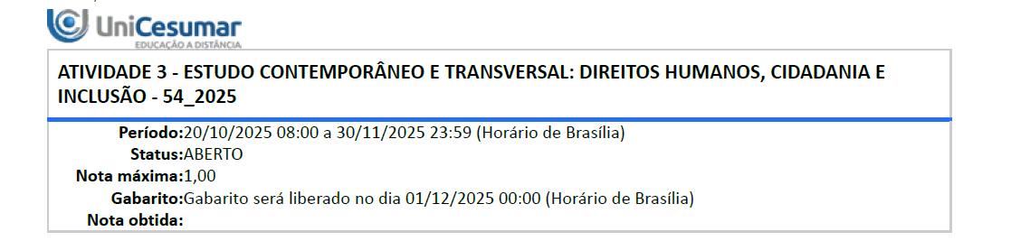 1ª QUESTÃO Declaração Universal dos Direitos Humanos Art. 2º Todos os seres humanos podem invocar os direitos e as liberdades proclamados na presente Declaração, sem distinção alguma, nomeadamente de raça, de cor, de sexo, de língua, de religião, de opinião política ou outra, de origem nacional ou social, de fortuna, de nascimento ou de qualquer outra situação. Além disso, não será feita nenhuma distinção fundada no estatuto político, jurídico ou internacional do país ou do território da naturalidade da pessoa, seja esse país ou território independente, sob tutela, autônomo ou sujeito a alguma limitação de soberania. Fonte: ORGANIZAÇÃO DAS NAÇÕES UNIDAS. Declaração Universal dos Direitos Humanos. ONU, 1948. Disponível em: https://www.un.org/pt/universal-declaration-human-rights/. Acesso em: 4 set. 2025. Com base na Declaração Universal dos Direitos Humanos, sobre os direitos e liberdades dos seres humanos e a questão da ausência de distinção de raça, sexo, religião, opinião ou origem, assinale a alternativa correta: ALTERNATIVAS a) A cor da pele ou o sexo de um indivíduo determina quais direitos ele pode exercer. b) Todos os seres humanos têm direitos e liberdades sem distinção de raça, sexo, religião ou origem. c) A origem social ou econômica de uma pessoa pode limitar a invocação de seus direitos e liberdades. d) Pessoas de determinados países ou territórios autônomos têm menos direitos que cidadãos de países independentes. e) A raça ou a religião de um indivíduo pode justificar restrições ao exercício de seus direitos. 2ª QUESTÃO Muitas vezes, determinadas práticas e costumes podem causar estranhamento ou até repulsa em algumas pessoas, embora, para os povos que os vivenciam, sejam situações absolutamente comuns. Nesse sentido, é fundamental compreender que aquilo que eu, individualmente, posso não aceitar não é necessariamente errado. A humanidade é marcada pela diversidade de pensamentos, gostos, religiões, culturas e etnias, o que exige respeito e abertura para a convivência plural. Fonte: GENOVA, J. de; PIERITZ NETTO, A. Estudo contemporâneo e transversal: direitos humanos, cidadania e inclusão. Florianópolis: Arqué, 2025. Aquilo que uma pessoa pode não aceitar não deve ser considerado necessariamente errado, visto que a humanidade é composta por diferentes pensamentos, culturas, religiões e etnias. Com base nisso, assinale a alternativa correta: ALTERNATIVAS a) A existência de várias religiões demonstra que algumas culturas são inferiores. b) Para manter a ordem social, é necessário impor um modelo cultural único a todos os povos. c) As diferenças de etnia e religião prejudicam o desenvolvimento da humanidade, por impedirem uma identidade comum. d) O respeito à diversidade de pensamentos, culturas, religiões e etnias é essencial para a convivência plural e para a valorização da dignidade humana. e) O fato de uma pessoa aceitar determinada prática significa que as demais práticas são moralmente incorretas. 3ª QUESTÃO A trajetória da humanidade evidencia que todos os eventos vivenciados, individuais ou coletivos, estão intrinsecamente relacionados à evolução social. A formação de comunidades e o desenvolvimento das cidades foram elementos determinantes para chegarmos ao estágio atual da civilização. Historicamente, cada adversidade enfrentada pela sociedade representou um impulso para reflexão, inovação e transformação. Exemplos emblemáticos incluem a Revolução Francesa, a pandemia da Peste Negra, bem como a Primeira e a Segunda Guerras Mundiais. Ainda que tais acontecimentos tenham ocasionado significativas perdas humanas e materiais, também impulsionaram importantes avanços políticos, científicos e culturais. Fonte: GENOVA, J. de; PIERITZ NETTO, A. Estudo contemporâneo e transversal: direitos humanos, cidadania e inclusão. Florianópolis: Arqué, 2025. Com base nas informações apresentadas, avalie as asserções a seguir e a relação proposta entre elas: I. A pandemia da Peste Negra promoveu crescimento populacional e estabilidade econômica imediata naEuropa medieval. PORQUE II. A Revolução Francesa manteve intactas todas as estruturas políticas e sociais da época, sem gerarqualquer transformação. A respeito dessas asserções, assinale a alternativa correta: ALTERNATIVAS a) As asserções I e II são verdadeiras, e a II é uma justificativa correta da I. b) As asserções I e II são verdadeiras, mas a II não é uma justificativa correta da I. c) A asserção I é uma proposição verdadeira, e a II é uma proposição falsa. d) A asserção I é uma proposição falsa, e a II é uma proposição verdadeira. e) As asserções I e II são falsas. 4ª QUESTÃO Frequentemente, certas práticas e costumes podem gerar estranhamento ou até repulsa em algumas pessoas; entretanto, para aqueles que os vivenciam, tais situações são consideradas perfeitamente normais. Por isso, é essencial compreender que aquilo que, individualmente, posso não aceitar não deve ser considerado necessariamente errado. A humanidade caracteriza-se pela diversidade de pensamentos, gostos, religiões, culturas e etnias, exigindo, portanto, respeito e abertura para uma convivência plural. Fonte: GENOVA, J. de; NETTO, A. P. Estudo contemporâneo e transversal: direitos humanos, cidadania e inclusão. Florianópolis: Arqué, 2025. Considerando as diferenças entre as civilizações ocidentais e orientais, especialmente no que se refere a culturas, religiões e etnias, segundo o conceito de respeito à diversidade e convivência plural, analise as afirmativas a seguir: I. A diversidade cultural exige respeito mútuo. II. As etnias distintas enriquecem a experiência social das civilizações. III. Os diferentes modos de vida promovem compreensão e tolerância entre povos. IV. O fato de uma civilização possuir costumes ou religiões diferentes torna suas práticas moralmenteinferiores e justificaria a imposição de um único padrão cultural. É correto o que se afirma em: ALTERNATIVAS a) I, apenas. b) II e IV, apenas. c) III e IV, apenas. d) I, II e III, apenas. e) I, II, III e IV. 5ª QUESTÃO A relação entre dignidade, relações humanas e cidadania evidencia o tecido complexo e essencial que sustenta nossa humanidade compartilhada e contribui para a construção do ser. Sob uma perspectiva acadêmica, analisou-se a natureza e a dinâmica dessas relações, destacando a relevância da cidadania na promoção de uma sociedade justa e inclusiva, em que o “nós” fortalece a coletividade e possibilita a convivência pacífica. Fonte: GENOVA, J. de; NETTO, A. P. Estudo contemporâneo e transversal: direitos humanos, cidadania e inclusão. Florianópolis: Arqué, 2025. Com base no texto de Genova e Netto (2025), que aborda a inter-relação entre dignidade, relações humanas e cidadania como fundamentos para a construção de uma sociedade justa e inclusiva, analise as afirmativas a seguir: I. O “nós” fortalece a coletividade. II. As relações humanas contribuem para a construção do ser. III. Os direitos humanos estão associados à promoção de justiça e inclusão. IV. A cidadania individualista afastaria o ideal de humanidade compartilhada. Os autores defendem que aexclusão é legítima forma de cidadania. É correto o que se afirma em: ALTERNATIVAS a) I e IV, apenas. b) II e III, apenas. c) III e IV, apenas. d) I, II e III, apenas. e) II, III e IV, apenas. 6ª QUESTÃO A história das democracias demonstra que a cidadania não é uma condição passiva, simplesmente outorgada pelo Estado, mas uma conquista contínua. Movimentos sociais, como a luta pelos direitos civis nos Estados Unidos ou as Diretas Já no Brasil, exemplificam como a organização e a mobilização popular são forças motrizes para a transformação das estruturas legais e políticas. Esses episódios revelam que a ampliação de direitos raramente é uma concessão espontânea do poder instituído, mas sim uma resposta à pressão exercida pela sociedade civil organizada, que assume o protagonismo na redefinição dos contornos da cidadania. Fonte: GENOVA, J. de; NETTO, A. P. Estudo contemporâneo e transversal: direitos humanos, cidadania e inclusão. Florianópolis: Arqué, 2025. Com base nas informações apresentadas, avalie as asserções a seguir e a relação proposta entre elas: I. A efetividade da cidadania e a expansão dos direitos fundamentais estão intrinsecamente ligadas aoprotagonismo social, manifestado pela capacidade de articulação e mobilização dos cidadãos em busca de suas demandas. PORQUE II. O ordenamento jurídico de uma nação tende a evoluir e a incorporar novas garantias, principalmentequando a sociedade civil se organiza e pressiona o Estado, evidenciando que a conquista de direitos é, muitas vezes, um reflexo das lutas sociais. A respeito dessas asserções, assinale a alternativa correta: ALTERNATIVAS a) As asserções I e II são verdadeiras, e a II é uma justificativa correta da I. b) asserções I e II são verdadeiras, mas a II não é uma justificativa correta da I. c) A asserção I é uma proposição verdadeira, e a II é uma proposição falsa. d) A asserção I é uma proposição falsa, e a II é uma proposição verdadeira. e) As asserções I e II são falsas. 7ª QUESTÃO Em uma sociedade de consumo, as escolhas individuais de compra transcendem a esfera privada e adquirem uma dimensão política. O apoio a empresas que adotam práticas sustentáveis, éticas e de valorização do trabalho justo representa uma forma de protagonismo social. Este "voto com o carrinho de compras" permite ao cidadão influenciar o mercado e pressionar por modelos de negócio mais responsáveis. Dessa forma, o consumo consciente emerge como uma ferramenta de cidadania ativa, conectando atos cotidianos a impactos coletivos significativos na economia, no meio ambiente e na justiça social. Fonte: GENOVA, J. de; NETTO, A. P. Estudo contemporâneo e transversal: direitos humanos, cidadania e inclusão. Florianópolis: Arqué, 2025. Com base nas informações apresentadas, avalie as asserções a seguir e a relação proposta entre elas: I. O consumo consciente é uma manifestação contemporânea de cidadania, pois permite que os indivíduosexerçam seu protagonismo social por meio de escolhas de mercado alinhadas a princípios éticos e de sustentabilidade. PORQUE II. As decisões de compra dos consumidores são irrelevantes para as estratégias das empresas, uma vez queo mercado se autorregula exclusivamente por fatores macroeconômicos, sem sofrer influência de demandas por responsabilidade socioambiental. A respeito dessas asserções, assinale a alternativa correta: ALTERNATIVAS a) As asserções I e II são verdadeiras, e a II é uma justificativa correta da I. b) As asserções I e II são verdadeiras, mas a II não é uma justificativa correta da I. c) A asserção I é uma proposição verdadeira, e a II é uma proposição falsa. d) A asserção I é uma proposição falsa, e a II é uma proposição verdadeira. e) As asserções I e II são falsas. 8ª QUESTÃO Ao relacionarmos a Declaração Universal dos Direitos Humanos, publicada pela ONU, com a nossa Constituição Federal, observa-se que a condição de cidadão é um objetivo almejado por todos. No entanto, sua concretização e manutenção apresentam-se como desafios, especialmente devido às relações individuais e às diferentes interpretações que cada pessoa atribui a esses direitos e deveres. Fonte: GENOVA, J. de; NETTO, A. P. Estudo contemporâneo e transversal: direitos humanos, cidadania e inclusão. Florianópolis: Arqué, 2025. Sobre como a condição de cidadão, prevista na Declaração Universal dos Direitos Humanos e na Constituição Federal, enfrenta desafios devido às relações individuais e às diferentes interpretações dos direitos e deveres, analise as afirmativas a seguir: I. A cidadania é um direito desejado por todos. II. O exercício da cidadania depende do conhecimento dos direitos e deveres. III. Os desafios da cidadania surgem da diversidade de interpretações e práticas sociais. IV. O ser cidadão depende de privilégios individuais e sociais, e sua efetivação pode ser limitada a gruposespecíficos que compartilham das mesmas interpretações e interesses. É correto o que se afirma em: ALTERNATIVAS a) I, apenas. b) II e IV, apenas. c) III e IV, apenas. d) I, II e III, apenas. e) I, II, III e IV. 9ª QUESTÃO Todos os seres humanos possuem liberdade e igualdade em dignidade e direitos desde o nascimento. Dotados de razão e consciência, devem conduzir suas ações em relação aos outros com um espírito de fraternidade, promovendo respeito, solidariedade e convivência harmoniosa entre todos. Fonte: https://www.un.org/pt/universal-declaration-human-rights/. Acesso em: 4 set. 2025. Qual alternativa estabelece a relação entre liberdade, dignidade e direitos humanos? ALTERNATIVAS a) A liberdade de alguns indivíduos permite que direitos e dignidade de outros sejam relativizados. b) A igualdade em dignidade e direitos é aplicável apenas a grupos específicos dentro da sociedade. c) A liberdade, a dignidade e os direitos humanos estão interligados, exigindo que os indivíduos ajam com razão, consciência, fraternidade e respeito em suas relações sociais. d) A consciência e a razão não têm relação com a promoção de solidariedade e convivência harmoniosa. e) Direitos humanos podem ser desconsiderados se houver conflito com interesses pessoais ou coletivos. 10ª QUESTÃO A era digital inaugurou um paradoxo para o exercício da cidadania. Se por um lado a internet e as redes sociais democratizaram o acesso à informação e ampliaram os canais de participação política, por outro, tornaram-se vetores para a disseminação em massa de desinformação. A proliferação de "fake news" e a formação de "bolhas informacionais" desafiam o protagonismo consciente do cidadão, que precisa desenvolver um senso crítico aguçado para discernir fatos de narrativas manipuladoras, sob o risco de ter suas percepções e decisões cívicas comprometidas. Fonte: GENOVA, J. de; NETTO, A. P. Estudo contemporâneo e transversal: direitos humanos, cidadania e inclusão. Florianópolis: Arqué, 2025. Com base nas informações apresentadas, avalie as asserções a seguir e a relação proposta entre elas: I. O ambiente digital impôs novos desafios ao exercício do protagonismo e da cidadania, exigindo dosindivíduos uma postura crítica e vigilante para não se tornarem vítimas de desinformação. PORQUE II. A livre circulação de informações na internet resultou em um ambiente informacional totalmente confiávele plural, fortalecendo a tomada de decisão cívica ao eliminar qualquer risco de manipulação ou viés. A respeito dessas asserções, assinale a alternativa correta: ALTERNATIVAS a) As asserções I e II são verdadeiras, e a II é uma justificativa correta da I. b) As asserções I e II são verdadeiras, mas a II não é uma justificativa correta da I. c) A asserção I é uma proposição verdadeira, e a II é uma proposição falsa. d) A asserção I é uma proposição falsa, e a II é uma proposição verdadeira. e) As asserções I e II são falsas.