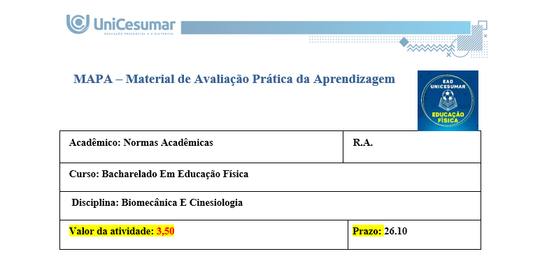 MAPA – Material de Avaliação Prática da Aprendizagem Acadêmico: Normas Acadêmicas R.A. Curso: Bacharelado Em Educação Física Disciplina: Biomecânica E Cinesiologia Valor da atividade: 3,50 Prazo: 26.10 Instruções para Realização da Atividade 1. Todos os campos acima deverão ser devidamente preenchidos; 2. É obrigatória a utilização deste formulário para a realização do MAPA Substitutivo; 3. Esta é uma atividade individual. Caso identificado cópia de colegas, o trabalho de ambos sofrerá decréscimo de nota; 4. Utilizando este formulário, realize sua atividade, salve em seu computador, renomeie e envie em forma de anexo; 5. Formatação exigida para esta atividade: documento Word, Fonte Arial ou Times New Roman tamanho 12, Espaçamento entre linhas 1,5, texto justificado; 6. Ao utilizar quaisquer materiais de pesquisa referencie conforme as normas da ABNT; 7. Critérios de avaliação: Utilização do template; Atendimento ao Tema; Constituição dos argumentos e organização das Ideias; Correção Gramatical e atendimento às normas ABNT. 8. Procure argumentar de forma clara e objetiva, de acordo com o conteúdo da disciplina. Em caso de dúvidas, entre em contato com seu Professor Mediador. Bons estudos! ATIVIDADE MAPA – Biomecânica e Cinesiologia O sistema muscular humano apresenta grande diversidade estrutural, com diferentes formas e arranjos de fibras que influenciam a força, a amplitude e a especialização dos movimentos. Essa variedade garante que o corpo possa realizar desde ações amplas e delicadas até gestos potentes e vigorosos. Durante o exercício, os músculos podem atuar de modos distintos, seja produzindo movimento, controlando sua velocidade ou estabilizando articulações. Para entender essa atuação, é fundamental considerar o torque, grandeza física que descreve a tendência de uma força em provocar rotação em torno de um eixo. Ossos e articulações funcionam como alavancas que potencializam a ação muscular. Assim, a interação entre estrutura, função e princípios mecânicos explica como o corpo se adapta às demandas do esporte e da vida cotidiana. Fonte: APOLONI, B. F.; THON, R. A. Biomecânica e Cinesiologia. Unicesumar, 2020. Para esta atividade MAPA, responda às questões a seguir: 1. Os músculos do corpo humano possuem diferentes formas e padrões de disposição que permitem sua adaptação a diversas funções e tipos de movimento. Alguns músculos apresentam fibras organizadas de maneira paralela a um tendão central, outros apresentam fibras que se inserem obliquamente em um tendão, alguns músculos têm fibras que cobrem todo o comprimento do ventre muscular e outros apresentam fibras que convergem de diferentes direções para um ponto central. Com base nessas descrições, identifique os nomes das arquiteturas musculares correspondentes a cada padrão e descreva suas principais características, apresentando exemplos. • Paralela (fuselada ou em fita) - bíceps braquial (fusiforme); sartório e reto abdominal (em fita/strap). • Oblíqua (peniforme ou pennada) - músculo extensor dos dedos (unipenado); reto femoral (bipenado); deltoide (multipenado). • Plano ou laminar (fibras cobrindo todo o comprimento do ventre) - oblíquo externo do abdome e outros músculos laminares da parede abdominal; alguns músculos da parede torácica e pélvica. • Convergente (triangular ou em leque) - peitoral maior (convergente/triangular); latíssimo do dorso atua de forma semelhante em grandes leques de fibras convergentes para inserção proximal. 2. Durante a prática de atividades físicas e esportivas, os músculos atuam de diferentes maneiras dependendo do movimento e da resistência envolvida. O comportamento muscular pode variar conforme a situação e a demanda do gesto esportivo. Com base nesse contexto, identifique os tipos de ação muscular e descreva cada um deles. • Concentérica: - Descrição: o músculo encurta enquanto gera força, vencendo a resistência e produzindo movimento. - Função prática: acelera segmentos, gera impulso e eleva cargas. - Exemplo: subida na fase de extensão do cotovelo na rosca bíceps. • Excêntrica: - Descrição: o músculo alongase sob tensão enquanto controla ou desacelera a resistência; gera força enquanto aumenta seu comprimento. - Função prática: amortiza impactos, controla descidas e produz grande estímulo para adaptação e fortalecimento. - Exemplo: descida controlada no agachamento ou na fase de extensão do joelho ao aterrissar de um salto. • Isométrica: - Descrição: o músculo gera tensão sem alterar seu comprimento; não há deslocamento articular significativo. - Função prática: estabiliza articulações, mantém posturas e produz força em posições estáticas úteis para desempenho e reabilitação. - Exemplo: manter a posição de prancha ou segurar um halter parado com o cotovelo a 90 graus. • Isocinética (uso clínico e de laboratório): - Descrição: contração a velocidade angular constante controlada por equipamento; a resistência varia para manter velocidade constante. - Função prática: avaliação e treino controlado de força e potência em toda a amplitude articular. - Exemplo: teste de torque em dinamômetro isocinético em reabilitação esportiva. 3. O torque é uma grandeza física que descreve a tendência de uma força em provocar rotação em torno de um ponto ou eixo. No contexto do movimento humano e do exercício físico, o torque é fundamental para compreender como músculos e articulações interagem para gerar movimento. Durante atividades como levantar pesos, correr, arremessar ou chutar, os músculos esqueléticos aplicam forças que, através das alavancas formadas pelos ossos e articulações, produzem torques responsáveis pelo deslocamento dos segmentos corporais. A intensidade do torque depende da força aplicada e da distância entre o ponto de aplicação da força e o eixo articular (braço de alavanca). Os músculos são estruturas essenciais do sistema locomotor, capazes de gerar força e controlar movimentos. Formados por tecidos especializados, eles se contraem em resposta a estímulos nervosos, permitindo tanto ações motoras voluntárias quanto involuntárias. No exercício físico, os músculos desempenham funções centrais na execução de movimentos, estabilização articular, manutenção da postura e geração de potência e resistência. A seguir, vemos uma imagem do exercício chamado Desenvolvimento com Halteres: Fonte: o autor. (2025). De acordo com as informações do enunciado, a imagem, e considerando que o halter possui 20 kg e a distância da articulação do cotovelo e do ombro é de 10 centímetros, o ângulo da articulação do cotovelo seja 90º, e a gravidade seja 10m/s² responda: a) Qual é o músculo estabilizador do movimento? Músculo estabilizador principal é o Manguito rotador. Os músculos do manguito rotador são: subescapular, supraespinal, infraespinal, redondo menor. b) Qual é o músculo agonista e o sinergista? • Agonista Deltoide, com ênfase na cabeça anterior. Esta porção do deltoide é o principal gerador de torque para elevar o braço na fase concêntrica do desenvolvimento com halteres. • Sinergistas - Tríceps braquial - estende o cotovelo e auxilia a completar a elevação do halter, colaborando com o deltoide na fase final do movimento. - Trapézio (porção superior/descendente) - contribui para a elevação e estabilização da cintura escapular durante a subida do peso. - Serrátil anterior - auxilia no controle e rotação upward da escápula, otimizando a trajetória do úmero e a eficiência do gesto. c) Quanto é o torque na articulação do ombro? d) Quais movimentos estão fazendo a articulação do cotovelo durante o exercício? • Extensão do cotovelo (concêntrica) - ocorre na fase de subida, quando o cotovelo se estende para empurrar o halter para cima; o tríceps é o principal gerador desse movimento. • Flexão do cotovelo (excêntrica) - ocorre na fase de descida controlada, quando o cotovelo se dobra enquanto o tríceps alonga sob tensão para controlar o retorno. • Ação isométrica parcial - em pontos intermediários ou ao segurar o halter parado, os músculos do cotovelo geram tensão sem alteração significativa do ângulo articular para estabilização. • Movimentos acessórios mínimos - pequenas variações de rotação ou ajuste de antebraço (pronação/supinação) podem ocorrer para posicionar o punho e o halter, mas não são o componente primário do gesto. REFERÊNCIAS BIOMECÂNICA da Ação Muscular. Prof e DF, s.d. Disponível em: http://www.profedf.ufpr.br/rodackibiomecanica_arquivos/Biom%20acao%20muscular.pdf. Acesso em: 4 out. 2025. EQUIPE EDITORIAL TUA SAÚDE. Desenvolvimento com halteres: para que serve, tipos (e como fazer). Tua Saúde, 2025. Disponível em: https://www.tuasaude.com/desenvolvimento-com-halteres/. Acesso em: 4 out. 2025. MARI. Sistema Muscular e Classificação dos Músculos. Biomedicina Online, 2025. Disponível em: https://biomedicinaonline.com.br/sistema-muscular-e-classificacao-dos-musculos/. Acesso em: 4 out. 2025. OLIVEIRA, Victor Hugo Rocha Ferreira de. Desenvolvimento com Halteres: Execução, músculos e dicas. Treino Mestre, 2021. Disponível em: https://treinomestre.com.br/desenvolvimento-com-halteres/. Acesso em: 4 out. 2025. PINHEIRO, Marcelle. Sistema muscular: função, classificação e tipos de músculo. Tua Saúde, 2023. Disponível em: https://www.tuasaude.com/tipos-de-musculo/. Acesso em: 4 out. 2025. SANTOS, Vanessa Sardinha dos. Sistema muscular. Brasil Escola, s.d. Disponível em: https://brasilescola.uol.com.br/biologia/sistema-muscular.htm. Acesso em: 4 out. 2025. SISTEMA Muscular: Estrutura, Funções e Classificações. Médicos do futuro, s.d. Disponível em: https://medicosdofuturo.com.br/2025/07/29/sistema-muscular-estrutura-funcoes-e-classificacoes/. Acesso em: 4 out. 2025. SISTEMA SAUDÁVEL. O que é Ação Muscular e seus tipos? Sistema Saudável, 2025. Disponível em: https://sistemasaudavel.com/glossario/o-que-e-acao-muscular-e-seus-tipos/. Acesso em: 4 out. 2025. Orientações gerais: -Utilize o livro em PDF (disponível dentro do ambiente da disciplina) para elaborar suas respostas. -Assista ao vídeo explicativo da atividade, disponível dentro do ambiente da disciplina. Orientações finais:  Cópias parciais ou totais serão zeradas.  Poste seu arquivo em formato word (.doc) ou PDF. Outros formatos não serão aceitos.  Certifique-se se o arquivo enviado está correto. Se houver algum problema na postagem, comunique ao seu mediador, com urgência, pois após a finalização do prazo, não há como alterar o arquivo. Se seu arquivo estiver incorreto, você poderá ficar sem nota.  Todas as atividades do curso são avaliadas conforme a solicitação. Sendo assim, o descumprimento dessas orientações pode acarretar algum desconto na nota.