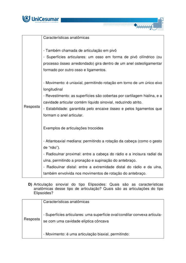 
MAPA – Material de Avaliação Prática da Aprendizagem

Acadêmico: Normas Acadêmicas	R.A.
Curso: Bacharelado Em Educação Física
 Disciplina: Anatomia Humana Aplicada à Educação Física
Valor da atividade: 5,0	Prazo:

Instruções para Realização da Atividade
1.	Todos os campos acima deverão ser devidamente preenchidos;
2.	É obrigatória a utilização deste formulário para a realização do MAPA;
3.	Esta é uma atividade individual. Caso identificado cópia de colegas, o trabalho de ambos sofrerá decréscimo de nota;
4.	Utilizando este formulário, realize sua atividade, salve em seu computador, renomeie e envie em forma de anexo;
5.	Formatação exigida para esta atividade: documento Word, Fonte Arial ou Times New Roman tamanho 12, Espaçamento entre linhas 1,5, texto justificado; 
6.	Ao utilizar quaisquer materiais de pesquisa referencie conforme as normas da ABNT;
7.	Na Sala do Café do ambiente virtual da disciplina você encontrará orientações importantes para elaboração desta atividade. Confira!
8.	Critérios de avaliação: Utilização do template; Atendimento ao Tema; Constituição dos argumentos e organização das Ideias; Correção Gramatical e atendimento às normas ABNT.
9.	Procure argumentar de forma clara e objetiva, de acordo com o conteúdo da disciplina.


Em caso de dúvidas, entre em contato com seu Professor Mediador.

Bons estudos!






QUESTÃO 1
 
A prática de exercícios físicos envolve a complexa interação entre o sistema muscular e o esquelético. Neste sentido, faz-se necessário compreender a anatomia óssea e muscular, para então, entender a mecânica do movimento e prevenir lesões durante a prática de movimentos em geral.

GUYTON, Arthur C.; HALL, John E. Tratado de fisiologia médica. 13. ed. Rio de Janeiro: Elsevier, 2017.

A partir deste contexto, observe a imagem abaixo e identifique o que se pede:


QUESTÃO 2

Os estudos sobre a Miologia apontam importantes informações sobre a função dos músculos, os tipos de músculos existentes no corpo humano e também, as suas características anatômicas. É importante lembrar, que os músculos não são iguais, possuem diferentes características, quanto a sua estrutura, função e tipo de contração.

Barbosa, C. P. Anatomia Humana Aplicada à Educação Física. Centro Universitário de Maringá. Núcleo de Educação à Distância. Maringá-PR. Unicesumar. 2024.

Neste contexto, responda as questões abaixo:


QUESTÃO 3

No treinamento esportivo de alta intensidade ou até mesmo durante as aulas de Educação Física Escolar, é muito comum lesões em articulações sinoviais, por estarem envolvidas a movimentos específicos do esporte, como um chute, um arremesso, um drible, dentre outros. As articulações sinoviais possuem características anatômicas específicas e também são divididas em vários tipos, de acordo com suas características estruturais, sendo estas: do tipo plana, do tipo gínglimo, trocoides, elipsoides, selares e esferoideas.

Barbosa, C. P. Anatomia Humana Aplicada à Educação Física. Centro Universitário de Maringá. Núcleo de Educação à Distância. Maringá-PR. Unicesumar. 2024.

Considerando as articulações sinoviais, seus diferentes tipos e suas características anatômicas, responda as seguintes questões:

a) Articulação sinovial do tipo Plana: Quais são as características anatômicas desse tipo de articulação? Quais são as articulações do tipo planas? 

Resposta	
Características anatômicas

- Superfícies articulares planas ou levemente curvas: permitem principalmente movimentos de deslizamento entre os ossos, com amplitude pequena e não axial. 
- Elementos sinoviais completos: cápsula articular, membrana sinovial e líquido sinovial, com cartilagem hialina cobrindo as superfícies — típicos de toda articulação sinovial.
- Estabilidade por ligamentos e cápsula firme: restringem a mobilidade, favorecendo ajustes finos de posição e distribuição de carga.

Exemplos de articulações do tipo plana

- Intercarpais e intertarsais (entre ossos do carpo e do tarso).
- Acromioclavicular (entre clavícula e acrômio).
- Zigapofisárias (facetas articulares das vértebras).  

Essas articulações favorecem ajustes de posicionamento e estabilidade com movimentos de deslizamento limitado, essenciais em gestos esportivos que exigem precisão e controle articular.

b) Articulação sinovial do tipo Gínglimo: Quais são as características anatômicas desse tipo de articulação? Quais são as articulações do tipo Gínglimo?

Resposta	Características anatômicas

- Também chamada de articulação em dobradiça
- Superfícies articulares: uma convexa (em forma de polia ou tróclea) e outra côncava, que se encaixam de forma semelhante a uma dobradiça.

- Movimento: é uniaxial, permitindo principalmente flexão e extensão no plano sagital, em torno de um eixo transversal.
- Estabilidade: garantida por cápsula articular e ligamentos colaterais, que limitam movimentos laterais e mantêm o alinhamento.
- Revestimento: cartilagem hialina recobre as superfícies ósseas, e o líquido sinovial lubrifica, reduzindo o atrito.

Exemplos de articulações gínglimo

- Articulação úmero-ulnar (cotovelo) 
- Articulações interfalângicas: entre as falanges dos dedos das mãos e dos pés.
- Articulação talocrural (tornozelo)
- Articulação do joelho (tibiofemoral): considerada um gínglimo modificado, pois além de flexão e extensão, permite pequena rotação acessória.

c) Articulação sinovial do tipo Trocoides: Quais são as características anatômicas desse tipo de articulação? Quais são as articulações do tipo Trocoides?

Resposta	Características anatômicas

- Também chamada de articulação em pivô
- Superfícies articulares: um osso em forma de pivô cilíndrico (ou processo ósseo arredondado) gira dentro de um anel osteoligamentar formado por outro osso e ligamentos.

- Movimento: é uniaxial, permitindo rotação em torno de um único eixo longitudinal
- Revestimento: as superfícies são cobertas por cartilagem hialina, e a cavidade articular contém líquido sinovial, reduzindo atrito.
- Estabilidade: garantida pelo encaixe ósseo e pelos ligamentos que formam o anel articular.

Exemplos de articulações trocoides

- Atlantoaxial mediana: permitindo a rotação da cabeça (como o gesto de “não”).
- Radioulnar proximal: entre a cabeça do rádio e a incisura radial da ulna, permitindo a pronação e supinação do antebraço.
- Radioulnar distal: entre a extremidade distal do rádio e da ulna, também envolvida nos movimentos de rotação do antebraço.

d) Articulação sinovial do tipo Elipsoides: Quais são as características anatômicas desse tipo de articulação? Quais são as articulações do tipo Elipsoides?

Resposta	Características anatômicas

- Superfícies articulares: uma superfície oval/condilar convexa articula-se com uma cavidade elíptica côncava

- Movimento: é uma articulação biaxial, permitindo:
- Flexão e extensão (plano sagital).
- Abdução e adução (plano frontal).
- A combinação desses movimentos gera a circundução.
- Rotação verdadeira: não ocorre, ou é muito limitada.
- Estabilidade: garantida pelo formato elipsoide e por ligamentos que controlam a amplitude.
- Revestimento: superfícies cobertas por cartilagem hialina e lubrificadas por líquido sinovial, como em todas as articulações sinoviais.

Exemplos de articulações elipsoides

- Radiocárpica (punho): entre o rádio e os ossos do carpo (escafoide, semilunar e piramidal).
- Metacarpofalângicas (MCP): entre metacarpos e falanges proximais (base dos dedos da mão).
- Metatarsofalângicas (MTP): entre metatarsos e falanges proximais (base dos dedos do pé).
- Atlanto-occipital: entre os côndilos occipitais e as cavidades superiores do atlas (C1), permitindo o gesto de “sim” (flexão/extensão da cabeça).

e) Articulação sinovial do tipo Selares: Quais são as características anatômicas desse tipo de articulação? Quais são as articulações do tipo Selares?

Resposta	Características anatômicas

- Superfícies articulares: ambas são côncavo-convexas, ou seja, cada osso tem uma superfície que é côncava em uma direção e convexa na outra, encaixando-se como uma sela e cavaleiro.

- Movimento: é uma articulação biaxial, permitindo:
- Flexão e extensão (plano sagital)
- Abdução e adução (plano frontal)
- A combinação desses movimentos gera circundução
- Rotação verdadeira: não ocorre, mas há grande liberdade de movimento.
- Estabilidade: boa congruência entre as superfícies, reforçada por ligamentos e cápsula articular.
- Revestimento: cartilagem hialina nas superfícies e líquido sinovial na cavidade articular.

Exemplos de articulações selares

- Carpometacarpiana do polegar (1º dedo): entre o trapézio e o 1º metacarpo – permite a oposição do polegar, essencial para a preensão.
- Esternoclavicular: entre o esterno e a extremidade medial da clavícula – permite movimentos do ombro em várias direções.
- Calcaneocuboide (em alguns autores): considerada selar por sua geometria funcional.

f) Articulação sinovial do tipo Esferoideas: Quais são as características anatômicas desse tipo de articulação? Quais são as articulações do tipo Esferoideas? 

Resposta	Características anatômicas

- Superfícies articulares: uma superfície esférica convexa (cabeça do osso) encaixa-se em uma cavidade côncava profunda (soquete), permitindo grande liberdade de movimento.

- Movimento: é uma articulação multiaxial, permitindo movimentos em três eixos:
- Flexão e extensão
- Abdução e adução
- Rotação interna e externa
- A combinação desses movimentos gera circundução
- Amplitude: é o tipo de articulação sinovial com maior amplitude de movimento.
- Estabilidade: depende da profundidade da cavidade, da cápsula articular, dos ligamentos e da musculatura envolvente.
- Revestimento: cartilagem hialina nas superfícies articulares e líquido sinovial na cavidade para lubrificação e nutrição.

Exemplos de articulações esferoides

- Glenoumeral (ombro): entre a cabeça do úmero e a cavidade glenoidal da escápula.
- Coxofemoral (quadril): entre a cabeça do fêmur e o acetábulo do osso do quadril.


g) Quais movimentos, as articulações sinoviais podem apresentar?

Resposta	Movimentos das articulações sinoviais

As articulações sinoviais permitem uma ampla variedade de movimentos graças à presença de cavidade articular, cartilagem hialina, membrana sinovial, ligamentos e músculos que as mobilizam.

Movimentos principais
- Flexão — diminuição do ângulo entre segmentos; ex.: flexão do cotovelo.
- Extensão — aumento do ângulo entre segmentos; ex.: extensão do joelho.
- Abdução — afastamento de uma estrutura do plano mediano do corpo; ex.: abdução do braço.
- Adução — aproximação ao plano mediano; ex.: adução do braço.
- Rotação — giro de um segmento em torno do seu eixo longitudinal; inclui rotação medial (interna) e rotação lateral (externa); ex.: rotação do ombro.
- Circundução — movimento circular combinado (flexão + abdução + extensão + adução); ex.: movimento do ombro ou quadril.
- Pronação e supinação — rotação do antebraço que posiciona a palma para baixo (pronação) ou para cima (supinação); ex.: articulações radioulnars proximal/distal.
- Inversão e eversão — movimentos do pé na articulação subtalar que giram a planta medialmente (inversão) ou lateralmente (eversão).
- Deslizamento — pequenos movimentos de translação entre superfícies planas; ex.: articulações intercarpais.
- Elevação e depressão — elevar (subir) ou deprimir (descer) uma parte do corpo; ex.: elevação e depressão da escápula.
- Protrusão (protração) e retração — deslocamento anterior e posterior de uma estrutura; ex.: retração da mandíbula ou escápula.
- Oposição — movimento complexo do polegar que o aproxima da ponta dos outros dedos.




Referências: 

Barbosa, C. P. Anatomia Humana Aplicada à Educação Física. Centro Universitário de Maringá. Núcleo de Educação à Distância. Maringá-PR. Unicesumar. 2024.

RESUMO de articulações sinoviais. Sanarmed, 2025. Disponível em: https://sanarmed.com/resumo-de-articulacoes-sinoviais/. Acesso em: 6 out .2025.

TIPOS de Articulações Sinoviais: Estrutura, Funções e Relevância Clínica. Médicos do futuro, 2025. Disponível em: https://medicosdofuturo.com.br/2025/08/19/tipos-de-articulacoes-sinoviais-estrutura-funcoes-e-relevancia-clinica/. Acesso em: 6 out. 2025.
