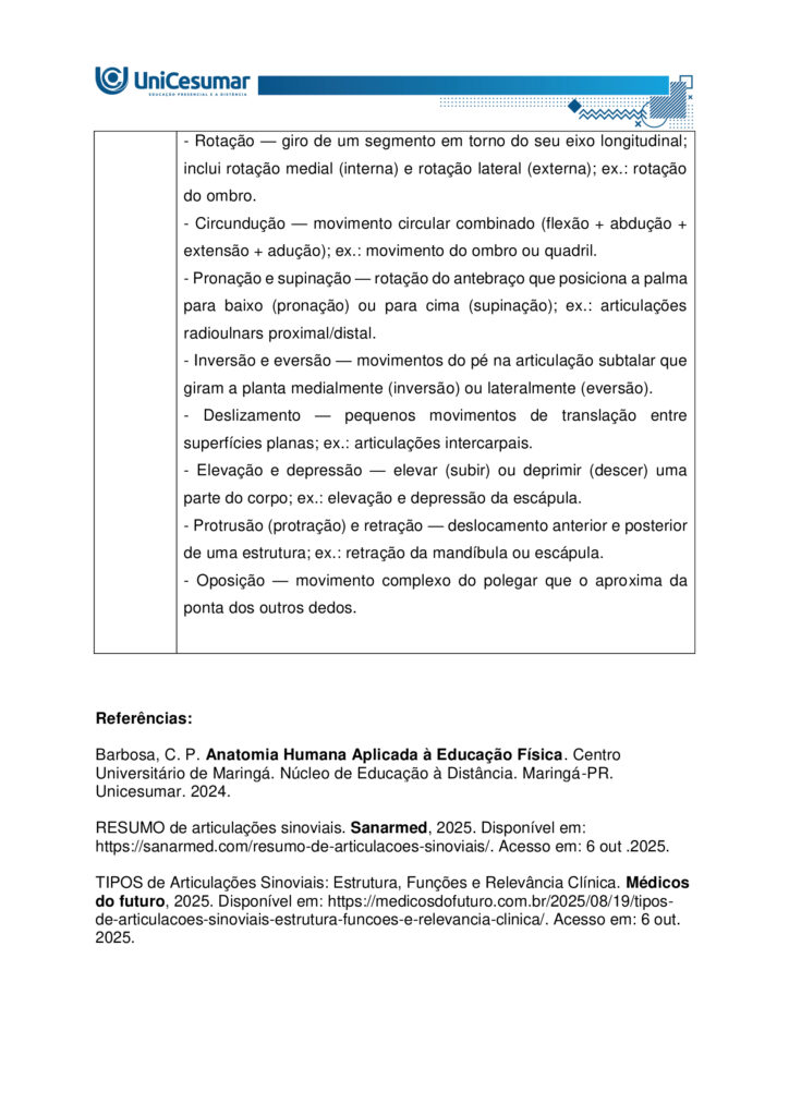 
MAPA – Material de Avaliação Prática da Aprendizagem

Acadêmico: Normas Acadêmicas	R.A.
Curso: Bacharelado Em Educação Física
 Disciplina: Anatomia Humana Aplicada à Educação Física
Valor da atividade: 5,0	Prazo:

Instruções para Realização da Atividade
1.	Todos os campos acima deverão ser devidamente preenchidos;
2.	É obrigatória a utilização deste formulário para a realização do MAPA;
3.	Esta é uma atividade individual. Caso identificado cópia de colegas, o trabalho de ambos sofrerá decréscimo de nota;
4.	Utilizando este formulário, realize sua atividade, salve em seu computador, renomeie e envie em forma de anexo;
5.	Formatação exigida para esta atividade: documento Word, Fonte Arial ou Times New Roman tamanho 12, Espaçamento entre linhas 1,5, texto justificado; 
6.	Ao utilizar quaisquer materiais de pesquisa referencie conforme as normas da ABNT;
7.	Na Sala do Café do ambiente virtual da disciplina você encontrará orientações importantes para elaboração desta atividade. Confira!
8.	Critérios de avaliação: Utilização do template; Atendimento ao Tema; Constituição dos argumentos e organização das Ideias; Correção Gramatical e atendimento às normas ABNT.
9.	Procure argumentar de forma clara e objetiva, de acordo com o conteúdo da disciplina.


Em caso de dúvidas, entre em contato com seu Professor Mediador.

Bons estudos!






QUESTÃO 1
 
A prática de exercícios físicos envolve a complexa interação entre o sistema muscular e o esquelético. Neste sentido, faz-se necessário compreender a anatomia óssea e muscular, para então, entender a mecânica do movimento e prevenir lesões durante a prática de movimentos em geral.

GUYTON, Arthur C.; HALL, John E. Tratado de fisiologia médica. 13. ed. Rio de Janeiro: Elsevier, 2017.

A partir deste contexto, observe a imagem abaixo e identifique o que se pede:


QUESTÃO 2

Os estudos sobre a Miologia apontam importantes informações sobre a função dos músculos, os tipos de músculos existentes no corpo humano e também, as suas características anatômicas. É importante lembrar, que os músculos não são iguais, possuem diferentes características, quanto a sua estrutura, função e tipo de contração.

Barbosa, C. P. Anatomia Humana Aplicada à Educação Física. Centro Universitário de Maringá. Núcleo de Educação à Distância. Maringá-PR. Unicesumar. 2024.

Neste contexto, responda as questões abaixo:


QUESTÃO 3

No treinamento esportivo de alta intensidade ou até mesmo durante as aulas de Educação Física Escolar, é muito comum lesões em articulações sinoviais, por estarem envolvidas a movimentos específicos do esporte, como um chute, um arremesso, um drible, dentre outros. As articulações sinoviais possuem características anatômicas específicas e também são divididas em vários tipos, de acordo com suas características estruturais, sendo estas: do tipo plana, do tipo gínglimo, trocoides, elipsoides, selares e esferoideas.

Barbosa, C. P. Anatomia Humana Aplicada à Educação Física. Centro Universitário de Maringá. Núcleo de Educação à Distância. Maringá-PR. Unicesumar. 2024.

Considerando as articulações sinoviais, seus diferentes tipos e suas características anatômicas, responda as seguintes questões:

a) Articulação sinovial do tipo Plana: Quais são as características anatômicas desse tipo de articulação? Quais são as articulações do tipo planas? 

Resposta	
Características anatômicas

- Superfícies articulares planas ou levemente curvas: permitem principalmente movimentos de deslizamento entre os ossos, com amplitude pequena e não axial. 
- Elementos sinoviais completos: cápsula articular, membrana sinovial e líquido sinovial, com cartilagem hialina cobrindo as superfícies — típicos de toda articulação sinovial.
- Estabilidade por ligamentos e cápsula firme: restringem a mobilidade, favorecendo ajustes finos de posição e distribuição de carga.

Exemplos de articulações do tipo plana

- Intercarpais e intertarsais (entre ossos do carpo e do tarso).
- Acromioclavicular (entre clavícula e acrômio).
- Zigapofisárias (facetas articulares das vértebras).  

Essas articulações favorecem ajustes de posicionamento e estabilidade com movimentos de deslizamento limitado, essenciais em gestos esportivos que exigem precisão e controle articular.

b) Articulação sinovial do tipo Gínglimo: Quais são as características anatômicas desse tipo de articulação? Quais são as articulações do tipo Gínglimo?

Resposta	Características anatômicas

- Também chamada de articulação em dobradiça
- Superfícies articulares: uma convexa (em forma de polia ou tróclea) e outra côncava, que se encaixam de forma semelhante a uma dobradiça.

- Movimento: é uniaxial, permitindo principalmente flexão e extensão no plano sagital, em torno de um eixo transversal.
- Estabilidade: garantida por cápsula articular e ligamentos colaterais, que limitam movimentos laterais e mantêm o alinhamento.
- Revestimento: cartilagem hialina recobre as superfícies ósseas, e o líquido sinovial lubrifica, reduzindo o atrito.

Exemplos de articulações gínglimo

- Articulação úmero-ulnar (cotovelo) 
- Articulações interfalângicas: entre as falanges dos dedos das mãos e dos pés.
- Articulação talocrural (tornozelo)
- Articulação do joelho (tibiofemoral): considerada um gínglimo modificado, pois além de flexão e extensão, permite pequena rotação acessória.

c) Articulação sinovial do tipo Trocoides: Quais são as características anatômicas desse tipo de articulação? Quais são as articulações do tipo Trocoides?

Resposta	Características anatômicas

- Também chamada de articulação em pivô
- Superfícies articulares: um osso em forma de pivô cilíndrico (ou processo ósseo arredondado) gira dentro de um anel osteoligamentar formado por outro osso e ligamentos.

- Movimento: é uniaxial, permitindo rotação em torno de um único eixo longitudinal
- Revestimento: as superfícies são cobertas por cartilagem hialina, e a cavidade articular contém líquido sinovial, reduzindo atrito.
- Estabilidade: garantida pelo encaixe ósseo e pelos ligamentos que formam o anel articular.

Exemplos de articulações trocoides

- Atlantoaxial mediana: permitindo a rotação da cabeça (como o gesto de “não”).
- Radioulnar proximal: entre a cabeça do rádio e a incisura radial da ulna, permitindo a pronação e supinação do antebraço.
- Radioulnar distal: entre a extremidade distal do rádio e da ulna, também envolvida nos movimentos de rotação do antebraço.

d) Articulação sinovial do tipo Elipsoides: Quais são as características anatômicas desse tipo de articulação? Quais são as articulações do tipo Elipsoides?

Resposta	Características anatômicas

- Superfícies articulares: uma superfície oval/condilar convexa articula-se com uma cavidade elíptica côncava

- Movimento: é uma articulação biaxial, permitindo:
- Flexão e extensão (plano sagital).
- Abdução e adução (plano frontal).
- A combinação desses movimentos gera a circundução.
- Rotação verdadeira: não ocorre, ou é muito limitada.
- Estabilidade: garantida pelo formato elipsoide e por ligamentos que controlam a amplitude.
- Revestimento: superfícies cobertas por cartilagem hialina e lubrificadas por líquido sinovial, como em todas as articulações sinoviais.

Exemplos de articulações elipsoides

- Radiocárpica (punho): entre o rádio e os ossos do carpo (escafoide, semilunar e piramidal).
- Metacarpofalângicas (MCP): entre metacarpos e falanges proximais (base dos dedos da mão).
- Metatarsofalângicas (MTP): entre metatarsos e falanges proximais (base dos dedos do pé).
- Atlanto-occipital: entre os côndilos occipitais e as cavidades superiores do atlas (C1), permitindo o gesto de “sim” (flexão/extensão da cabeça).

e) Articulação sinovial do tipo Selares: Quais são as características anatômicas desse tipo de articulação? Quais são as articulações do tipo Selares?

Resposta	Características anatômicas

- Superfícies articulares: ambas são côncavo-convexas, ou seja, cada osso tem uma superfície que é côncava em uma direção e convexa na outra, encaixando-se como uma sela e cavaleiro.

- Movimento: é uma articulação biaxial, permitindo:
- Flexão e extensão (plano sagital)
- Abdução e adução (plano frontal)
- A combinação desses movimentos gera circundução
- Rotação verdadeira: não ocorre, mas há grande liberdade de movimento.
- Estabilidade: boa congruência entre as superfícies, reforçada por ligamentos e cápsula articular.
- Revestimento: cartilagem hialina nas superfícies e líquido sinovial na cavidade articular.

Exemplos de articulações selares

- Carpometacarpiana do polegar (1º dedo): entre o trapézio e o 1º metacarpo – permite a oposição do polegar, essencial para a preensão.
- Esternoclavicular: entre o esterno e a extremidade medial da clavícula – permite movimentos do ombro em várias direções.
- Calcaneocuboide (em alguns autores): considerada selar por sua geometria funcional.

f) Articulação sinovial do tipo Esferoideas: Quais são as características anatômicas desse tipo de articulação? Quais são as articulações do tipo Esferoideas? 

Resposta	Características anatômicas

- Superfícies articulares: uma superfície esférica convexa (cabeça do osso) encaixa-se em uma cavidade côncava profunda (soquete), permitindo grande liberdade de movimento.

- Movimento: é uma articulação multiaxial, permitindo movimentos em três eixos:
- Flexão e extensão
- Abdução e adução
- Rotação interna e externa
- A combinação desses movimentos gera circundução
- Amplitude: é o tipo de articulação sinovial com maior amplitude de movimento.
- Estabilidade: depende da profundidade da cavidade, da cápsula articular, dos ligamentos e da musculatura envolvente.
- Revestimento: cartilagem hialina nas superfícies articulares e líquido sinovial na cavidade para lubrificação e nutrição.

Exemplos de articulações esferoides

- Glenoumeral (ombro): entre a cabeça do úmero e a cavidade glenoidal da escápula.
- Coxofemoral (quadril): entre a cabeça do fêmur e o acetábulo do osso do quadril.


g) Quais movimentos, as articulações sinoviais podem apresentar?

Resposta	Movimentos das articulações sinoviais

As articulações sinoviais permitem uma ampla variedade de movimentos graças à presença de cavidade articular, cartilagem hialina, membrana sinovial, ligamentos e músculos que as mobilizam.

Movimentos principais
- Flexão — diminuição do ângulo entre segmentos; ex.: flexão do cotovelo.
- Extensão — aumento do ângulo entre segmentos; ex.: extensão do joelho.
- Abdução — afastamento de uma estrutura do plano mediano do corpo; ex.: abdução do braço.
- Adução — aproximação ao plano mediano; ex.: adução do braço.
- Rotação — giro de um segmento em torno do seu eixo longitudinal; inclui rotação medial (interna) e rotação lateral (externa); ex.: rotação do ombro.
- Circundução — movimento circular combinado (flexão + abdução + extensão + adução); ex.: movimento do ombro ou quadril.
- Pronação e supinação — rotação do antebraço que posiciona a palma para baixo (pronação) ou para cima (supinação); ex.: articulações radioulnars proximal/distal.
- Inversão e eversão — movimentos do pé na articulação subtalar que giram a planta medialmente (inversão) ou lateralmente (eversão).
- Deslizamento — pequenos movimentos de translação entre superfícies planas; ex.: articulações intercarpais.
- Elevação e depressão — elevar (subir) ou deprimir (descer) uma parte do corpo; ex.: elevação e depressão da escápula.
- Protrusão (protração) e retração — deslocamento anterior e posterior de uma estrutura; ex.: retração da mandíbula ou escápula.
- Oposição — movimento complexo do polegar que o aproxima da ponta dos outros dedos.




Referências: 

Barbosa, C. P. Anatomia Humana Aplicada à Educação Física. Centro Universitário de Maringá. Núcleo de Educação à Distância. Maringá-PR. Unicesumar. 2024.

RESUMO de articulações sinoviais. Sanarmed, 2025. Disponível em: https://sanarmed.com/resumo-de-articulacoes-sinoviais/. Acesso em: 6 out .2025.

TIPOS de Articulações Sinoviais: Estrutura, Funções e Relevância Clínica. Médicos do futuro, 2025. Disponível em: https://medicosdofuturo.com.br/2025/08/19/tipos-de-articulacoes-sinoviais-estrutura-funcoes-e-relevancia-clinica/. Acesso em: 6 out. 2025.

