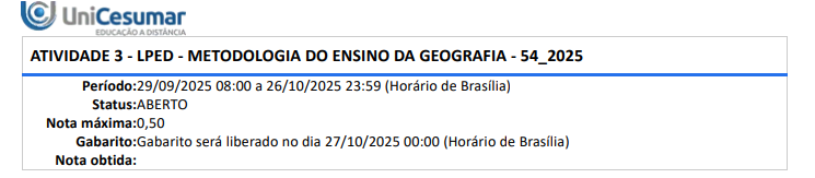 RESPOSTA DA AE3 - LPED - METODOLOGIA DO ENSINO DA GEOGRAFIA - 54_2025 1ª QUESTÃO Um docente resolve construir uma maquete da sala de aula. Para isso, ele divide seus alunos em pequenos grupos. Um dos fatores para que esse agrupamento proposto seja produtivo, é o docente ter clareza sobre: ALTERNATIVAS a) A sua própria formação, pois só ela dará conta de uma boa aula. b) Os objetivos que se quer atingir ao elaborar a proposta de atividade. c) Deixar os estudantes livres de sua interferência, para produzirem melhor. d) Seu próprio conhecimento sobre o assunto, pois o que vale é saber fazer maquetes. e) Faz parte da obrigação dele elaborar atividades em grupo, independente do conteúdo proposto. Resposta correta: b) Os objetivos que se quer atingir ao elaborar a proposta de atividade. Comentário: Para que o trabalho em grupos seja realmente produtivo, o professor precisa, antes de tudo, definir objetivos de aprendizagem (conceituais, procedimentais e atitudinais). É isso que orienta a formação dos grupos, a escolha de materiais, os critérios de avaliação e o tipo de mediação durante a construção da maquete (por exemplo: ler o espaço da sala, trabalhar escala, orientação, funções dos objetos, cooperação etc.). ________________________________________ 2ª QUESTÃO Almeida e Passini (2004) baseados na teoria de Piaget informam que a criança na idade do pensamento concreto necessita agir sobre o objeto para a construção dos conceitos e dos conhecimentos. Fonte: PASSINI, Elza Yasuko; ALMEIDA, Rosângela Doin. O espaço geográfico: ensino e representação.13 ed. São Paulo, Contexto, 2004. Com base no exposto, leia as afirmações que seguem: I. A interação social não é considerada para o desenvolvimento intelectual. II. A ação do aluno sobre o objeto é que proporcionará a construção do conhecimento. III. As interações sociais podem ser geradoras de conflitos, a ponto de perturbar o equilíbrio cognitivo. IV. É na possibilidade de confrontos com diferentes pontos de vista que se dá a produção do progresso e do desenvolvimento intelectual. É correto o que se afirma em: Resposta: d) II, III e IV, apenas. Comentário: Em Piaget, o conhecimento se constrói pela ação sobre o objeto (II) e pelas interações que provocam desequilíbrios e reequilibrações (III e IV). A assertiva I é falsa porque a interação social é relevante ao desenvolvimento. ________________________________________ 3ª QUESTÃO Considere o excerto a seguir: Durante séculos o saber ler, escrever e contar foi o apanágio das classes dirigentes e, desse monopólio, elas obtinham um acréscimo de poder. Mas, as transformações econômicas, sociais, políticas e culturais na Europa do século XIX, como hoje nos países “subdesenvolvidos” fazem com que tenha se tornado indispensável que o conjunto da população saiba ler. E torna-se indispensável que os homens saibam pensar o espaço (LACOSTE, 2016, p. 52). LACOSTE, Yves. A Geografia - Isso serve em Primeiro lugar para fazer a Guerra. São Paulo. Ed. Papirus. 2016. A partir de sua análise considere V para as afirmações verdadeiras e F para as falsas: I - O “saber” era elitista, e excludente, ligado as instituições religiosas católicas. II - O saber ler, escrever e contar, eram privilégios das elites que tinham interesse em manter-se no poder. III - Os homens precisam saber pensar e ler o espaço, tornando-se indispensável às pessoas tal habilidade. IV - Nenhuma outra classe, além das dirigentes, gostaria de saber ler e escrever o espaço, porque não tinha utilidade alguma. A sequência correta é: Resposta: e) V, V, V, F Comentário: O conhecimento foi historicamente elitizado (I e II). Lacoste defende a alfabetização espacial como necessidade coletiva (III). A IV é falsa: outras classes desejavam e necessitavam desse saber. ________________________________________ 4ª QUESTÃO A Geografia é a ciência que estuda o espaço geográfico, considerado o lugar onde se manifestam os fenômenos sociais. Ele é produzido a partir da dinâmica das relações estabelecidas entre o ser humano e o meio onde habita. No que se refere a Geografia Humana, considere as asserções abaixo: I. A Geografia Humana consiste em entender a relação entre o homem e o meio. Essa relação é recíproca, uma vez que está mediada pela tecnologia que altera o ambiente natural. PORQUE II. Valoriza-se o estudo do meio, dando relevância ao estudo da hidrografia, climatologia, geologia, dentre outros. Acerca dessas asserções, assinale a opção correta: Resposta: c) A asserção I é uma proposição verdadeira, e a II é uma proposição falsa. Comentário: A I descreve bem a Geografia Humana (sociedade–meio mediada pela técnica). A II lista conteúdos físicos (clima, relevo, hidrografia), que não justificam a definição de Geografia Humana. ________________________________________ 5ª QUESTÃO A sociedade do século XXI tem passado por inúmeras transformações e na educação não é diferente. Com a revolução tecnológica, é necessário repensar o papel da escola e a utilização de recursos tecnológicos para auxiliar no processo de ensino e aprendizagem. Com relação ao papel da escola, analise as afirmativas a seguir: I. Por ser aulas de Geografia, não há necessidade de se pensar em interdisciplinaridade, pois a disciplina já privilegia o diálogo. II. O papel da escola é unicamente transmitir o conhecimento, pois, dessa forma, conseguirá preparar o aluno para o mercado de trabalho. III. Nas aulas de geografia, é importante que o professor utilize diferentes recursos tecnológicos dinamizando suas aulas e promovendo a reflexão crítica acerca do conteúdo. IV. A escola deve estar preparada para atender às expectativas pessoais dos alunos, torná-los cidadãos ativos na sociedade e atender às exigências do mercado de trabalho. É correto o que se afirma em: Resposta: c) III e IV, apenas. Comentário: Geografia demanda tecnologias e reflexão crítica (III) e a escola tem missão formativa ampla (IV). I e II reduzem/contrariam a visão contemporânea de educação. ________________________________________ 6ª QUESTÃO Observe a imagem a seguir: Fonte: adaptado de: https://www.coladaweb.com/geografia/elementos-de-um-mapa. Acesso em: 07 nov. 2022. Sobre os elementos que devem compor um mapa, analise as afirmações a seguir: I. O mapa deve ser colorido. II. O mapa deve conter sempre legenda. III. O mapa deve conter sempre a rosa dos ventos. As afirmações I, II, e III são, respectivamente: Resposta: c) F, V, V. Comentário: Cor não é obrigatória. Em cartografia escolar, legenda (símbolos) e orientação (rosa dos ventos/ponto cardeal) são elementos básicos esperados. ________________________________________ 7ª QUESTÃO As brincadeiras e os jogos não têm fronteiras e sempre estiveram presentes nas salas de aula das escolas brasileiras, sejam elas públicas ou privadas. Por meio desse tipo de atividade se aprende, além do objeto de aprendizagem, outras competências socioemocionais presentes na BNCC como o respeito mútuo. Desta maneira, o uso do jogo no ensino de geografia pode: Resposta: b) Potencializar a construção do conhecimento, sistematizando conceitos geográficos de modo lúdico e prazeroso. Comentário: Jogos não substituem o planejamento, mas potencializam a aprendizagem de conceitos (escala, orientação, lugar etc.) com engajamento. ________________________________________ 8ª QUESTÃO Um dos componentes básicos do mapa é a legenda, melhor explorada a partir do 3° ano do Ensino Fundamental. Com base em seus estudos, avalie as asserções a seguir e a relação proposta entre elas: I. A BNCC estabelece a seguinte habilidade para o 3° ano do Ensino Fundamental: reconhecer e elaborar legendas com símbolos de diversos tipos de representações em diferentes escalas cartográficas. PORQUE II. A função básica da legenda é indicar quais são os significados dos símbolos utilizados na representação espacial, e sua feição está diretamente relacionada à proporção dos elementos representados e ao nível de detalhamento da área representada. Assinale a alternativa correta: Resposta: a) As asserções I e II são proposições verdadeiras, e a II é uma justificativa correta da I. Comentário: A BNCC prevê a habilidade, e a explicação sobre função e forma da legenda (II) justifica por que ela deve ser ensinada e construída pelos alunos. ________________________________________ 9ª QUESTÃO A respeito do conceito de lugar, considere as asserções e a relação proposta entre elas: I. O ensino da categoria Lugar na ciência geográfica nos remete a uma formação de alunos que aprendem desde muito cedo a terem noções espaciais concretas quanto ao lugar que estão inseridos e as suas implicações sociais, culturais, entre outras. PORQUE II. A partir do lugar é possível aprender as mais diversas escalas geográficas entre o mundo e o indivíduo. Acerca dessas asserções, assinale a opção correta: Resposta: a) As asserções I e II são proposições verdadeiras, e a II é uma justificativa correta da I. Comentário: Lugar é ponto de partida para a alfabetização espacial: da vivência local, o aluno avança para outras escalas (bairro, cidade, país, mundo), justificando a ênfase didática. ________________________________________ 10ª QUESTÃO Sobre o uso da fotografia no ensino da Geografia, leia o trecho a seguir: “Dada a sua importância para a prática docente, a fotografia contribui como um recurso didático a mais para a produção do conhecimento. Seu manuseio constitui-se num processo de alfabetização visual, pois ela é uma expressão da realidade. O uso de imagens e, no caso desse trabalho, a articulação das fotografias dentro do ensino de Geografia são caracterizadas como um instrumento interessante na organização pedagógica.” NIQUELE, J.L.G.; ASALIN, G.A. O USO DE FOTOGRAFIA NO ENSINO DE GEOGRAFIA: UMA EXPERIÊNCIA COM OS ALUNOS DO SEXTO ANO DO ENSINO FUNDAMENTAL. Os desafios da escola pública paranaense na perspectiva do professor. Disponível em: https://bityli.com/EZ4oiX Acesso em: 18 nov. 2021. Sobre a utilização de recursos audiovisuais no ensino de Geografia, avalie as afirmações a seguir: I. O uso dos recursos didáticos em sala é eficaz pois não há imprevistos que podem atrapalhar o ensino do aluno. II. Um recurso didático sozinho não é capaz de garantir que o aluno aprenda o conteúdo de uma aula ou um conceito. III. O professor atua como um agente mediador que orienta o uso destes recursos para atingir um objetivo, previamente, definido em seu planejamento. IV. A música pode ser estimulada a partir da problematização de suas letras. As palavras usadas pelos compositores podem ser exploradas como fonte de informação sobre características típicas de uma região. V. O recurso didático escolhido deve ser conhecido pelo professor: O momento de explorar as potencialidades do recurso é sempre anterior à aula, o que exige um estudo prévio dos modos de instrumentalizá-lo e dos objetivos que pretendem ser alcançados com o seu uso. É correto apenas o que se afirma em: Resposta: e) II, III, IV e V. Comentário: Recursos não garantem aprendizagem por si (II); exigem mediação e planejamento docente (III e V). A música pode ser fonte geográfica (IV). A I é falsa porque imprevistos existem e demandam plano B.