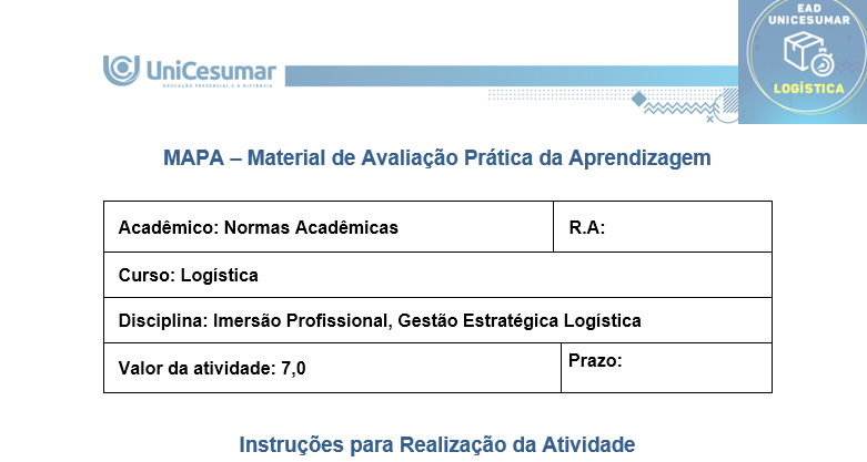 MAPA – Material de Avaliação Prática da Aprendizagem Acadêmico: Normas Acadêmicas R.A: Curso: Logística Disciplina: Imersão Profissional, Gestão Estratégica Logística Valor da atividade: 7,0 Prazo: Instruções para Realização da Atividade 1. Todos os campos acima deverão ser devidamente preenchidos; 2. É obrigatória a utilização deste formulário para a realização do MAPA; 3. Esta é uma atividade individual. Caso identificado cópia de colegas, o trabalho de ambos sofrerá decréscimo de nota; 4. Utilizando este formulário, realize sua atividade, salve em seu computador, renomeie e envie em forma de anexo; 5. Formatação exigida para esta atividade: documento Word, Fonte Arial ou Times New Roman tamanho 12, Espaçamento entre linhas 1,5, texto justificado; 6. Ao utilizar quaisquer materiais de pesquisa referencie conforme as normas da ABNT; 7. No ambiente virtual da disciplina você encontrará orientações importantes para elaboração desta atividade. Confira! 8. Critérios de avaliação: Utilização do template; Atendimento ao Tema; Constituição dos argumentos e organização das Ideias e atendimento às normas ABNT. 9. Procure argumentar de forma clara e objetiva, de acordo com o conteúdo da disciplina. MAPA Contextualização A Tarifa extra anunciada pelos Estados Unidos ao Brasil nos faz atentarmos nas parcerias comerciais. O mundo está cada vez mais dinâmico e interligado, e uma situação pode afetar diretamente a população, os colaboradores e os diretores dos negócios. Ao mesmo tempo em que tudo parece estar em sintonia gerando bons resultados, uma mudança pode influenciar a ponto de inviabilizar a continuação do negócio. É preciso estar atento aos movimentos do mercado e buscar por alternativas que possam diminuir os prejuízos ou até que consiga fazer a empresa sair ainda mais fortalecida. Apresentação do caso Uma empresa que produz e distribui bebidas lácteas que é conhecido e consumido nas capitais brasileiras do Sul, Sudeste e Nordeste está ampliando a atuação para países da América Latina e Ásia. Tem fábricas e centros de distribuição espalhados em diferentes lugares estratégicas que facilitam a exportação tanto por portos como também por aeroportos. Os diretores estão conscientes que esse passo representa um marco que pode fazer a empresa se tornar internacionalmente conhecida, mas se não for devidamente planejado vai comprometer a operação nacional. Financeiramente, os diretores se prepararam para a realização dos investimentos necessários. Elaborado pelo professor, 2025. Comando da atividade: a) Considerando o contexto, realize a Análise PESTEL para a empresa de bebidas lácteas que decidiu exportar os produtos, apresentando e justificando cada uma das partes da ferramenta. b) Com base no material da disciplina na etapa 3 do processo - elaboração do Planejamento Estratégico em Logística - que considera a necessidade de elaboração de estratégias e, levando em conta o caso apresentado, apresente um elemento importante para a estratégia da empresa que deseja exportar os produtos lácteos. Orientações: 1. Acesse o material da disciplina. 2. Assista às aulas disponíveis no ambiente virtual. 3. Baixe o “Formulário Padrão do MAPA”, disponível na pasta Material da Disciplina, no ambiente Studeo. 4. Preencha corretamente todos os campos do formulário conforme as orientações da disciplina. 5. Se utilizar materiais de outros autores, faça as devidas referências. O uso de trechos ou textos sem citação será considerado plágio. 6. Anexe o formulário respondido no espaço destinado à atividade MAPA. O arquivo pode estar em formato Word ou PDF. 7. Revise o arquivo antes de enviar, certificando-se de que é o documento correto. 8. Clique em “Finalizar” para confirmar e concluir sua participação na atividade. Bons estudos! Respostas a) Considerando o contexto, realize a Análise PESTEL para a empresa de bebidas lácteas que decidiu exportar os produtos, apresentando e justificando cada uma das partes da ferramenta. - Político: acordos comerciais e barreiras tarifárias em países–alvo na América Latina e na Ásia podem acelerar ou frear as exportações; estabilidade política e incentivos governamentais influenciam a viabilidade logística. - Econômico: variações cambiais e índices de inflação afetam o custo da matéria-prima, do transporte internacional e a competitividade do preço final; o crescimento de renda nos mercados-alvo define o potencial de demanda por bebidas lácteas. - Social: tendências de consumo (saúde, bem-estar, intolerância à lactose) exigem adaptações do portfólio e de embalagens; hábitos regionais podem ditar sabores, formatos e frequência de compra. - Tecnológico: tecnologias de refrigeração, embalagem de longa vida e rastreabilidade em tempo real (IoT) são essenciais para manter a qualidade do produto na exportação; automação nos CDs aumenta eficiência. - Ambiental: pressão para reduzir a pegada de carbono no transporte refrigerado e atender a regulamentações de resíduos de embalagens; práticas sustentáveis (e.g., bioplásticos) reforçam a imagem da marca. - Legal: conformidade com normas internacionais de segurança alimentar, licenças sanitárias, regras de rotulagem e procedimentos aduaneiros determinam o tempo e o custo de entrada em cada mercado. b) Com base no material da disciplina na etapa 3 do processo - elaboração do Planejamento Estratégico em Logística - que considera a necessidade de elaboração de estratégias e, levando em conta o caso apresentado, apresente um elemento importante para a estratégia da empresa que deseja exportar os produtos lácteos. Desenvolver uma rede de distribuição com centros de cross‐docking refrigerados próximos a portos estratégicos e integrados a um TMS (Transportation Management System) para otimizar roteirização, reduzir lead time e monitorar em tempo real variáveis de temperatura e custo, garantindo confiabilidade e escalabilidade na operação internacional. Referências: BALLOU, Ronald H. Gerenciamento da cadeia de suprimentos/logística empresarial. 5. ed. Porto Alegre: Bookman, 2006. CHOPRA, Sunil; MEINDL, Peter. Gestão de cadeias de suprimentos: estratégia, planejamento e operação. 7. ed. São Paulo: Pearson, 2020. RIBEIRO, Vanessa Caixeta; MESQUITA, Miriam. Ferramentas de análise estratégica: análise PESTEL. Revista de Administração Contemporânea, São Paulo, v. 23, n. 4, p. 453–471, jul./ago. 2020.
