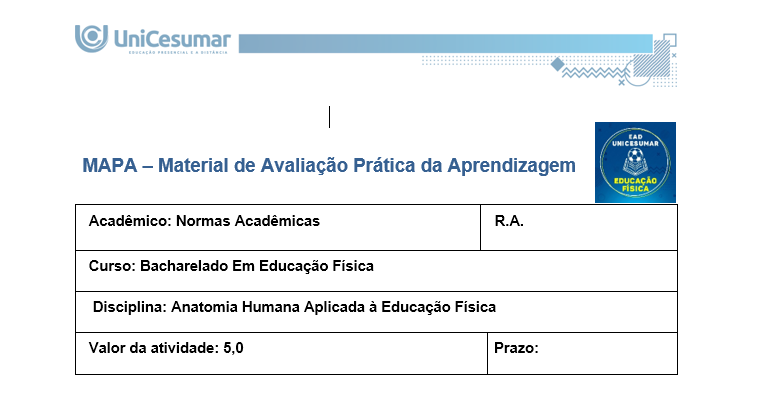 MAPA – Material de Avaliação Prática da Aprendizagem Acadêmico: Normas Acadêmicas R.A. Curso: Bacharelado Em Educação Física Disciplina: Anatomia Humana Aplicada à Educação Física Valor da atividade: 5,0 Prazo: Instruções para Realização da Atividade 1. Todos os campos acima deverão ser devidamente preenchidos; 2. É obrigatória a utilização deste formulário para a realização do MAPA; 3. Esta é uma atividade individual. Caso identificado cópia de colegas, o trabalho de ambos sofrerá decréscimo de nota; 4. Utilizando este formulário, realize sua atividade, salve em seu computador, renomeie e envie em forma de anexo; 5. Formatação exigida para esta atividade: documento Word, Fonte Arial ou Times New Roman tamanho 12, Espaçamento entre linhas 1,5, texto justificado; 6. Ao utilizar quaisquer materiais de pesquisa referencie conforme as normas da ABNT; 7. Na Sala do Café do ambiente virtual da disciplina você encontrará orientações importantes para elaboração desta atividade. Confira! 8. Critérios de avaliação: Utilização do template; Atendimento ao Tema; Constituição dos argumentos e organização das Ideias; Correção Gramatical e atendimento às normas ABNT. 9. Procure argumentar de forma clara e objetiva, de acordo com o conteúdo da disciplina. Em caso de dúvidas, entre em contato com seu Professor Mediador. Bons estudos! QUESTÃO 1 A prática de exercícios físicos envolve a complexa interação entre o sistema muscular e o esquelético. Neste sentido, faz-se necessário compreender a anatomia óssea e muscular, para então, entender a mecânica do movimento e prevenir lesões durante a prática de movimentos em geral. GUYTON, Arthur C.; HALL, John E. Tratado de fisiologia médica. 13. ed. Rio de Janeiro: Elsevier, 2017. A partir deste contexto, observe a imagem abaixo e identifique o que se pede: A) Identificação das estruturas: descreva o número que se encontra na imagem e o nome do osso em que é apontado (ex: 1 - osso …, 2 - osso ...). Resposta 1. Crânio 2. Clavícula 3. Úmero 4. Rádio 5. Ulna 6. Fêmur 7. Tíbia 8. Fíbula 9. Costelas 10. Ossos do quadril 11. Patela B) Características das estruturas identificadas: Descreva as características básicas das seguintes estruturas identificadas na imagem abaixo. Resposta Estruturas e suas características 1. Crânio - Conjunto de ossos que protege o encéfalo e forma a face. - Divide-se em neurocrânio (proteção do cérebro) e viscerocrânio (face). 2. Clavícula - Liga o esterno à escápula, formando a cintura escapular. - Importante para a sustentação e mobilidade dos ombros. 3. Úmero - Osso longo do braço, que se articula com a escápula (ombro) e com rádio/ulna (cotovelo). - Essencial para movimentos de flexão, extensão e rotação do braço. 4. Rádio - Osso longo do antebraço, localizado no lado lateral (polegar). - Participa da articulação do cotovelo e do punho. 5. Ulna - Osso longo do antebraço, situado no lado medial (dedo mínimo). - Forma a articulação principal do cotovelo com o úmero. - Atua como estabilizador do antebraço. 6. Fêmur - O osso mais longo e resistente do corpo humano. - Articula-se com a pelve (quadril) e com a tíbia/patela (joelho). - Suporta o peso corporal e é essencial para a locomoção. 7. Tíbia - Osso longo e robusto da perna, localizado medialmente. - Suporta a maior parte do peso corporal. - Forma a articulação do joelho (com o fêmur) e do tornozelo (com o tálus). 8. Fíbula - Osso longo e fino da perna, localizado lateralmente à tíbia. - Não suporta grande carga, mas auxilia na estabilidade do tornozelo. - Serve de fixação para músculos da perna. 9. Costelas - Ossos longos e curvos que formam a caixa torácica. - Protegem órgãos vitais como coração e pulmões. - Articulam-se com a coluna vertebral e, em sua maioria, com o esterno. 10. Ossos do quadril (Ílio, Ísquio e Púbis) - Formam a pelve, unindo-se ao sacro e ao cóccix. - Sustentam o peso do corpo e conectam a coluna aos membros inferiores. - Protegem órgãos pélvicos e servem de fixação para músculos locomotores. 11. Patela - Osso sesamoide localizado na frente da articulação do joelho. - Atua como proteção da articulação e aumenta a eficiência do quadríceps femoral. - Facilita a extensão da perna, funcionando como uma alavanca. Fonte: https://br.depositphotos.com/ QUESTÃO 2 Os estudos sobre a Miologia apontam importantes informações sobre a função dos músculos, os tipos de músculos existentes no corpo humano e também, as suas características anatômicas. É importante lembrar, que os músculos não são iguais, possuem diferentes características, quanto a sua estrutura, função e tipo de contração. Barbosa, C. P. Anatomia Humana Aplicada à Educação Física. Centro Universitário de Maringá. Núcleo de Educação à Distância. Maringá-PR. Unicesumar. 2024. Neste contexto, responda as questões abaixo: A) O que é o endomísio e qual a sua localização? Resposta O endomísio é uma fina camada de tecido conjuntivo que envolve cada fibra muscular individualmente (cada célula muscular). Está localizado no interior do músculo, preenchendo os espaços entre as fibras musculares. B) O Músculo liso está presente em quais órgãos do corpo humano? Quais são suas características básicas? Resposta O músculo liso é um dos três tipos de tecido muscular do corpo humano e forma a parede da maioria dos vasos sanguíneos. Ele possui funções vitais, principalmente relacionadas ao funcionamento involuntário dos órgãos internos. O músculo liso é encontrado nas paredes de órgãos ocos e estruturas tubulares, como: - Estômago e intestinos - Esôfago - Bexiga urinária - Útero - Vasos sanguíneos (artérias e veias) - Brônquios e bronquíolos - Ductos glandulares Características básicas do músculo liso - Involuntário: sua contração não depende da vontade consciente, sendo controlado pelo sistema nervoso autônomo e hormônios. - Não estriado: ao contrário do músculo esquelético e cardíaco, não apresenta estriações transversais visíveis ao microscópio. - Células fusiformes: formato alongado, com extremidades afiladas. - Alta resistência à fadiga: pode permanecer contraído por longos períodos sem se esgotar. C) Qual é o tipo de músculo que move e estabiliza os ossos? Resposta O músculo responsável por mover e estabilizar os ossos é o músculo estriado esquelético. O músculo estriado esquelético é o que garante a movimentação dos ossos e a manutenção da postura, sendo essencial para a prática de exercícios físicos e atividades do dia a dia. D) O que é um fascículo muscular? Resposta Um fascículo muscular é um conjunto de fibras musculares agrupadas e envolvidas por uma camada de tecido conjuntivo chamada perimísio. O fascículo muscular é a unidade estrutural intermediária do músculo, formada por fibras musculares agrupadas, que garante a organização e a eficiência da contração. E) Qual o tipo de músculo responsável por formar a maioria das paredes do coração? Resposta O tecido muscular que forma a maior parte das paredes do coração é o músculo estriado cardíaco (miocárdio). Ele é estriado, involuntário, possui células ramificadas e contrai de forma rítmica e contínua para bombear o sangue. Sua contração não depende da vontade consciente, sendo controlado pelo sistema nervoso autônomo e por estímulos próprios. Em resumo, o músculo estriado cardíaco é o tecido que compõe a maior parte das paredes do coração, garantindo sua função de bomba vital para a circulação sanguínea. F) O que é a Fáscia muscular? Quais são suas funções? Resposta A fáscia muscular é uma camada contínua de tecido conjuntivo fibroso (predominantemente colágeno) que envolve, separa e interconecta músculos, grupos musculares, tendões, vasos e nervos, formando compartimentos e criando uma rede por todo o corpo. Ela se estende da pele ao osso, permitindo que estruturas deslizem com baixo atrito e que a força gerada pelos músculos seja transmitida de forma eficiente. Funções principais da fáscia muscular - Envoltório e proteção: envolve músculos individualmente ou em grupos, protegendo-os contra atritos e impactos. - Separação: delimita compartimentos musculares, organizando músculos com funções semelhantes. - Transmissão de força: auxilia na condução da força gerada pela contração muscular até os tendões e ossos. - Estabilidade e contenção: ajuda a manter a pressão interna dos compartimentos musculares, colaborando para o retorno venoso e linfático. G) O que é epimísio? Descreva uma de suas funções. Resposta O epimísio é a camada mais externa de tecido conjuntivo que envolve todo o músculo esquelético, recobrindo-o como uma capa e integrando os fascículos em uma unidade funcional. Sua função é a transmissão de força. Conecta-se ao perimísio e ao endomísio, conduzindo a força gerada pelas fibras musculares até o tendão e ao osso, melhorando a eficiência mecânica do movimento. H) Descreva as características básicas do músculo diafragma. Resposta O diafragma é um músculo estriado esquelético em forma de cúpula, localizado entre tórax e abdome, sendo o principal músculo da respiração e desempenhando também funções auxiliares na pressão abdominal e na estabilidade corporal. Principais características - Situa-se entre o tórax e o abdome, formando uma barreira muscular que separa essas duas cavidades. - Possui um tendão central (aponeurótico) e fibras musculares periféricas. - Apresenta duas cúpulas: a direita (mais alta, devido ao fígado) e a esquerda. - Divide-se em três porções de origem: esternal, costal e lombar. - É um músculo estriado esquelético, porém com controle involuntário e automático, regulado pelo nervo frênico. - Atua como músculo respiratório primário, sendo responsável pela inspiração. Ao contrair-se, o diafragma se abaixa, aumentando o volume da cavidade torácica e permitindo a entrada de ar nos pulmões. QUESTÃO 3 No treinamento esportivo de alta intensidade ou até mesmo durante as aulas de Educação Física Escolar, é muito comum lesões em articulações sinoviais, por estarem envolvidas a movimentos específicos do esporte, como um chute, um arremesso, um drible, dentre outros. As articulações sinoviais possuem características anatômicas específicas e também são divididas em vários tipos, de acordo com suas características estruturais, sendo estas: do tipo plana, do tipo gínglimo, trocoides, elipsoides, selares e esferoideas. Barbosa, C. P. Anatomia Humana Aplicada à Educação Física. Centro Universitário de Maringá. Núcleo de Educação à Distância. Maringá-PR. Unicesumar. 2024. Considerando as articulações sinoviais, seus diferentes tipos e suas características anatômicas, responda as seguintes questões: A) Articulação sinovial do tipo Plana: Quais são as características anatômicas desse tipo de articulação? Quais são as articulações do tipo planas? Resposta Características anatômicas - Superfícies articulares planas ou levemente curvas: permitem principalmente movimentos de deslizamento entre os ossos, com amplitude pequena e não axial. - Elementos sinoviais completos: cápsula articular, membrana sinovial e líquido sinovial, com cartilagem hialina cobrindo as superfícies — típicos de toda articulação sinovial. - Estabilidade por ligamentos e cápsula firme: restringem a mobilidade, favorecendo ajustes finos de posição e distribuição de carga. Exemplos de articulações do tipo plana - Intercarpais e intertarsais (entre ossos do carpo e do tarso). - Acromioclavicular (entre clavícula e acrômio). - Zigapofisárias (facetas articulares das vértebras). Essas articulações favorecem ajustes de posicionamento e estabilidade com movimentos de deslizamento limitado, essenciais em gestos esportivos que exigem precisão e controle articular. B) Articulação sinovial do tipo Gínglimo: Quais são as características anatômicas desse tipo de articulação? Quais são as articulações do tipo Gínglimo? Resposta Características anatômicas - Também chamada de articulação em dobradiça - Superfícies articulares: uma convexa (em forma de polia ou tróclea) e outra côncava, que se encaixam de forma semelhante a uma dobradiça. - Movimento: é uniaxial, permitindo principalmente flexão e extensão no plano sagital, em torno de um eixo transversal. - Estabilidade: garantida por cápsula articular e ligamentos colaterais, que limitam movimentos laterais e mantêm o alinhamento. - Revestimento: cartilagem hialina recobre as superfícies ósseas, e o líquido sinovial lubrifica, reduzindo o atrito. Exemplos de articulações gínglimo - Articulação úmero-ulnar (cotovelo) - Articulações interfalângicas: entre as falanges dos dedos das mãos e dos pés. - Articulação talocrural (tornozelo) - Articulação do joelho (tibiofemoral): considerada um gínglimo modificado, pois além de flexão e extensão, permite pequena rotação acessória. C) Articulação sinovial do tipo Trocoides: Quais são as características anatômicas desse tipo de articulação? Quais são as articulações do tipo Trocoides? Resposta Características anatômicas - Também chamada de articulação em pivô - Superfícies articulares: um osso em forma de pivô cilíndrico (ou processo ósseo arredondado) gira dentro de um anel osteoligamentar formado por outro osso e ligamentos. - Movimento: é uniaxial, permitindo rotação em torno de um único eixo longitudinal - Revestimento: as superfícies são cobertas por cartilagem hialina, e a cavidade articular contém líquido sinovial, reduzindo atrito. - Estabilidade: garantida pelo encaixe ósseo e pelos ligamentos que formam o anel articular. Exemplos de articulações trocoides - Atlantoaxial mediana: permitindo a rotação da cabeça (como o gesto de “não”). - Radioulnar proximal: entre a cabeça do rádio e a incisura radial da ulna, permitindo a pronação e supinação do antebraço. - Radioulnar distal: entre a extremidade distal do rádio e da ulna, também envolvida nos movimentos de rotação do antebraço. D) Articulação sinovial do tipo Elipsoides: Quais são as características anatômicas desse tipo de articulação? Quais são as articulações do tipo Elipsoides? Resposta Características anatômicas - Superfícies articulares: uma superfície oval/condilar convexa articula-se com uma cavidade elíptica côncava - Movimento: é uma articulação biaxial, permitindo: - Flexão e extensão (plano sagital). - Abdução e adução (plano frontal). - A combinação desses movimentos gera a circundução. - Rotação verdadeira: não ocorre, ou é muito limitada. - Estabilidade: garantida pelo formato elipsoide e por ligamentos que controlam a amplitude. - Revestimento: superfícies cobertas por cartilagem hialina e lubrificadas por líquido sinovial, como em todas as articulações sinoviais. Exemplos de articulações elipsoides - Radiocárpica (punho): entre o rádio e os ossos do carpo (escafoide, semilunar e piramidal). - Metacarpofalângicas (MCP): entre metacarpos e falanges proximais (base dos dedos da mão). - Metatarsofalângicas (MTP): entre metatarsos e falanges proximais (base dos dedos do pé). - Atlanto-occipital: entre os côndilos occipitais e as cavidades superiores do atlas (C1), permitindo o gesto de “sim” (flexão/extensão da cabeça). E) Articulação sinovial do tipo Selares: Quais são as características anatômicas desse tipo de articulação? Quais são as articulações do tipo Selares? Resposta Características anatômicas - Superfícies articulares: ambas são côncavo-convexas, ou seja, cada osso tem uma superfície que é côncava em uma direção e convexa na outra, encaixando-se como uma sela e cavaleiro. - Movimento: é uma articulação biaxial, permitindo: - Flexão e extensão (plano sagital) - Abdução e adução (plano frontal) - A combinação desses movimentos gera circundução - Rotação verdadeira: não ocorre, mas há grande liberdade de movimento. - Estabilidade: boa congruência entre as superfícies, reforçada por ligamentos e cápsula articular. - Revestimento: cartilagem hialina nas superfícies e líquido sinovial na cavidade articular. Exemplos de articulações selares - Carpometacarpiana do polegar (1º dedo): entre o trapézio e o 1º metacarpo – permite a oposição do polegar, essencial para a preensão. - Esternoclavicular: entre o esterno e a extremidade medial da clavícula – permite movimentos do ombro em várias direções. - Calcaneocuboide (em alguns autores): considerada selar por sua geometria funcional. F) Articulação sinovial do tipo Esferoideas: Quais são as características anatômicas desse tipo de articulação? Quais são as articulações do tipo Esferoideas? Resposta Características anatômicas - Superfícies articulares: uma superfície esférica convexa (cabeça do osso) encaixa-se em uma cavidade côncava profunda (soquete), permitindo grande liberdade de movimento. - Movimento: é uma articulação multiaxial, permitindo movimentos em três eixos: - Flexão e extensão - Abdução e adução - Rotação interna e externa - A combinação desses movimentos gera circundução - Amplitude: é o tipo de articulação sinovial com maior amplitude de movimento. - Estabilidade: depende da profundidade da cavidade, da cápsula articular, dos ligamentos e da musculatura envolvente. - Revestimento: cartilagem hialina nas superfícies articulares e líquido sinovial na cavidade para lubrificação e nutrição. Exemplos de articulações esferoides - Glenoumeral (ombro): entre a cabeça do úmero e a cavidade glenoidal da escápula. - Coxofemoral (quadril): entre a cabeça do fêmur e o acetábulo do osso do quadril. G) Quais movimentos, as articulações sinoviais podem apresentar? Resposta Movimentos das articulações sinoviais As articulações sinoviais permitem uma ampla variedade de movimentos graças à presença de cavidade articular, cartilagem hialina, membrana sinovial, ligamentos e músculos que as mobilizam. Movimentos principais - Flexão — diminuição do ângulo entre segmentos; ex.: flexão do cotovelo. - Extensão — aumento do ângulo entre segmentos; ex.: extensão do joelho. - Abdução — afastamento de uma estrutura do plano mediano do corpo; ex.: abdução do braço. - Adução — aproximação ao plano mediano; ex.: adução do braço. - Rotação — giro de um segmento em torno do seu eixo longitudinal; inclui rotação medial (interna) e rotação lateral (externa); ex.: rotação do ombro. - Circundução — movimento circular combinado (flexão + abdução + extensão + adução); ex.: movimento do ombro ou quadril. - Pronação e supinação — rotação do antebraço que posiciona a palma para baixo (pronação) ou para cima (supinação); ex.: articulações radioulnars proximal/distal. - Inversão e eversão — movimentos do pé na articulação subtalar que giram a planta medialmente (inversão) ou lateralmente (eversão). - Deslizamento — pequenos movimentos de translação entre superfícies planas; ex.: articulações intercarpais. - Elevação e depressão — elevar (subir) ou deprimir (descer) uma parte do corpo; ex.: elevação e depressão da escápula. - Protrusão (protração) e retração — deslocamento anterior e posterior de uma estrutura; ex.: retração da mandíbula ou escápula. - Oposição — movimento complexo do polegar que o aproxima da ponta dos outros dedos. Referências: Barbosa, C. P. Anatomia Humana Aplicada à Educação Física. Centro Universitário de Maringá. Núcleo de Educação à Distância. Maringá-PR. Unicesumar. 2024. RESUMO de articulações sinoviais. Sanarmed, 2025. Disponível em: https://sanarmed.com/resumo-de-articulacoes-sinoviais/. Acesso em: 6 out .2025. TIPOS de Articulações Sinoviais: Estrutura, Funções e Relevância Clínica. Médicos do futuro, 2025. Disponível em: https://medicosdofuturo.com.br/2025/08/19/tipos-de-articulacoes-sinoviais-estrutura-funcoes-e-relevancia-clinica/. Acesso em: 6 out. 2025.