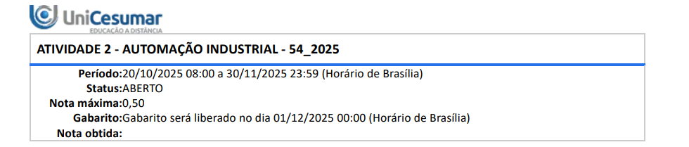 1ª QUESTÃO Em uma comunicação de dados é necessário respeitar parâmetros necessários para que duas entidades possam enviar e receber mensagens. Com base no conhecimento de comunicação de dados, assinale a alternativa correta: ALTERNATIVAS a) Dispositivos em um mesmo barramento de rede podem operar com velocidades diferentes. b) O protocolo não determina o formato dos pacotes de dados e apenas o comprimento do par metálico. c) Em um mesmo barramento de rede podem haver vários dispositivos com o mesmo endereço repetido. d) Em uma rede de dados, host é todo dispositivo que possui um endereço e está conectado à um meio físico. e) Uma rede industrial não pode se comunicar com uma rede corporativa, pois os dados entre elas são incompatíveis. 2ª QUESTÃO Uma variável de processo é comparada com o setpoint para que o erro possa ser calculado e, em função dessa medida, o sistema de controle atua com suas ações de controle, com maior ou menor velocidade, de acordo com a sintonia das constantes de ganho estabelecidas. Elaborado pelo professor, 2024. Sobre as ações de controle que compõe a ação de controle PID, assinale a alternativa correta. ALTERNATIVAS a) A ação de controle derivativa se antecipa ao evento de desvio. b) A ação de controle proporcional não leva em consideração o erro entre o valor da PV e o SP. c) A velocidade de resposta do sistema de controle independe do valor das constantes kp, ki e kd. d) A ação de controle integral é descrita por uma equação diferencial do erro no domínio do tempo. e) A ação de controle PID não pode ser utilizada em controle de nível, apenas em temperatura e vazão. 3ª QUESTÃO Um sensor de proximidade é um dispositivo que detecta a presença ou aproximação de um objeto sem fazer contato físico com ele. Eles são úteis para trabalhar com objetos delicados ou instáveis que podem ser danificados por outros tipos de sensores. Sensores de proximidade funcionam emitindo campo eletromagnético, elétrico ou feixe de luz e, em seguida, aguarda mudanças no campo ou sinal de retorno. Diferentes tipos de sensores de proximidade usam diferentes tecnologias de detecção, mas todos têm o mesmo propósito. Elaborado pelo professor, 2024. Sobre a função do sensor de proximidade, assinale a alternativa correta. ALTERNATIVAS a) Contar peças. b) Ser sensível ao toque. c) Processar ações de controle. d) Receber sinais da saída do CLP. e) Detectar a existência de um objeto, sólido ou líquido, de acordo com as características da tecnologia de detecção e do material detectado. 4ª QUESTÃO O protocolo de comunicação estabelece diversos parâmetros para a interação entre dispositivos, conferindo o domínio sobre quais entidades iniciam a comunicação e quais as recebem. Essa estrutura é essencial para garantir a ordem e a segurança na troca de dados. Além disso, sua aplicação é fundamental em redes complexas, onde a coordenação eficiente das transmissões é crucial para o funcionamento adequado do sistema. Considerando o exposto, analise as alternativas a seguir e assinale a correta: ALTERNATIVAS a) Um protocolo define se uma tecnologia é determinística ou não. b) Uma rede industrial pode ter apenas um protocolo de comunicação para todos os tipos de dispositivos. c) Quando um dispositivo se comunica com outro, ambos podem ter diferentes protocolos de comunicação. d) Dispositivos industriais não podem se comunicar com redes de computadores, pois seus dados são dados em alta tensão. e) O número de dispositivos é definido pelo usuário, sendo o protocolo responsável apenas pelo comprimento do cabo tronco da rede. 5ª QUESTÃO Os sensores são dispositivos responsáveis por detectar estados e variáveis na indústria, permitindo o controle de processos industriais. Sobre esta tecnologia é correto afirmar que: ALTERNATIVAS a) Os sensores são dispositivos de saída do CLP. b) O padrão elétrico de um sensor analógico é de 0 à 40 V. c) Um sensor digital pode acionar entrada analógica do CLP, pois seu sinal é compatível. d) Sensores são dispositivos de entrada, pois introduzem o estado de uma variável no CLP. e) Sensores de proximidade detectam apenas a proximidade de objetos e realizam a contagem de vezes que eles aparecem sobre uma esteira. 6ª QUESTÃO Uma limitação importante dos sinais de tensão utilizados por sensores industriais é a distância, ou seja, o comprimento dos cabos que conduzem os sinais de 0 a 10 V, pois, quanto maior o comprimento dos condutores, maior a resistência elétrica e, com a circulação de corrente, surge a queda de tensão sobre o cabo, desta forma, causando uma distorção no valor real enviado, ou seja, parte da tensão que corresponde a variável mensurada não chegaria ao seu destino, pois os cabos apresentam queda de tensão. Elaborado pelo professor, 2024. Sobre os padrões elétricos dos sensores, assinale a alternativa correta. ALTERNATIVAS a) Os sinais de 0 a 20 mA são os mais utilizados. b) Os sinais de 0 a 10 V e 4 a 20 mA podem representar variáveis analógicas em sistemas de controle automático. c) Os sinais de corrente não são utilizados quando a distância é superior a 2 m, pois apresentam queda de tensão significativa. d) Os sinais de tensão e pressão são compatíveis, podendo ser substituídos se adaptação nas entradas analógicas que são sensíveis tanto a tensão quanto à pressão. e) Os sinais de 0 a 10 V não podem ser utilizados para determinar a velocidade de eixos de motores entre CLP e inversor de frequência, sendo apenas o sinal de corrente capaz de realizar este feito. 7ª QUESTÃO A representação dos contatos elétricos em automação é fundamental para a análise do funcionamento de um sistema automático. Baseando-se na figura de dois estados de uma botoeira, assinale a alternativa correta: ALTERNATIVAS a) Ao pressionar a botoeira em (b) a mesma passa de normalmente aberta para normalmente fechada. b) O contato (b) representa um contato normalmente fechado que ao analisar a lógica de um processo é representado pelo nível lógico igual a 1. c) O contato (a) indica que em estado de repouso o contato é normalmente aberto, e para mudar de estado é preciso que o nível lógico igual à "1" seja aplicado. d) O contato (a) indica que em estado de repouso o contato é normalmente aberto, e para mudar de estado é preciso que o nível lógico igual à "0" (zero) seja aplicado. e) Se representada pelo contato da letra (b), a botoeira é normalmente fechada, estado que para ser alterado requer nível lógico zero aplicado à variável que a representa. 8ª QUESTÃO Uma lâmpada acende quando pressionamos um interruptor e desliga se retornarmos o mesmo para a posição anterior. O mesmo processo ocorre quando um motor é acionado: um contato elétrico transita de um estado aberto para fechado, permitindo que o mesmo seja energizado. Analise o diagrama da figura a seguir e assinale a alternativa correta: ALTERNATIVAS a) Se o interruptor fosse normalmente fechado a lâmpada estaria ligada apenas quando seu nível lógico fosse igual à 1. b) A representação do circuito impõe que em estado de repouso o interruptor está aberto e, portanto, a lâmpada está acesa. c) A lâmpada só irá acender quando o interruptor for pressionado, ação prevista quando aplicarmos nível lógico zero à mesma. d) A lâmpada só irá acender quando o interruptor for pressionado, ação prevista quando aplicarmos nível lógico "um" à mesma. e) A fonte de tensão produz corrente para acionar a lâmpada em estado de repouso e permanece assim até que o nível lógico zero seja aplicado à chave. 9ª QUESTÃO Olhando para um futuro não distante, podemos prever avanços significativos em microprocessadores e microcontroladores de baixo custo, novas tecnologias de sensores e atuadores serão possíveis graças aos avanços tecnológicos em aplicações de sistemas microeletromecânicos ou “MEMS”, do inglês microelectromechanical systems, das técnicas avançadas de controle e métodos de programação em tempo real, das tecnologias de rede e das redes sem fio, incluindo as tecnologias de engenharia assistida por computador (computer-aided engineering – CAE). Elaborado pelo professor, 2024. Sobre os microprocessadores e microcontroladores, assinale a alternativa correta. ALTERNATIVAS a) O primeiro microcontrolador foi lançado em 1914 pela Microchip. b) A comunicação dos sistemas embarcados não permite acesso aos via USB. c) O microcontrolador é um exemplo de FPGA, que pode ser programado e as portas lógicas serem produzidas de acordo com a necessidade. d) Microprocessadores se aplicam a controlar processos voltados a grandes volumes de dados em computadores, já microcontroladores são aplicados em sistemas embarcados. e) Plataformas de desenvolvimento de 32 bits não se aplicam a sistemas embarcados, sendo apenas os de 8 bits capazes de atuar em automação industrial. 10ª QUESTÃO No princípio eram utilizadas com frequência apenas CPUs únicas em uma arquitetura de CLP, onde essa CPU única controlava toda a operação da planta, porém, neste formato, havia uma fragilidade: Se a CPU falhasse por algum motivo ou sua fonte de alimentação fosse desligada, toda a operação da planta seria interrompida. Caso o processo controlado fosse considerado um processo crítico, o grande tempo de inatividade prejudicaria e afetaria todo o processo de forma significativa. Elaborado pelo professor, 2024. Sobre os CLPs, assinale a alternativa correta. ALTERNATIVAS a) A quantidade de módulos é infinita em um CLP modular. b) As saídas digitais são exclusivamente acionadas por transistores. c) Os cartões de rede de comunicação de rede industrial não suportam energização. d) A CPU se comunica com os demais módulos do CLP por barramento comum de dados. e) O CLP independe de alimentação elétrica, pois já é alimentado pelos IOs do sistema de controle.
