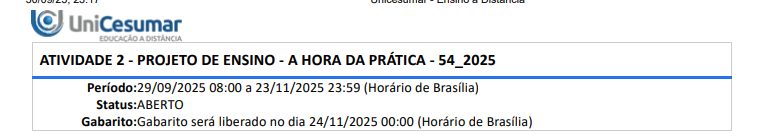 RESPOSTA DA AV2 - PROJETO DE ENSINO - A HORA DA PRÁTICA - 54_2025 1ª QUESTÃO As atividades psicomotoras podem promover o desenvolvimento integral da criança. O que é preciso para se trabalhar com atividades psicomotoras? Leia as afirmativas e as relações estabelecidas entre elas: I. Ter um ambiente preparado e exclusivo para o desenvolvimento destas atividades, com materiais adequados para a prática esportiva. PORQUE II. As crianças precisam desenvolver a noção espacial, a lateralidade, a coordenação motora grossa e fina, a noção de tempo e o equilíbrio. A respeito dessas asserções, assinale a opção correta. ALTERNATIVAS a) As asserções I e II são proposições verdadeiras, mas a II não é uma justificativa correta da I. b) As asserções I e II são proposições verdadeiras e a II é uma justificativa correta da I. c) A asserção I é uma proposição falsa e a II é uma proposição verdadeira. d) A asserção I é uma proposição verdadeira e a II é uma proposição falsa. e) As asserções I e II são proposições falsas. Resposta: c) A asserção I é uma proposição falsa e a II é uma proposição verdadeira. Comentário: Atividades psicomotoras não exigem um espaço “exclusivo” de prática esportiva; podem ocorrer em sala, pátio ou quadra, com materiais simples e seguros. Já a II descreve corretamente os domínios que a psicomotricidade trabalha (espaço, tempo, lateralidade, coordenação e equilíbrio). ________________________________________ 2ª QUESTÃO Leia o excerto abaixo: Ler sempre representou uma das ligações mais significativas do ser humano com o mundo. Lendo reflete-se e presentifica-se na história. O homem, permanentemente, realizou uma leitura do mundo. Em paredes de cavernas ou em aparelhos de computação, lá está ele reproduzindo seu “estar-no-mundo” e reconhecendo se capaz de representação. Certamente, ler é engajamento existencial. Quando dizemos ler, nos referimos a todas as formas de leitura. Lendo, nos tornamos mais humanos e sensíveis (CAVALCANTI, 2002, p. 13). CAVALCANTI, Joana. Caminhos da literatura infantil e juvenil: dinâmicas e vivências na ação. São Paulo: Paulus, 2002. Assim, o que fazer para que a contação de história seja um momento prazeroso e não o cumprimento de um currículo? I. Empregar técnicas que sejam divertidas e interativas; II. Entender a contação de história como atividade prazerosa também para o professor; III. Conhecer a história que será contada e imergir no mundo da imaginação com os alunos. As afirmações I, II e III são, respectivamente: ALTERNATIVAS a) V, F, V b) F, F, V c) V, F, F d) V, V, V e) F, V, F Resposta: d) V, V, V Comentário: Contar histórias com técnicas lúdicas, prazer compartilhado e domínio do enredo torna o momento significativo e envolvente. ________________________________________ 3ª QUESTÃO Para que uma estória realmente prenda a atenção da criança, deve entretê-la e despertar sua curiosidade. Mas para enriquecer sua vida, deve estimular-lhe a imaginação: ajudá-la a desenvolver seu intelecto e a tornar claras as emoções; estar harmonizada com suas ansiedades e aspirações; reconhecer plenamente suas dificuldades e, ao mesmo tempo, sugerir soluções para os problemas que a perturbam (BETELHEIM, 1980, p. 13 apud PERUZZO, 2016, p. 3). PERUZZO, Adreana. A importância da literatura infantil na formação de leitores. In: CONGRESSO NACIONAL DE LINGUÍSTICA E FILOLOGIA, 15., 2011, Rio de Janeiro. Anais... Rio de Janeiro: CiFEFiL, 2011. Disponível em: https://www.filologia.org.br/xv_cnlf/tex_completos/a_importancia_da_literatura_infantil_na_ADREANA.pdf. Acesso em: 31 out. 2019. Neste sentido, quais recursos podem ser utilizados no processo de contação de história? I. Fantasias. II. Caixas de papelão. III. Fantoches e dedoches. IV. Livros e teatro de sombras. As afirmações I, II, III e IV são, respectivamente: ALTERNATIVAS a) V, V, V, V. b) F, F, F, F. c) V, F, F, V. d) F, V, F, V. e) V, V, F, F. Resposta: a) V, V, V, V. Comentário: Todos os itens são recursos válidos e potentes para ampliar a expressividade e a participação na hora do conto. ________________________________________ 4ª QUESTÃO Podemos definir competência e habilidade como: Competência é o conjunto de conhecimentos e qualificação que cada pessoa possui e que impacta no seu desempenho. Competência é o que gera um comportamento e consequentemente o desempenho. Habilidade é saber fazer, colocar em prática o que aprendeu, ou seja, os conhecimentos. A partir deste contexto, momentos como a contação de história e o contato com a literatura infantil leva o aluno a desenvolver quais habilidades? I. Organização de ideias; II. Compreensão da realidade; III. Mudança de comportamento; IV. Capacidade de leitura e interpretação; Está correto o que se afirma em: ALTERNATIVAS a) I, II e III apenas. b) I, III e IV apenas. c) II, III e IV apenas. d) I, II e IV apenas. e) I, II, III e IV. Resposta: e) I, II, III e IV. Comentário: A leitura literária e a contação estimulam organização do pensamento, interpretação, entendimento de mundo e podem induzir atitudes mais empáticas e críticas. ________________________________________ 5ª QUESTÃO Leia o excerto abaixo: Esses livros (feitos para criança pequenas, mas que podem encantar aos de qualquer idade) são sobretudo experiências de olhar... ... E é tão bom saborear e detectar tanta coisa que nos cerca usando este instrumento nosso tão primeiro, tão denotador de tudo: a visão. Talvez seja um jeito de não formar míopes mentais (ABRAMOVICH, 1995, p. 10). ABRAMOVICH, Fani. Literatura Infantil: gostosuras e bobices. São Paulo: Scipione, 1995. Qual a importância de se trabalhar com a contação de história e com a literatura infantil na Educação? Leia as afirmativas e assinale a alternativa correta. I. É por meio do contato com os livros e com a literatura que o aluno terá a sua formação leitora; II. Não é tão importante, tendo em vista que a tecnologia poderá proporcionar este contato com o mundo letrado; III. É de fundamental importância, tendo em vista o processo de alfabetização que é realizado na Educação Básica; IV. Por meio da leitura e da contação de história a criança poderá entrar no mundo da fantasia e se tornar um adulto mais criativo. Está correto o que se afirma em: ALTERNATIVAS a) I, III e IV apenas. b) I, II e III apenas. c) II, III e IV apenas. d) I, II e IV apenas. e) I, II, III e IV. Resposta: a) I, III e IV apenas. Comentário: A literatura forma leitores, apoia a alfabetização e nutre a imaginação/criatividade. A II é falsa: tecnologia é apoio, não substituto do contato significativo com livros. ________________________________________ 6ª QUESTÃO A psicomotricidade trabalha com o corpo, com atividades lúdicas e práticas que levem a criança a desenvolver alguns elementos que são fundamentais para a sua vida. Neste sentido, quais elementos são considerados para o trabalho psicomotor? Leia as afirmativas e assinale a alternativa correta. I. Esquema corporal: membros inferiores, membros superiores, cabeça e tronco. II. Equilíbrio: pular em um pé só, andar em cima da corda. III. Noção de tempo: ontem, hoje, amanhã. IV. Lateralidade: direita e esquerda. Está correto o que se afirma em: ALTERNATIVAS a) I, II e III apenas. b) I, III e IV apenas. c) II, III e IV apenas. d) I, II e IV apenas. e) I, II, III e IV. Resposta: e) I, II, III e IV. Comentário: Todos os itens listam componentes clássicos da psicomotricidade. ________________________________________ 7ª QUESTÃO Sabemos que o desenvolvimento psicomotor é fundamental para que a criança se engrandeça pedagogicamente. Neste sentido, quais atividades podem ser trabalhadas pelo professor em sala de aula? Leia as afirmativas e assinale a alternativa correta. I. Atividade de passar por cima da corda ou de uma fita. II. Atividades de recorte e de rasgação de papel. III. Bola na lata ou Bola no cesto. IV. Circuito desafiador. Está correto o que se afirma em: ALTERNATIVAS a) I, II e III apenas. b) I, III e IV apenas. c) II, III e IV apenas. d) I, II e IV apenas. e) I, II, III e IV. Resposta: e) I, II, III e IV. Comentário: Todas são propostas adequadas que mobilizam coordenação grossa e fina, equilíbrio, planejamento motor e percepção espacial. ________________________________________ 8ª QUESTÃO A psicomotricidade está relacionada com a aprendizagem. Neste sentido, é correto afirmarmos que é importante trabalhar com a psicomotricidade na escola? Leia as afirmativas e assinale V para as verdadeiras e F para as falsas. I. Sim, é importante, uma vez que a psicomotricidade ajuda no seu desenvolvimento e consequentemente no desempenho escolar. II. Sim, é importante, uma vez que as noções de espaço, tempo, esquema corporal, lateralidade e equilíbrio sejam desenvolvidas. III. Não, não é importante, uma vez que a psicomotricidade pode ser trabalhada em casa ou nas brincadeiras que realiza. IV. Não, não é importante, pois a criança irá desenvolver a psicomotricidade mesmo que não seja estimulada. As afirmações I, II, III e IV são, respectivamente: ALTERNATIVAS a) V, F, V, V b) F, V, F, V c) V, F, F, V d) F, F, V, F e) V, V, F, F Resposta: e) V, V, F, F Comentário: A escola tem papel ativo na estimulação psicomotora; não é algo garantido “por si” nem substituível sem planejamento pedagógico. ________________________________________ 9ª QUESTÃO A psicomotricidade deve ser trabalhada na escola, principalmente na Educação Infantil. Segundo a Base Nacional Comum Curricular, nesta etapa da educação básica os conteúdos da psicomotricidade devem ser contemplados de forma ampla e no decorrer de todo o processo de escolarização dos alunos. Neste sentido, quais os ganhos pedagógicos que a criança poderá ter ao desenvolver a sua psicomotricidade? Leia as afirmativas e assinale a alternativa correta: I. Destreza para o desenho e a escrita. II. A criança terá mais confiança. III. Controle do corpo. IV. Mais apetite. Está correto o que se afirma em: ALTERNATIVAS a) I, II, III e IV. b) I, II e III apenas. c) I, III e IV apenas. d) II, III e IV apenas. e) I, II e IV apenas. Resposta: b) I, II e III apenas. Comentário: A psicomotricidade favorece destreza gráfica, autoconfiança e controle postural/motor. “Mais apetite” não é ganho pedagógico típico. ________________________________________ 10ª QUESTÃO Leia a charge abaixo: Charge Armandinho. Disponível em: . Acesso em: 31 out. 2019. Assim, com base na charge, analise as asserções abaixo: I. Armandinho classificou a noite em que acabou a luz elétrica em sua casa como a noite mais legal de sua vida. PORQUE II. Foi a noite em que seu pai pegou um livro e leu para Armandinho. A respeito dessas asserções, assinale a opção correta. ALTERNATIVAS a) As asserções I e II são proposições falsas. b) A asserção I é uma proposição falsa e a II é uma proposição verdadeira. c) A asserção I é uma proposição verdadeira e a II é uma proposição falsa. d) As asserções I e II são proposições verdadeiras e a II é uma justificativa correta da I. e) As asserções I e II são proposições verdadeiras, mas a II não é uma justificativa correta da I. Resposta: d) As asserções I e II são proposições verdadeiras e a II é uma justificativa correta da I. Comentário: Na charge de Armandinho, o menino considera “a noite mais legal” justamente porque o pai leu um livro para ele durante o apagão — mostrando o valor afetivo e formativo da leitura compartilhada.
