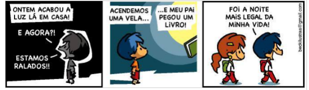10ª QUESTÃO Leia a charge abaixo: Charge Armandinho. Disponível em: . Acesso em: 31 out. 2019.Assim, com base na charge, analise as asserções abaixo: I. Armandinho classificou a noite em que acabou a luz elétrica em sua casa como a noite mais legal de sua vida. PORQUE II. Foi a noite em que seu pai pegou um livro e leu para Armandinho. A respeito dessas asserções, assinale a opção correta. ALTERNATIVAS a) As asserções I e II são proposições falsas. b) A asserção I é uma proposição falsa e a II é uma proposição verdadeira. c) A asserção I é uma proposição verdadeira e a II é uma proposição falsa. d) As asserções I e II são proposições verdadeiras e a II é uma justificativa correta da I. e) As asserções I e II são proposições verdadeiras, mas a II não é uma justificativa correta da I.