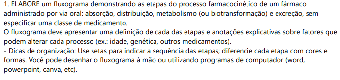 1) ELABORE um fluxograma demonstrando as etapas do processo farmacocinético de um fármaco administrado por via oral: absorção, distribuição, metabolismo (ou biotransformação) e excreção, sem especificar uma classe de medicamento.  O fluxograma deve apresentar uma definição de cada das etapas e anotações explicativas sobre fatores que podem alterar cada processo (ex.: idade, genética, outros medicamentos). - Dicas de organização: Use setas para indicar a sequência das etapas; diferencie cada etapa com cores e formas. Você pode desenhar o fluxograma à mão ou utilizando programas de computador (word, powerpoint, canva, etc).