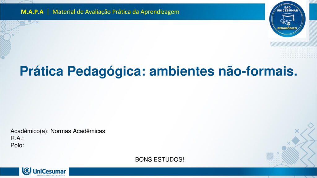 Leia atentamente as instruções para a realização desta Atividade:

É obrigatória a utilização deste formulário para a realização do MAPA. A não utilização deste formulário implicará na nota. O formato do arquivo deve ser PowerPoint (.ppt ou .pptx).

O seu material deve ser elaborado com base nos materiais da disciplina e BNCC.​​

Para auxiliar no desenvolvimento de seu material, faça o uso de seu livro didático e de materiais de apoio.

Seu trabalho deve ser desenvolvido conforme a solicitação da atividade MAPA.

Esta é uma atividade individual e original. Caso identificado cópia de colegas ou da internet, o trabalho será zerado.

Formatação exigida: documento PowerPoint e Fonte Arial ou Times New Roman.

Utilize a cor de fonte preta.

Critérios de avaliação: Utilização do template; Atendimento ao Tema; Constituição dos argumentos e organização das Ideias; Correção Gramatical; e Adequação às normas sobre referências, sempre com base na ABNT.

*Não deletar estas orientações! Não contar como Slide.

Os museus desempenham um papel crucial e insubstituível no processo de aprendizagem, atuando como
verdadeiros laboratórios de conhecimento para além dos limites da educação formal. Eles se constituem
como instituições alimentadas pelo processo museológico, cujas ações são intrinsecamente educativas,
utilizando o patrimônio cultural como um referencial fundamental para a construção do conhecimento.
Assim, reforça essa visão, classificando os museus como espaços de educação não formal, capazes de
estimular novas capacidades cognitivas e desenvolver a sensibilidade dos sujeitos. Nesses ambientes, o
aprendizado se dá pela vivência e interação direta com objetos e narrativas históricas, permitindo que os
visitantes, especialmente os estudantes, estabeleçam conexões interdisciplinares e compreendam aspectos
concretos de conceitos científicos que, muitas vezes, não são acessíveis em sala de aula.
Essa experiência singular promove o pensamento crítico, a curiosidade e a capacidade de questionar e
reinterpretar o mundo e suas heranças culturais, transformando o museu em um local onde a tradição é
"conhecida, percebida, questionada e reinventada". Assim, os museus não apenas democratizam o acesso
ao conhecimento e ao patrimônio histórico, mas também capacitam os indivíduos para o exercício da
cidadania, ao inseri-los ativamente na compreensão e valorização de sua cultura.

Analise a situação hipotética: Imagine que você, recém-formado(a) em Licenciatura em Pedagogia, foi
convidado(a) para ministrar uma palestra em um Seminário de Formação Continuada para Professores do
Ensino Médio. Sua missão é demonstrar como os museus podem ser explorados como espaços
pedagógicos potentes para a educação de jovens, focando no desenvolvimento do pensamento crítico, da
cidadania e da valorização do patrimônio cultural. A palestra terá duração de 50 minutos e, para ministrá-la,
você deverá elaborar uma apresentação utilizando o PowerPoint.

O formulário padrão em PowerPoint disponível na pasta Material da Disciplina.

Para realização desta atividade, siga estes passos:
Slide 1:
Preencher o cabeçalho (nome, RA e polo).
Slide 2:
Capa (título: "Museus: Laboratórios Vivos para a Educação de Jovens" e uma imagem ilustrativa de sua
escolha que represente jovens em um museu).
Slides 3, 4 e 5:
Conceitualizando o Museu Educador: Apresentar a visão do museu como espaço de educação não formal
e seu papel no processo de construção do conhecimento para jovens, com base nos conceitos de
Pedagogia Museológica e Educação Patrimonial.
Utilizar uma imagem em um dos slides que ilustre a interação entre jovens e o ambiente museológico.
Slides 6, 7, 8 e 9:
Exemplos Práticos de Intervenção Pedagógica: Apresentar dois exemplos concretos (podem ser situações
fictícias, mas realistas) de como um pedagogo poderia desenvolver atividades em um museu com jovens,
evidenciando a relação entre a teoria e a prática.
§ Exemplo 1: Uma oficina que utilize objetos históricos do acervo para estimular o debate sobre questões
sociais contemporâneas (ex: desigualdade, migração), fomentando o pensamento crítico e a conexão com a
cidadania.
§ Exemplo 2: Um projeto em que jovens sejam desafiados a criar uma "exposição interativa" sobre a
história local do seu bairro, a partir de elementos do cotidiano, utilizando o museu como suporte para
pesquisa e curadoria, promovendo a valorização do patrimônio cultural e a autoria juvenil. Utilizar uma imagem para cada exemplo que ilustre a atividade proposta.
Slides 10, 11 e 12:
Impacto na Formação Integral: Discutir a importância dos museus na formação integral de jovens, com
ênfase em como contribuem para o desenvolvimento do pensamento crítico, da cidadania ativa e da
valorização cultural, complementando o ensino formal. Mencione a relevância de uma "rede de interação"
entre museus e escolas.
Utilizar uma imagem em um dos slides que simbolize o desenvolvimento integral do jovem.
Slides 13 e 14:
Considerações Finais: Realizar uma breve retomada dos aspectos principais da apresentação, reforçando o
potencial transformador dos museus na educação de jovens e o papel estratégico do pedagogo nessa
articulação.
Slide 15:
Referências: Listar todos os materiais utilizados (incluindo os dois documentos fornecidos para a atividade)
e as fontes das imagens.
Para finalizar, realizar a entrega da ATIVIDADE no ambiente studeo e uma cópia em uma ESCOLA
FUNDAMENTAL SERIES FINAIS OU ENSINO MÉDIO.
Atenção:

Caso tenha dúvidas, entre em contato com sua professora mediadora pela ferramenta “Fale com o
Mediador”.

Faça o download do FORMULÁRIO PADRÃO – localizado no ícone MATERIAL DA DISCIPLINA, em seu
Studeo –, realize a atividade neste arquivo e, em seguida, faça o envio.

Esta é uma atividade que envolve fundamentação teórica para elaboração das respostas, portanto atentese à necessidade de apresentar as referências utilizadas.

Acesse a Sala do Café, pois nela foram disponibilizadas informações detalhadas para realização desta
atividade, dentre elas um vídeo do professor com orientações de como realizar o MAPA.

Formatar a atividade conforme as normas da ABNT (citações, referências, fonte Arial ou Times New
Roman).

Para anexar o arquivo na atividade, clique sobre o botão "Selecionar arquivo". Após anexar o trabalho e
certificar-se de que se trata do arquivo correto, clique no botão "Responder" e, posteriormente, em
"Finalizar". Após "Finalizar a atividade", NÃO SERÁ POSSÍVEL reenviá-la ou realizar qualquer modificação
no arquivo enviado.

O arquivo pode ser enviado uma única vez, portanto se certifique de que ele está finalizado antes de
enviar. Após a finalização, não é possível fazer alterações e/ou substituição do arquivo.

Prática Pedagógica: ambientes não-formais.

Acadêmico(a): Normas Acadêmicas

R.A.:

Polo:

BONS ESTUDOS!

MUSEUS: LABORATÓRIOS VIVOS PARA A EDUCAÇÃO DE JOVENS

O MUSEU COMO ESPAÇO DE EDUCAÇÃO NÃO FORMAL

O museu é um ambiente de aprendizagem não formal, ou seja, fora dos moldes tradicionais da escola, mas igualmente potente na formação de sujeitos críticos e conscientes. Ele oferece experiências sensoriais, afetivas e intelectuais que estimulam o diálogo entre passado, presente e futuro.

Não formal: não segue currículo rígido, mas promove aprendizagem significativa.

Interativo: permite que os jovens explorem, questionem e construam saberes por meio da observação, da escuta e da participação.

PEDAGOGIA MUSEOLÓGICA

A Pedagogia Museológica propõe que o museu seja mais do que um repositório de objetos — ele deve ser um agente educativo ativo, que dialoga com os visitantes e promove reflexão.

Educação centrada no sujeito: o jovem é protagonista da experiência.

Mediação cultural: educadores atuam como facilitadores, estimulando o pensamento crítico.

Experiência estética e cognitiva: o contato com obras e objetos desperta emoções e saberes

EDUCAÇÃO PATRIMONIAL

A Educação Patrimonial valoriza o patrimônio cultural como fonte de identidade, memória e cidadania. No museu, ela se concretiza ao aproximar os jovens de bens culturais, históricos e artísticos.

Reconhecimento do patrimônio como parte da vida cotidiana.

Desenvolvimento da consciência crítica sobre preservação e pertencimento.

Formação cidadã: ao compreender o valor do patrimônio, o jovem se torna agente de transformação social.

EXEMPLO 1: OFICINA COM OBJETOS HISTÓRICOS

Projeto: Passado e Presente em Diálogo

DESCRIÇÃO:

Jovens do ensino médio participam de uma oficina no museu onde objetos históricos são utilizados como ponto de partida para debater temas atuais como migração, desigualdade social e identidade cultural.

OBJETIVOS:

Estimular o pensamento crítico.

Promover empatia e cidadania.                                                       

Relacionar o patrimônio histórico com questões contemporâneas.       

EXEMPLO 2: EXPOSIÇÃO INTERATIVA SOBRE O BAIRRO

Projeto: Meu Bairro, Minha História

DESCRIÇÃO:

Os jovens são desafiados a criar uma exposição interativa sobre a história do seu bairro. Eles coletam objetos do cotidiano, relatos de moradores e registros fotográficos, e utilizam o museu como espaço de pesquisa, curadoria e apresentação.

OBJETIVOS:

Valorizar o patrimônio cultural local.

Desenvolver autoria juvenil.                    

Estimular pesquisa e expressão criativa.

PENSAMENTO CRÍTICO E FORMAÇÃO INTEGRAL

Museus como espaços de reflexão ativa:

Estimulam o questionamento, a interpretação de contextos históricos e a análise de diferentes narrativas.

Exposições temáticas e oficinas educativas promovem o desenvolvimento da autonomia intelectual.

A mediação cultural favorece o diálogo entre o acervo e a realidade dos jovens.

CIDADANIA ATIVA E VALORIZAÇÃO CULTURAL

Museus como agentes de transformação social:

Incentivam o reconhecimento da diversidade cultural e o respeito às identidades locais.

Projetos de Educação Patrimonial aproximam os jovens de suas raízes e histórias comunitárias.

A vivência museológica fortalece o sentido de pertencimento e a responsabilidade social.

REDE DE INTERAÇÃO: MUSEUS E ESCOLAS

Importância da articulação institucional:

A parceria entre museus e escolas permite planejamento conjunto de visitas, projetos e oficinas.       

Cria uma rede de aprendizagem contínua, que ultrapassa os limites da sala de aula.

Fortalece o papel do pedagogo como mediador entre o currículo escolar e os espaços culturais.

RETOMADA DOS POSTOS-CHAVE

Ao longo desta apresentação, refletimos sobre o papel dos museus como espaços pedagógicos potentes para a educação de jovens. Vimos que, ao atuarem como ambientes de educação não formal, os museus oferecem experiências significativas que estimulam o pensamento crítico, promovem a cidadania ativa e valorizam o patrimônio cultural. Através da Pedagogia Museológica e da Educação Patrimonial, é possível transformar o acervo em ferramenta viva de aprendizagem, conectando passado e presente, teoria e prática.

ENCERRAMENTO

O museu, quando compreendido como laboratório vivo, torna-se um território fértil para a escuta, a criação e o pertencimento. Cabe ao pedagogo reconhecer esse potencial e construir pontes entre os saberes escolares e os saberes culturais, ampliando as possibilidades de formação integral dos jovens.

Educar, nesse sentido, é também cultivar memória, identidade e consciência social. É permitir que os jovens se vejam como sujeitos históricos, capazes de transformar o mundo a partir da valorização de sua própria cultura e da construção coletiva do conhecimento.

Referências

ESPAÇO DO CONHECIMENTO UFMG. Museus como Espaços de Educação Não Formal. Espaço do conhecimento, s.d. Disponível em: https://www.ufmg.br/espacodoconhecimento/museus-como-espacos-de-educacao-nao-formal/. Acesso em: 5 nov. 2025.

COSTA, Rafaella Montenegro do Amaral; COUTINHO, Diógenes José Gusmão. A Importância dos Museus na Formação Educativa e Cultural. Revista Ibero-Americana de Humanidades, Ciências e Educação — REASE, v. 11, n. 8, 2025. Disponível em: https://periodicorease.pro.br/rease/article/view/20710. Acesso em: 5 nov. 2025.

ALMENDRA, Renata Silva; LIMA, Valdemar de Assis. A Dimensão Educativa dos Museus: o tempo, a memória e o encantamento. Revista Museologia & Interdisciplinaridade, v. 14, n. 27, 2025. Disponível em: https://periodicos.unb.br/index.php/museologia/issue/view/3060. Acesso em: 5 nov. 2025.