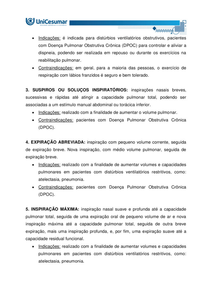 Olá, aluno, tudo bem? Bem-vindo a sua atividade MAPA
A Fisioterapia Respiratória dispõe de uma grande variedade de técnicas que interferem no comportamento
do ciclo respiratório, dentre elas destacam-se os padrões musculares respiratórios terapêuticos. Estes
modificam o grau de participação dos músculos respiratórios com a finalidade de melhorar a ventilação
pulmonar. A realização de padrões musculares respiratórios tem como objetivo basicamente três aspectos:
normalização do movimento toracoabdominal, distribuição da ventilação e alteração do padrão respiratório
com consequente melhora da troca gasosa e alívio da dispneia (sensação de falta de ar).
Elaborado pelo Professor, 2025.
Agora é hora de testar seus conhecimentos!
Instruções: Leia atentamente a questão e responda de forma clara e detalhada, utilizando o conhecimento
adquirido no estudo de cada MDD e o livro da disciplina. Responda dentro do formulário de entrega
padrão.
Boa atividade!
1 – A prescrição de exercícios respiratórios exige uma avaliação individualizada do paciente, considerando
sua condição clínica e objetivos de tratamento. Dentre os princípios dos padrões musculares ventilatórios,
explique quais se destacam?
2- Explique detalhadamente quais os padrões respiratórios que podemos utilizar durante a fisioterapia.
Orientações para desenvolver sua atividade MAPA:
1. Leia o material indicado - MDDs da disciplina EEXPERIÊNCIA PROFISSIONAL: AVALIAÇÃO
CARDIORRESPIRATÓRIA
2. Assista ao vídeo de orientação para a realização da atividade. Link de acesso:
https://www.youtube.com/watch?v=tuwB6anctnE (copie e cole no seu navegador de internet)
4. Baixe o "Formulário de entrega do MAPA", disponível no ambiente Studeo, na pasta Material da
Disciplina, e preencha corretamente todos os campos solicitados.
5. Anexe seu modelo de entrega do MAPA respondido no espaço específico da atividade MAPA.
6. Lembre-se de clicar em “Finalizar” para efetivar sua participação.
7. Evite plágio de informações, nesse caso, insira as referências utilizadas para consulta das respostas.
8. Atividades com imagens da internet ou compartilhadas entre alunos sofrerão penalizações.
9. Esta atividade faz parte da composição de notas para a média na disciplina. Sua realização é muito
importante!
10.Em caso de dúvidas, entre em contato com a sua professora mediadora.