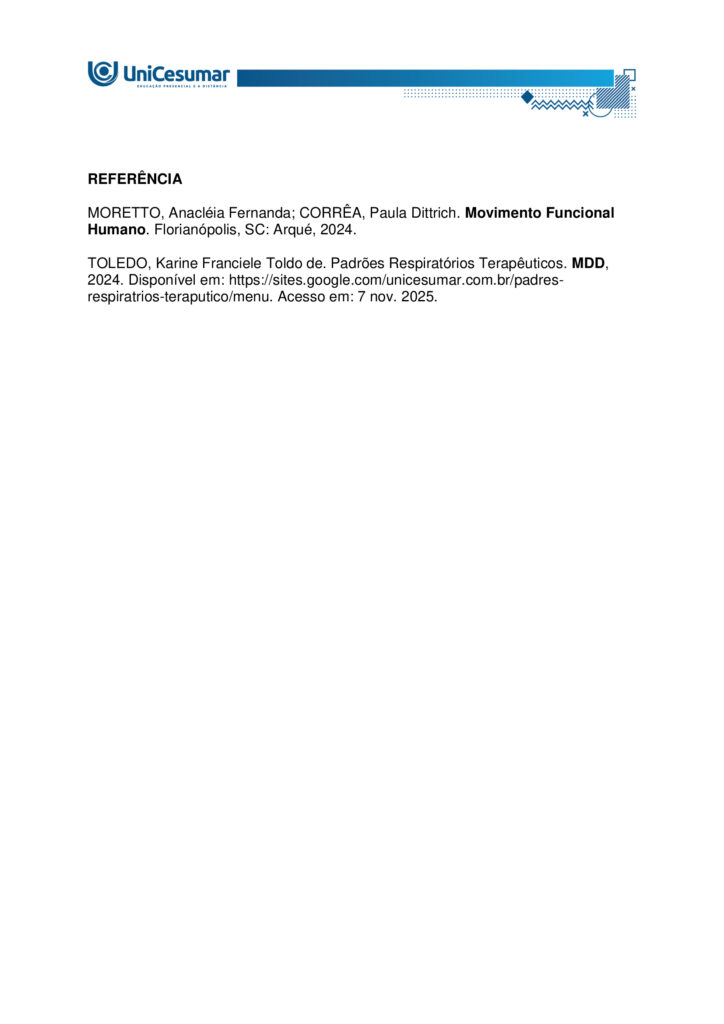 Olá, aluno, tudo bem? Bem-vindo a sua atividade MAPA
A Fisioterapia Respiratória dispõe de uma grande variedade de técnicas que interferem no comportamento
do ciclo respiratório, dentre elas destacam-se os padrões musculares respiratórios terapêuticos. Estes
modificam o grau de participação dos músculos respiratórios com a finalidade de melhorar a ventilação
pulmonar. A realização de padrões musculares respiratórios tem como objetivo basicamente três aspectos:
normalização do movimento toracoabdominal, distribuição da ventilação e alteração do padrão respiratório
com consequente melhora da troca gasosa e alívio da dispneia (sensação de falta de ar).
Elaborado pelo Professor, 2025.
Agora é hora de testar seus conhecimentos!
Instruções: Leia atentamente a questão e responda de forma clara e detalhada, utilizando o conhecimento
adquirido no estudo de cada MDD e o livro da disciplina. Responda dentro do formulário de entrega
padrão.
Boa atividade!
1 – A prescrição de exercícios respiratórios exige uma avaliação individualizada do paciente, considerando
sua condição clínica e objetivos de tratamento. Dentre os princípios dos padrões musculares ventilatórios,
explique quais se destacam?
2- Explique detalhadamente quais os padrões respiratórios que podemos utilizar durante a fisioterapia.
Orientações para desenvolver sua atividade MAPA:
1. Leia o material indicado - MDDs da disciplina EEXPERIÊNCIA PROFISSIONAL: AVALIAÇÃO
CARDIORRESPIRATÓRIA
2. Assista ao vídeo de orientação para a realização da atividade. Link de acesso:
https://www.youtube.com/watch?v=tuwB6anctnE (copie e cole no seu navegador de internet)
4. Baixe o "Formulário de entrega do MAPA", disponível no ambiente Studeo, na pasta Material da
Disciplina, e preencha corretamente todos os campos solicitados.
5. Anexe seu modelo de entrega do MAPA respondido no espaço específico da atividade MAPA.
6. Lembre-se de clicar em “Finalizar” para efetivar sua participação.
7. Evite plágio de informações, nesse caso, insira as referências utilizadas para consulta das respostas.
8. Atividades com imagens da internet ou compartilhadas entre alunos sofrerão penalizações.
9. Esta atividade faz parte da composição de notas para a média na disciplina. Sua realização é muito
importante!
10.Em caso de dúvidas, entre em contato com a sua professora mediadora.