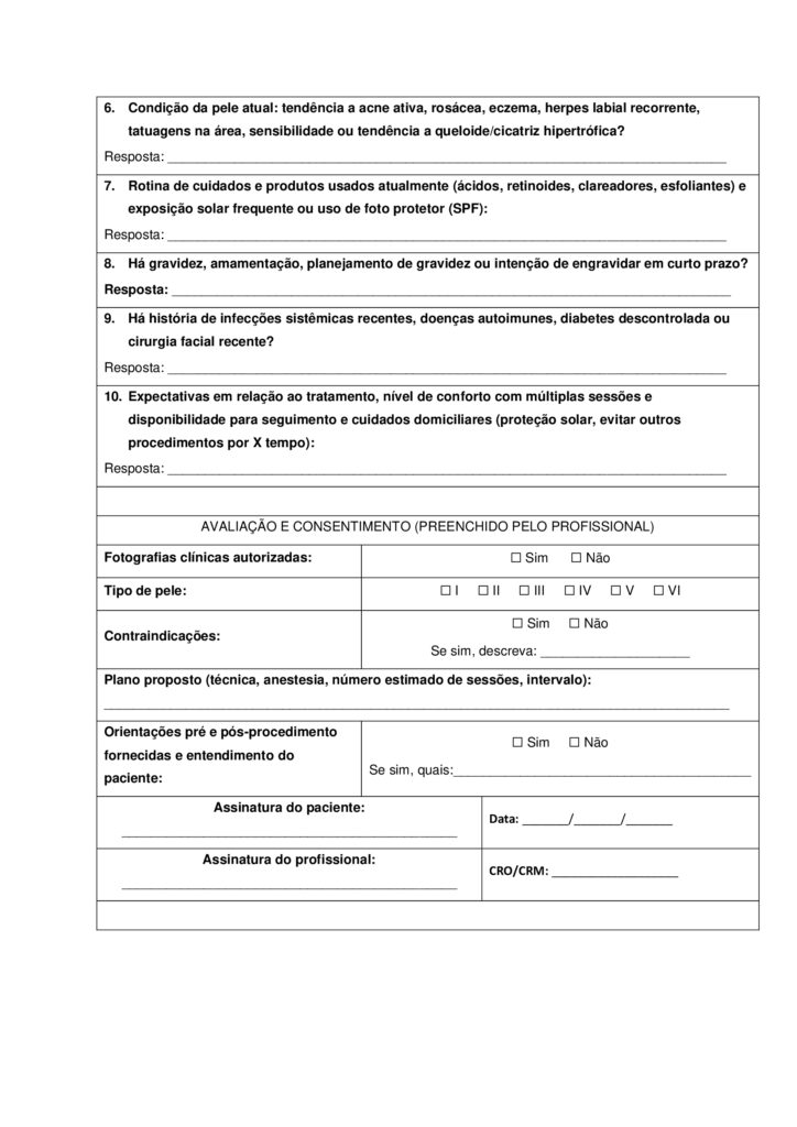 MAPA DE BIOMEDICINA/FARMÁCIA – Saúde estética e cosmetologia
Olá, estudante!
Seja bem-vindo à atividade M.A.P.A. (Material de Avaliação Prática de Aprendizagem) da disciplina de Saúde
Estética e Cosmetologia.
Instruções iniciais:
- Utilize o formulário de resposta padrão do M.A.P.A. para realizar esta atividade. Ele se encontra disponível
para download em "Material da Disciplina". Siga todas as instruções que constam no formulário.
- Assista ao vídeo com as instruções para a realização do M.A.P.A., gravado pela prof.ª Natália Pretes, que
estará na "Sala do Café".
ATENÇÃO!
A atividade MAPA foi elaborada para integrar conceitos teóricos e práticos, permitindo que você consolide
os conhecimentos adquiridos ao longo da disciplina. Para a realização da atividade, é fundamental que você
tenha vivenciado as práticas propostas, pois elas são essenciais para compreender e aplicar corretamente os
conteúdos abordados.
Fique atento aos comunicados de Agendamento dos encontros práticos. Caso tenha dificuldades, entre em
contato pelo Fale com o Mediador.
DESENVOLVENDO O TRABALHO
Considerando o livro da disciplina, os Materiais Didáticos Digitais (MDDs) e outras fontes confiáveis,
responda às questões propostas nesta atividade.
Laboratório virtual:
Procedimentos Estéticos Pré e Pós-operatórios: Conduta de Atendimento no Pós-Operatório Imediato de
Abdominoplastia Clássica - ID 1063
Estética Facial - Limpeza de Pele e Hidratação Facial - ID 352
Estética Facial - Avaliação Facial - ID 350
Referências Bibliográficas:
AGARWAL S., KRISHNAMURTHY K. (2023) Histologia da Pele. StatPearls
Internet
. Disponível em: https://www-ncbi-nlm-nih-gov.translate.goog/books/NBK537325/?
_x_tr_sl=en&_x_tr_tl=pt&_x_tr_hl=pt&_x_tr_pto=tc
BARCELOS, F. V. T., et al. (2017). Análise anatômica da abdominoplastia. Revista Brasileira De Cirurgia
Plástica, 32(2), 272–281. https://doi.org/10.5935/2177-1235.2017RBCP0044
FABBROCINI G., et al. (2010) Acne scars: pathogenesis, classification and treatment. Dermatol Res Pract.
2010;2010:893080. doi: 10.1155/2010/893080 Epub Oct 14. PMID: 20981308; PMCID: PMC2958495.
Kashiwakura, P. H. M. B. (2025) Saúde estética e cosmetologia. Universidade Cesumar – Unicesumar.
Florianópolis, SC. Arqué. ISBN digital 978-65-279-1319-1; 228 p.: iL.
ETAPA 1: MASSAGEM / SISTEMA LINFÁTICO
ESTUDO DE CASO
Paciente feminino, 32 anos, submetida a uma abdominoplastia com lipoaspiração associada há 20 dias, pós
duas gestação e insatisfação corporal. A cirurgia aconteceu sem intercorrências e recebeu alta no 2º dia pósoperatório. Utiliza cinta modeladora desde então. Atividade física leve, caracterizada por caminhadas
durante o dia por orientação médica. Queixa na região abdominal com inchaço, endurecimento e
desconforto, principalmente no final do dia.
Relato: “Minha barriga está dura e inchada, gostaria de fazer drenagem linfática para melhorar o inchaço e
evitar fibrose.”
1.1 ELABORE uma ficha de anamnese para uma clínica de estética que oferece tratamentos corporais pósoperatório, evidenciando pelo menos, cinco informações importantes para um tratamento completo,
considerando a saúde e bem-estar do paciente.
1.2 INDIQUE na imagem (disponibilizado na sala do café), como ocorre a drenagem linfática para o caso
clínico apresentado e EVIDENCIE os principais motivos da indicação da técnica de massagem pré e pós operatória.
OBS: para essa questão (1.2), salve a imagem disponibilizada na sala do café, realize as edições indicando
com setas a direção da drenagem e anexe a imagem alterada no modelo de resposta padrão do MAPA.
ETAPA 2: MICROAGULHAMENTO FACIAL
ESTUDO DE CASO
Imagina que você tem uma clínica de estética que realiza procedimentos invasivos, como
microagulhamento, aplicação de toxina botulínica, entre outros. Um paciente de 22 anos, te procura
relatando cicatrizes de acne no rosto. Ele já tentou tratamentos tópicos sem resultados satisfatórios e deseja
melhorar a textura da pele.
2.1. Anamnese do paciente: ELABORE um guia com pelo menos 5 perguntas em forma de ficha de
anamnese para protocolos faciais, considerando o caso clínico apresentado.
2.2. PROPONHA um protocolo de cuidados pós-tratamento/orientações domiciliares para o procedimento
de microagulhamento.
2.3. INDIQUE os tipos de apresentações clínicas da acne.
2.4. DESCREVA as alterações/disfunções estéticas faciais de pele que interferem nos aspectos social e visual
do paciente.
2.5. APRESENTE manualmente, em forma de desenho, a citologia cutânea, INDICANDO as estruturas e
constituintes das três principais camadas.
OBS: para a realização da questão 2.5, você pode desenhar a citologia cutânea em um papel (sugestão: use
canetinhas, canetas ou lápis de cor para diferenciar as estruturas) tire uma foto e anexe a foto no modelo
padrão de resposta da atividade MAPA. Também há a possibilidade de realizar o desenho (de própria
autoria) na forma digital utilizando algumas ferramentas como canva, sketchbook, sketchpad, procreate,
entre outros.
OBS 2: Cuidado com imagens geradas por IA, lembrando que você deve realizar esse processo
manualmente.
ALGUMAS ORIENTAÇÕES FINAIS
Sobre o arquivo a ser enviado:
→ O arquivo deve ser enviado única e exclusivamente pelo seu Studeo, no campo "M.A.P.A." desta disciplina.
→ Toda e qualquer outra forma de entrega deste Modelo de Resposta MAPA não é considerada. Apenas o
formato de PDF será aceito.
→ SOMENTE UM ARQUIVO PODE SER ANEXADO NO STUDEO.
→ A qualidade do trabalho será considerada na hora da avaliação, então faça tudo com cuidado, responda à
demanda adequadamente e mostre sempre o seu raciocínio de modo claro e direto.
Problemas frequentes a evitar:
→ Coloque um nome simples no seu arquivo. Se o nome tiver caracteres estranhos (principalmente pontos)
ou for muito grande, a equipe de correção pode não conseguir abrir o seu trabalho, e ele pode ser zerado.
→ Se você usa OPEN OFFICE ou MAC, transforme o arquivo em .pdf para evitar incompatibilidades.
→ Verifique se você está enviando o arquivo correto! Identifique o arquivo com o seu primeiro e último
nome e a disciplina, para evitar que você troque o arquivo na hora de anexar. Exemplos:
MAPA_MicroClin_MariaSilva.pdf. Como enviar o seu arquivo:
→ Ao final do enunciado desta atividade, no Studeo, tem uma caixa de envio de arquivo. Basta clicar e
selecionar sua atividade, ou arrastar o arquivo até ela.
Antes de clicar em FINALIZAR, certifique-se de que está tudo certo, pois uma vez finalizado você não
poderá mais modificar o arquivo. Sugerimos que você clique no link gerado da sua atividade e faça o
download para conferir.
Após a finalização:
→ Salve o comprovante de finalização da atividade. Para isso, clique no botão IMPRIMIR, no canto superior
direito da página da atividade e depois em COMPROVANTE DE FINALIZAÇÃO.
→ Diante de qualquer problema com o envio ou finalização da atividade, entre em contato IMEDIATAMENTE
pelo Fale com o Mediador.
BOM TRABALHO!!!