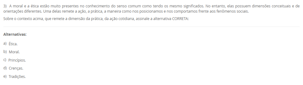 1) As ginásticas alternativas são uma alternativa para quem busca uma prática corporal diferente dos modelos tradicionais. Essas práticas são marcadas pela busca do equilíbrio entre mente e corpo, e englobam desde atividades mais suaves, como o yoga e o tai chi chuan, até atividades mais intensas, como o parkour e o calistenia. Além de trabalhar o condicionamento físico, essas ginásticas têm como objetivo o desenvolvimento da consciência corporal e da concentração. As ginásticas alternativas se apresentam como um novo campo de estudos e práticas no âmbito da educação física, e sua inclusão no currículo escolar pode ser uma importante contribuição para a formação integral do indivíduo.
Considere as afirmações abaixo sobre o tema proposto:
I - As ginásticas mencionadas possuem como principais características a suavidade, o holístico e o lúdico.
II - Essas ginásticas podem ser utilizadas como base para reflexões sobre outras formas de se exercitar, indo além dos esportes tradicionais.
III - As ginásticas podem ser incluídas no currículo escolar como forma de mostrar a variedade existente de ginásticas e proporcionar aulas mais relaxantes.
IV - Estas ginásticas possuem como característica principal o uso de aparelhos, como argolas e barras.
Considerando o contexto apresentado, é correto APENAS o que se afirma em:
________________________________________
Alternativas:
•	a) I, III e IV, apenas.
•	b) II e III, apenas.
•	c) I, II e III, apenas.
•	d) I, II e IV, apenas.
•	e) I, II, III e IV.
2) O MMA (Mixed Martial Arts) é uma das modalidades esportivas de maior destaque na atualidade, com crescente popularidade em todo o mundo. Além do MMA, outras formas de combate também ganham destaque na atualidade, como o boxe e o kickboxing. Ambas as modalidades têm crescido em popularidade devido a grandes eventos internacionais e a figuras icônicas como Floyd Mayweather e Conor McGregor.
Sobre o ensino de lutas nas aulas de Educação Física, analise as seguinte afirmativas:
I - MMA é uma modalidade que combina técnicas de diferentes artes marciais.
II - Nas aulas de Educação Física cabe ao professor levar os alunos a vivenciar na prática movimentos de diversas lutas e artes marciais.
III - As lutas de matrizes indígenas e africanas estão relacionadas com a preservação da identidade destes povos.
IV - No Brasil as lutas entre os povos ancestrais são realizadas como uma forma treinamento para a guerra e a caça, além de ser uma forma de celebração.
Considerando o contexto apresentado, é correto APENAS o que se afirma em:
________________________________________
Alternativas:
•	a) I, III e IV, apenas.
•	b) II e III, apenas.
•	c) I, II e III, apenas.
•	d) I, II, III e IV.
•	e) I, II e IV, apenas.
3) A moral e a ética estão muito presentes no conhecimento do senso comum como tendo os mesmo significados. No entanto, elas possuem dimensões conceituais e de orientações diferentes. Uma delas remete a ação, a prática, a maneira como nos posicionamos e nos comportamos frente aos fenômenos sociais.
Sobre o contexto acima, que remete a dimensão da prática, da ação cotidiana, assinale a alternativa CORRETA:
________________________________________
Alternativas:
•	a) Ética.
•	b) Moral.
•	c) Princípios.
•	d) Crenças.
•	e) Tradições.
4) Mountain bike, rapel, tirolesa, arborismo, parkour, skate, corrida orientada, escalada são alguns dos exemplos de Práticas Corporais de Aventura. Quando pensamos na formalidade de tais práticas, no uso de equipamentos, de técnicas e saberes específicos dentro da realidade escolar muitos desafios docentes podem surgir.
Sobre o ensino das Práticas Corporais de Aventura na escola, analise as afirmativas a seguir:
I – A aventura na escola deve ser organizada a partir da compreensão dos espaços e potencialidades da escola e do entorno escolar.
II – A aventura na escola deve ser trabalhada a partir de uma “aula livre” para os alunos vivenciarem livremente qualquer espaço escolar.
III – A aventura é sinônimo de risco, e dessa forma, deve ser trabalhada apenas no nível teórico.
Considerando o contexto apresentado, é correto APENAS o que se afirma em:
________________________________________
Alternativas:
•	a) I e III, apenas.
•	b) II e III, apenas.
•	c) I e II, apenas.
•	d) I, apenas.
•	e) II, apenas.
5) Os conteúdos de diversos componentes disciplinares possuem uma grande capacidade de integração, de trabalho interdisciplinar. Essa dimensão metodológica possibilita uma ampliação e visão das complexidades dos fenômenos sociais.
Sobre a interdisciplinaridade, analise as afirmativas a seguir:
I – A orientação interdisciplinar possibilita ao aluno um olhar ampliado dos saberes escolares, construindo uma percepção sobre as dimensões sociais, políticas e culturais de cada conhecimento.
II – Os saberes e dimensões curriculares da área na escola não estão dissociados nem das demais matrizes de conhecimento e nem mesmo da sociedade em suas dimensões políticas, históricas, culturais, éticas e moral.
III – A interação construída a partir da cultura corporal, das práticas corporais, de modo criativa, crítica e reflexiva podem ressignificar situações cotidianas, contribuindo significativamente para a educação básica.
Considerando o contexto apresentado, é correto APENAS o que se afirma em:
________________________________________
Alternativas:
•	a) I, apenas.
•	b) II, apenas.
•	c) I, II e III.
•	d) II e III, apenas.
•	e) I e II, apenas.


