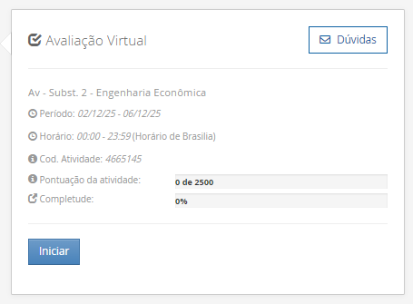 1) A debênture é um título de dívida que gera um direito de crédito ao investidor. Com base no conceito de debêntures, assinale a alternativa correta sobre a captação de recursos via emissão de debêntures por uma empresa. ________________________________________ Alternativas: • a) As debêntures representam um aumento do patrimônio líquido da empresa, pois são emitidas para captar recursos dos sócios. • b) O lançamento contábil da captação via debêntures será feito somente no passivo não circulante da empresa, independentemente do prazo. • c) A emissão de debêntures permite que a empresa capte recursos sem a necessidade de realizar lançamentos no seu passivo. • d) As debêntures são emitidas por empresas para atender às suas necessidades de financiamento, representando um passivo que pode ser registrado tanto no passivo circulante quanto no não circulante, dependendo do prazo. • e) As debêntures são emitidas exclusivamente para operações de curto prazo, já que representam um título com vencimento imediato. 2) O Payback é o período necessário para que uma empresa recupere o valor do investimento inicial de um projeto, com base nos fluxos de caixa gerados por ele. Esse método permite avaliar em quanto tempo o projeto gera retornos suficientes para cobrir o montante investido inicialmente. Sendo que o Payback Simples considera apenas os fluxos de caixa acumulados ao longo do tempo, sem descontar o valor do dinheiro no tempo. Agora, considere uma empresa investiu R$ 550.000,00 em um projeto que gera um retorno anual de R$ 85.000,00. Em quantos anos a empresa recuperará o valor investido, considerando o método de Payback Simples? ________________________________________ Alternativas: • a) 7 anos. • b) 7,42 anos. • c) 6,47 anos. • d) 6 anos. • e) 6, 8 anos. 3) Em projetos de investimentos, a taxa de desconto utilizado é a Taxa Mínima de Atratividade (TMA). A utilização de uma taxa mínima de atratividade (TMA) e essencial para que se possa dimensionar a rentabilidade para um projeto de investimentos. Em relação a Taxa Mínima de Atratividade (TMA), avalie as afirmativas a seguir: I – A (TMA) pode ser definida como o custo de capital (próprio) da empresa. II – O valor da (TMA) é subjetivo, ou seja, cada investidor pode determinar o mínimo que espera no investimento, ou seja, não há fórmulas para se calcular a (TMA). III – A TMA é a taxa que representa o mínimo que um investidor se propõe a ganhar quando faz um investimento. Assim, se o investimento remunerar abaixo dessa taxa mínima, ele se torna inaceitável para o investidor. Considerando o contexto apresentado é correto o que se afirma em: ________________________________________ Alternativas: • a) I, apenas. • b) II, apenas. • c) III, apenas. • d) I e II, apenas. • e) I, II e III. 4) A depreciação e o imposto de renda exercem efeitos diretos na apuração na projeção do Fluxo de Caixa Líquido do projeto e devem ser considerados em todos os períodos estimados. Em relação as características da depreciação, avalie as afirmativas a seguir: I – A depreciação é uma despesa contábil, que reconhece a perda de valor de um ativo ao longo do tempo. II – A depreciação corresponde ao custo ou a despesa decorrente do desgaste ou da obsolescência dos ativos imobilizados (máquinas, veículos, móveis, imóveis e instalações) da empresa. III - A depreciação pode ser considerada uma despesa não caixa, ou seja, o valor da depreciação não sai do caixa da empresa, pois, é uma perda de valor que o ativo está sujeito ao longo do tempo. Considerando o contexto apresentado é correto o que se afirma em: ________________________________________ Alternativas: • a) I, apenas. • b) II, apenas. • c) III, apenas. • d) I e II, apenas. • e) I, II e III. 5) O projeto de investimento e apresentado como um conjunto de estudos, com o objetivo de verificar a viabilidade econômico-financeira de determinado investimento, auxiliando no processo de tomada de decisão. Sendo que uma ferramenta para a análise técnica é a Taxa Interna de Retorno (TIR) Portanto, assinale a alternativa que contém corretamente o conceito de Taxa Interna de Retorno (TIR). ________________________________________ Alternativas: • a) É um montante que aplicado sob determinada taxa de juros deve gerar um capital acrescido dos juros. • b) É utilizado para mensurar a expectativa de ganho para cada unidade de capital investido, ou seja, mostra o retorno que a empresa obtém para cada R$ 1,00 investido em um determinado projeto. • c) Mensura a relação entre o investimento realizado e os ganhos de capital gerados pelo projeto ao longo de sua duração. • d) Representa a taxa média periódica de retorno de um projeto suficiente para repor, de forma integral e exata, o investimento realizado. • e) Apresenta a rentabilidade adicional do projeto em relação a TMA.