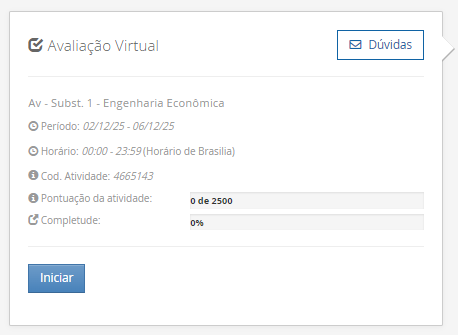 1) O sistema de amortização é um método de pagamento de um empréstimo ou dívida ao longo do tempo, por meio de parcelas periódicas. O objetivo é diminuir o tempo do financiamento ou pagar a dívida. Logo, um método conhecido e utilizado é o Sistema de Prestação Constante (SPC). Portanto, em relação ao Sistema de Prestação Constante (SPC), avalie as afirmativas a seguir: I - No SPC, as prestações são constantes ao longo do período. II - No SPC, o valor da prestação é reduzido a cada período devido ao decréscimo dos juros, o que torna o saldo devedor residual constante ao longo do financiamento. III - No SPC, a parcela de juros é calculada com base no saldo devedor do início de cada período, e a amortização corresponde à diferença entre a prestação constante e o valor dos juros do período. Considerando o contexto apresentado, é correto o que se afirma em: ________________________________________ Alternativas: • a) I, apenas. • b) I e II, apenas. • c) I e III, apenas. • d) II e III, apenas. • e) I, II e III. 2) Um investidor aplicou R$ 1.500,00 em um fundo de investimento que rende juros compostos a uma taxa 10% ao ano. Qual será o montante final ao final de 2 anos? Equação para cálculo dos juros compostos: M = C x (1 + i)t Em que: M = Montante; C = Capital; i = taxa; t = período; ________________________________________ Alternativas: • a) R$ 1.650,00 • b) R$ 1.750,00 • c) R$ 1.815,00 • d) R$ 1.880,00 • e) R$ 1.900,00 3) Sabendo que os Custos diretos podem ser alocados de forma direta aos produtos ou serviços, considere os gastos a seguir: - Matéria-prima: R$ 10.000,00. - Mao de obra direta: R$ 15.000,00. - Material de embalagem: R$ 5.000,00. - Aluguel da fábrica: R$ 28.000,00. - Gastos com limpeza e manutenção da fábrica: R$ 12.000,00. Portanto, assinale a alternativa que contém corretamente o valor total dos CUSTOS DIRETOS. ________________________________________ Alternativas: • a) R$ 30.000,00. • b) R$ 15.000,00. • c) R$ 40.000,00. • d) R$ 20.000,00. • e) R$ 25.000,00. 4) Na terminologia contábil os custos são os recursos consumidos ao longo do processo de produção ou prestação de serviço de forma parcial ou total. Logo, os custos podem ser classificados em custos fixos e custos variáveis. Em relação aos custos diretos e indiretos, avalie as afirmativas a seguir: I - Os custos fixos são entendidos como aqueles que não oscilam por um determinado período de tempo em função do volume de produção. II – Os custos variáveis estão em função do volume de produção das empresas. III – A matéria-prima consumida na produção é um exemplo de custo fixo. Agora, assinale a alternativa com a associação correta. ________________________________________ Alternativas: • a) I, apenas. • b) I e II, apenas. • c) I e III, apenas. • d) II e III, apenas. • e) I, II e III. 5) Um empréstimo de R$ 2.000,00 foi contratado a uma taxa de juros simples de 5% ao mês, com prazo de 6 meses. Qual será o valor total dos juros pagos ao final do período? ________________________________________ Alternativas: • a) R$ 500,00 • b) R$ 550,00 • c) R$ 600,00 • d) R$ 650,00 • e) R$ 700,00
