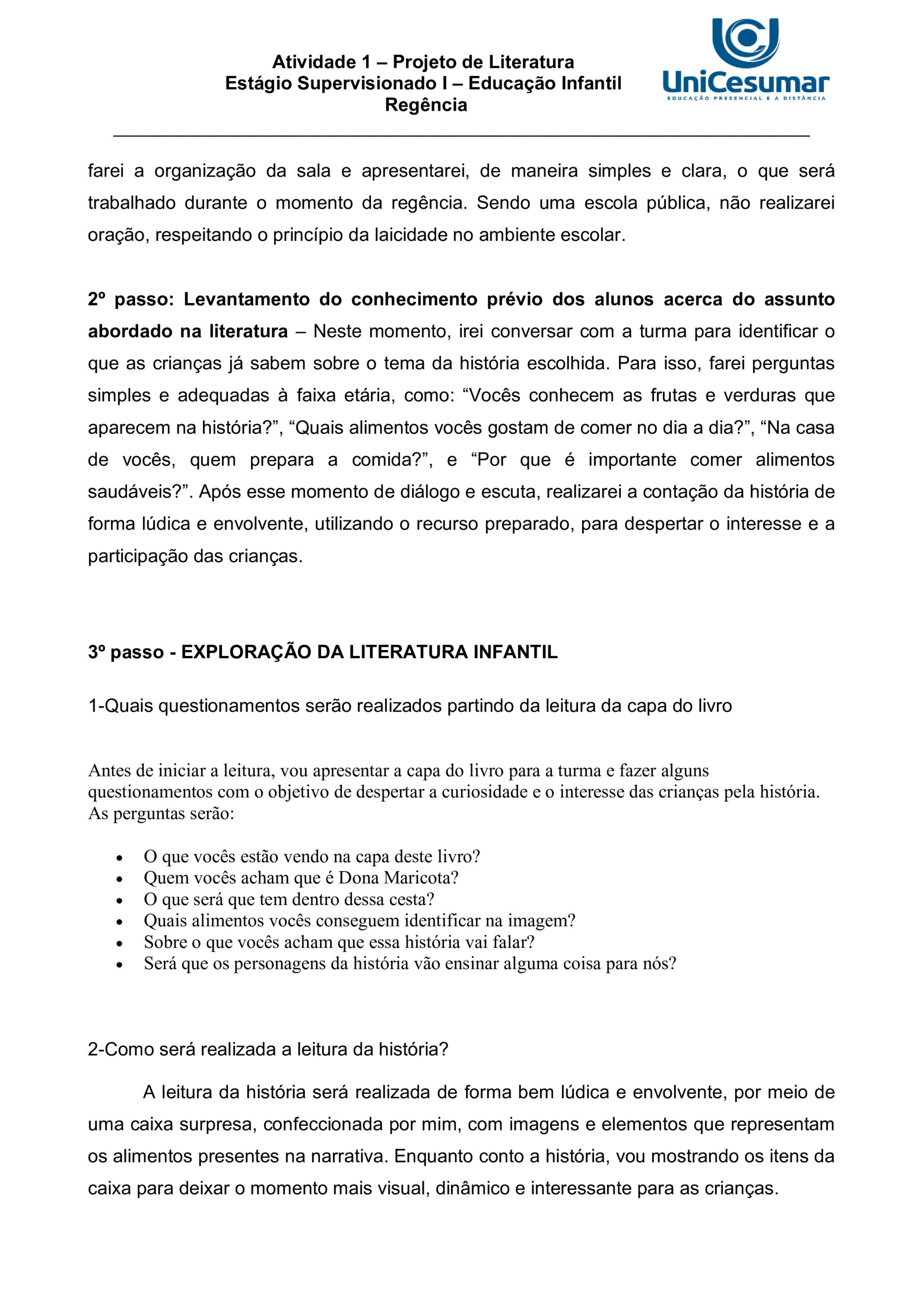 Ae1 Estágio Supervisionado I, Educação Infantil