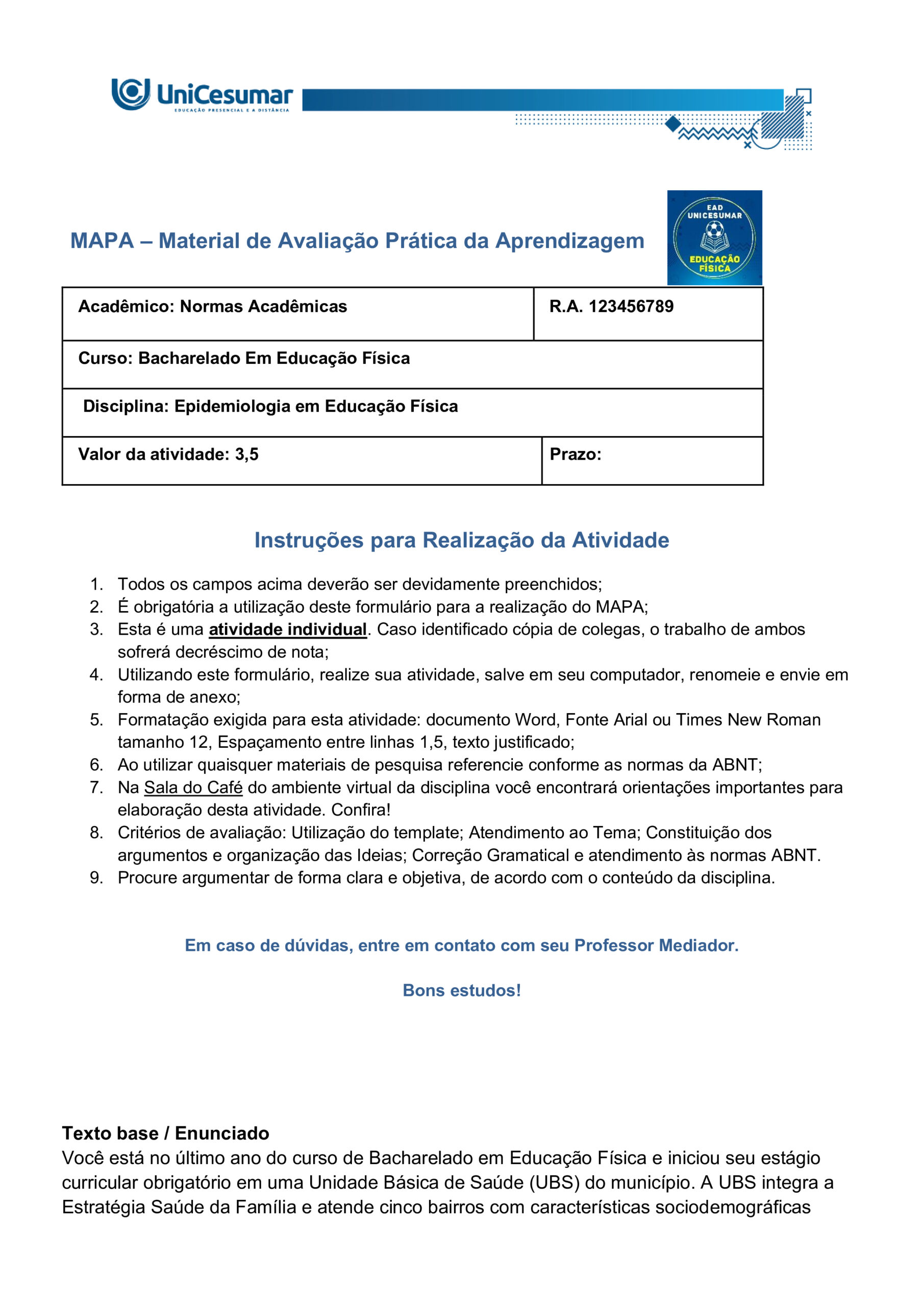 Atividade Mapa Epidemiologia em Educação Física com a Resposta