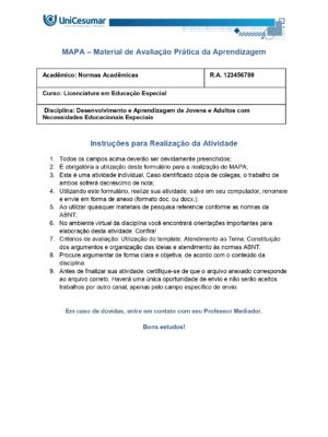 Mapa Desenvolvimento e Aprendizagem de Jovens e Adultos com Necessidades Educacionais Especiais