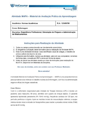 Mapa Experiência Profissional, Simulação do Preparo e Administração de Medicamentos