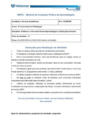 Resposta: Mapa Políticas e o Processo EnsinoAprendizagem na Educação Inclusiva