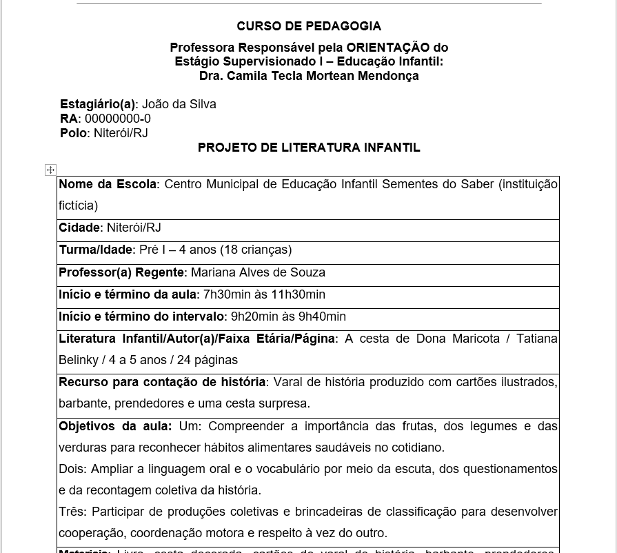 Estágio supervisionado Educação Infantil I