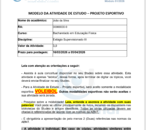 MODELO DA ATIVIDADE DE ESTUDO – PROJETO ESPORTIVO