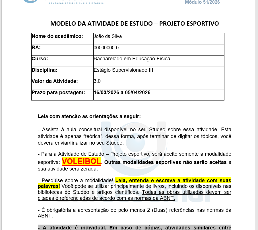 MODELO DA ATIVIDADE DE ESTUDO – PROJETO ESPORTIVO