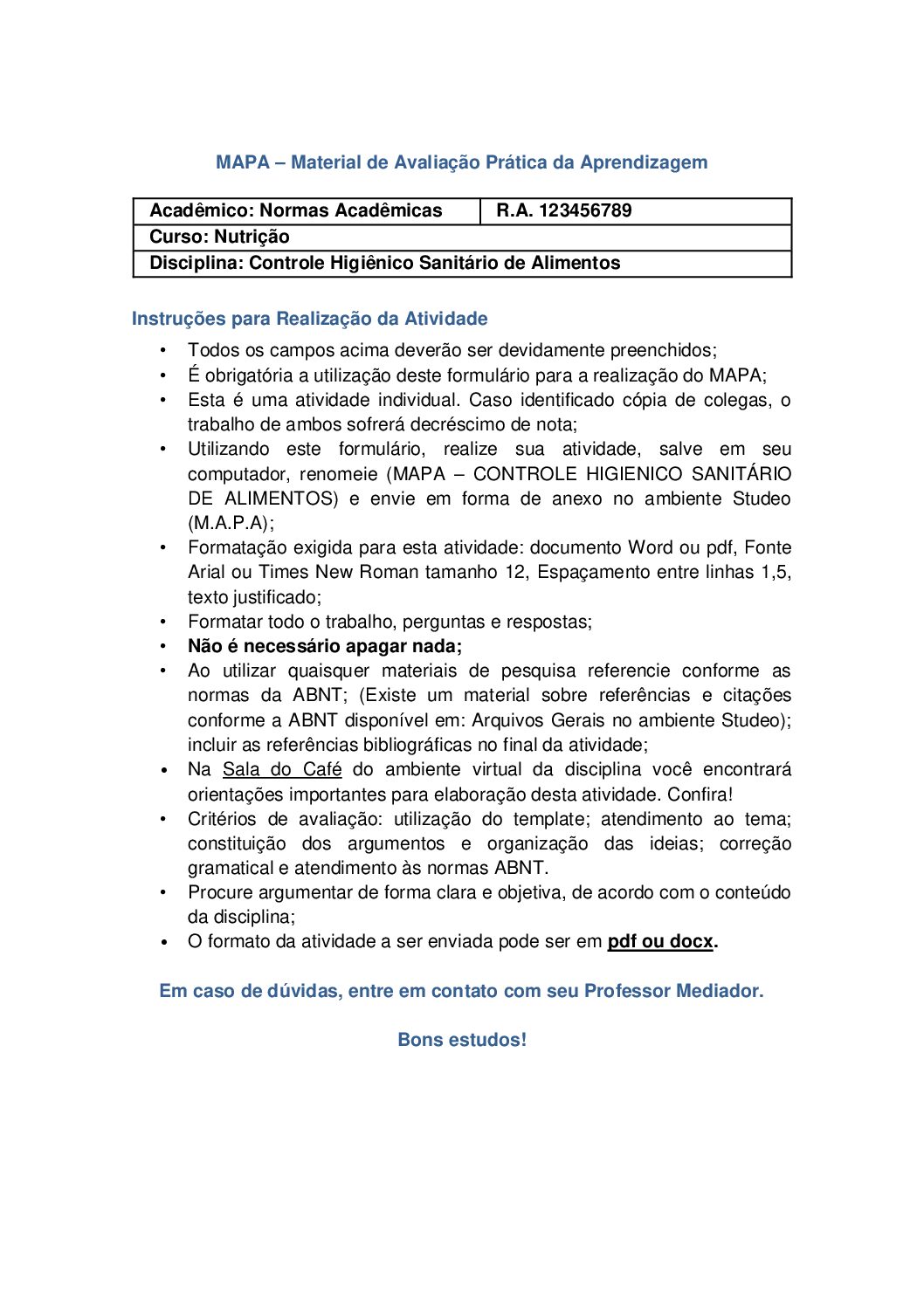 Mapa Controle Higiênico Sanitário de Alimentos