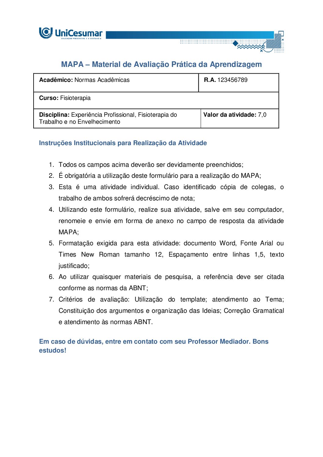 Mapa Experiência Profissional, Fisioterapia do Trabalho e no Envelhecimento